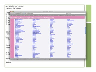 >>> help(sys.stdout)
Help on ﬁle object:

class ﬁle(object)
 | ﬁle(name[, mode[, buffering]]) -> ﬁle object
 |
 | Open a ﬁle. The mode can be 'r', 'w' or 'a' for reading (default),
 | writing or appending. The ﬁle will be created if it doesn't exist
 | when opened for writing or appending; it will be truncated when
 | opened for writing. Add a 'b' to the mode for binary ﬁles.
                                 ...
bash> pydoc os.path.join
Help on function join in os.path:

os.path.join = join(a, *p)
  Join two or more pathname components, inserting '/' as needed


bash> pydoc -p 8080
pydoc server ready at http://localhost:8080/


% python
>>> help()

Welcome to Python 2.5! This is the online help utility.

help>
 