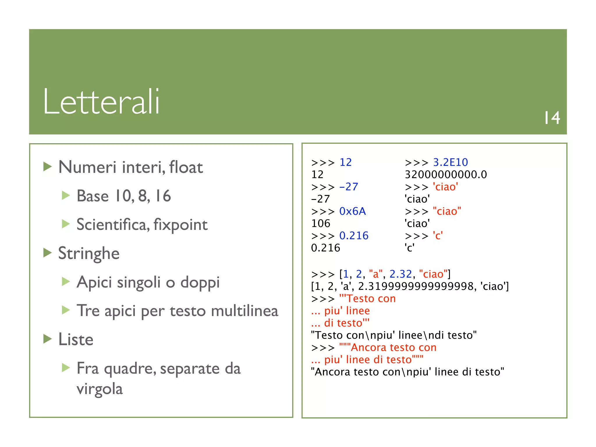Letterali                                                                     14

                                    >>> 12            >>> 3.2E10
 Numeri interi, ﬂoat                12                32000000000.0
                                    >>> -27           >>> 'ciao'
   Base 10, 8, 16                   -27               'ciao'
                                    >>> 0x6A          >>> "ciao"
   Scientiﬁca, ﬁxpoint              106               'ciao'
                                    >>> 0.216         >>> 'c'
                                    0.216             'c'
 Stringhe
                                    >>> [1, 2, "a", 2.32, "ciao"]
   Apici singoli o doppi            [1, 2, 'a', 2.3199999999999998, 'ciao']
                                    >>> '''Testo con
   Tre apici per testo multilinea   ... piu' linee
                                    ... di testo'''
 Liste                              "Testo connpiu' lineendi testo"
                                    >>> """Ancora testo con
                                    ... piu' linee di testo"""
   Fra quadre, separate da          "Ancora testo connpiu' linee di testo"
   virgola
 