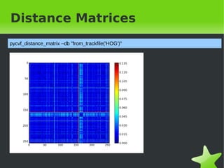 Distance Matrices
pycvf_distance_matrix &ndash;db &rdquo;from_trackfile('HOG')&rdquo;




&nbsp;                                           &nbsp;
 