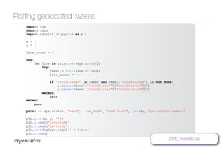 www.bgoncalves.com@bgoncalves
Plotting geolocated tweets
import sys
import gzip
import matplotlib.pyplot as plt
x = []
y = []
line_count = 0
try:
for line in gzip.open(sys.argv[1]):
try:
tweet = eval(line.strip())
line_count += 1
if "coordinates" in tweet and tweet["coordinates"] is not None:
x.append(tweet["coordinates"]["coordinates"][0])
y.append(tweet["coordinates"]["coordinates"][1])
except:
pass
except:
pass
print >> sys.stderr, "Read", line_count, "and found", len(x), "geolocated tweets"
plt.plot(x, y, '*')
plt.xlabel('Longitude')
plt.ylabel('Latitude')
plt.savefig(sys.argv[1] + '.png')
plt.close()
plot_tweets.py
 