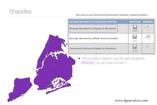 www.bgoncalves.com@bgoncalves
• Unfortunately it doesn’t use the right projection
(WGS84), so we must convert it.
Shapeﬁles http://www.nyc.gov/html/dcp/html/bytes/districts_download_metadata.shtml#bcd
 