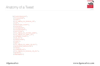 www.bgoncalves.com@bgoncalves
Anatomy of a Tweet
[u'contributors',
u'truncated',
u'text',
u'in_reply_to_status_id',
u'id',
u'favorite_count',
u'source',
u'retweeted',
u'coordinates',
u'entities',
u'in_reply_to_screen_name',
u'in_reply_to_user_id',
u'retweet_count',
u'id_str',
u'favorited',
u'user',
u'geo',
u'in_reply_to_user_id_str',
u'possibly_sensitive',
u'lang',
u'created_at',
u'in_reply_to_status_id_str',
u'place',
u'metadata']
 