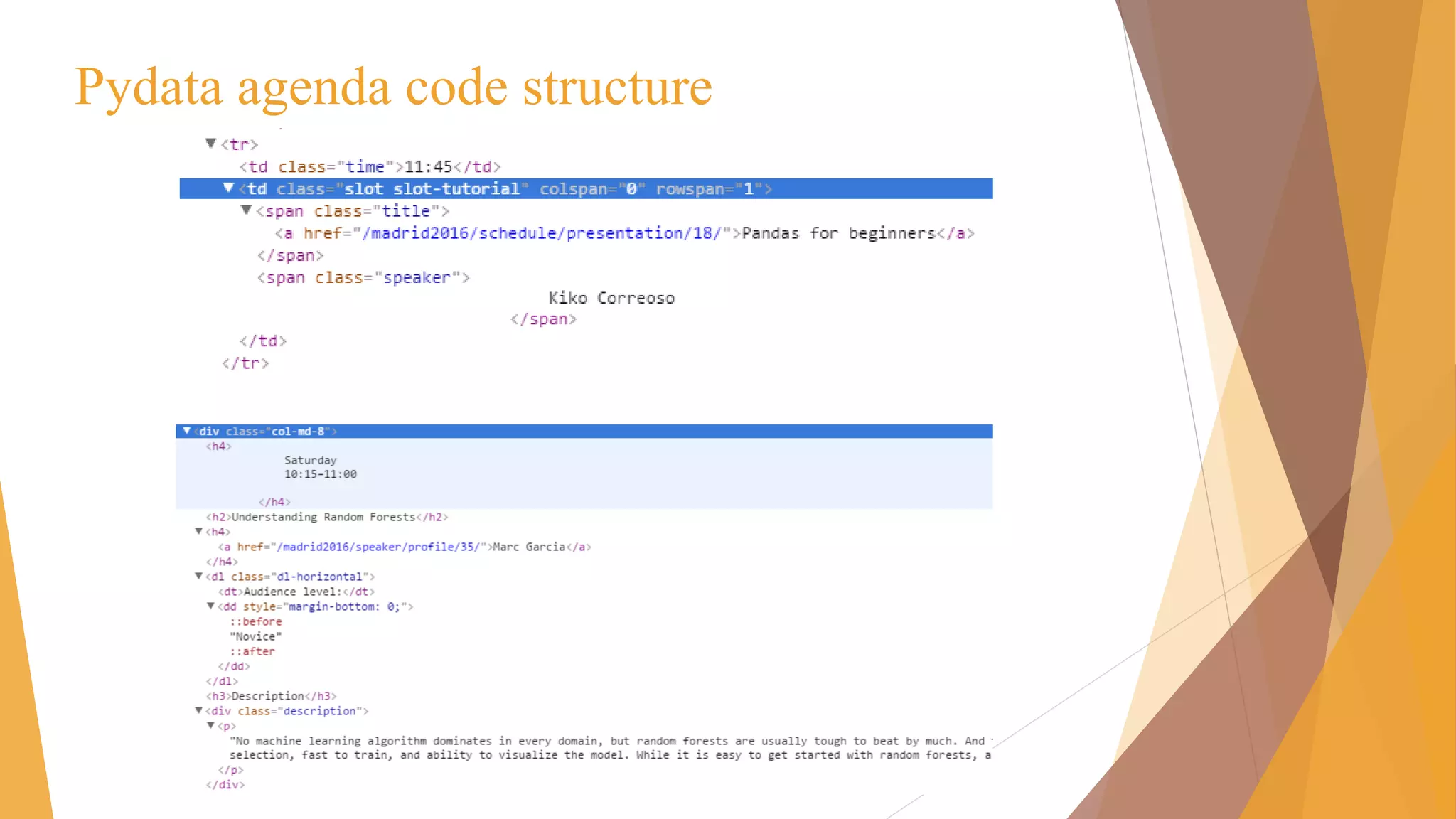 Pydata agenda code structure
 