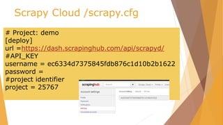 Scrapy Cloud /scrapy.cfg
# Project: demo
[deploy]
url =https://dash.scrapinghub.com/api/scrapyd/
#API_KEY
username = ec6334d7375845fdb876c1d10b2b1622
password =
#project identifier
project = 25767
 