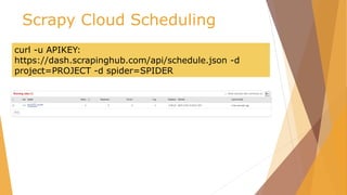 Scrapy Cloud Scheduling
curl -u APIKEY:
https://dash.scrapinghub.com/api/schedule.json -d
project=PROJECT -d spider=SPIDER
 