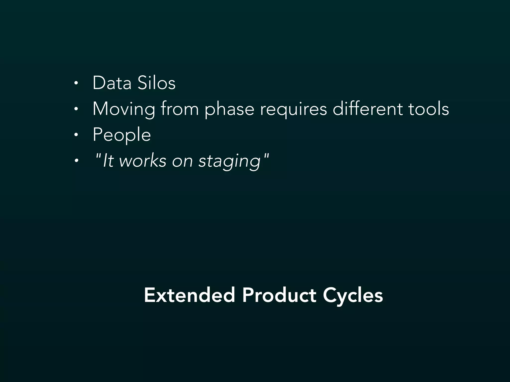 • Data Silos
• Moving from phase requires different tools
• People
• "It works on staging"
Extended Product Cycles
 