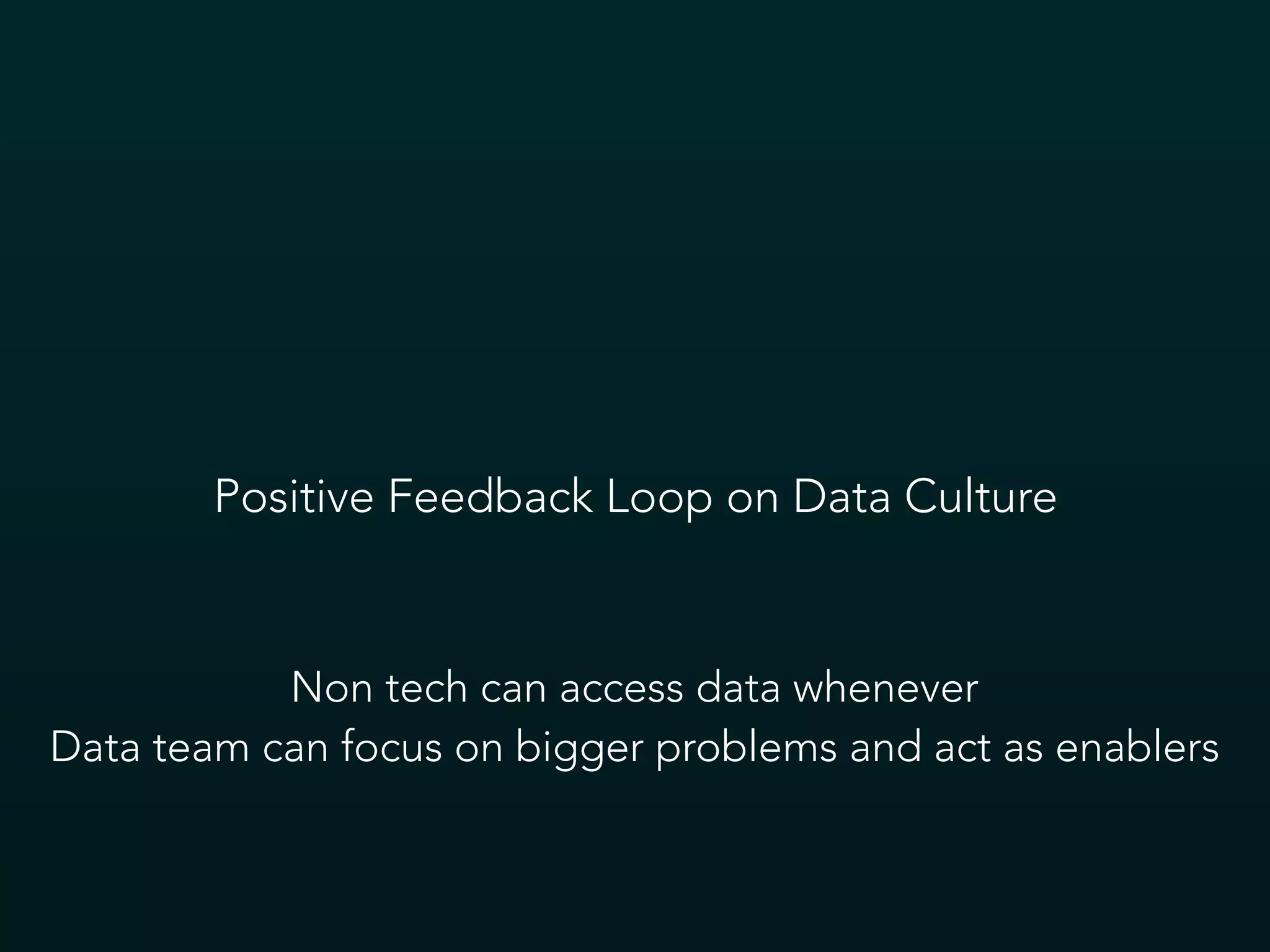 Positive Feedback Loop on Data Culture
Non tech can access data whenever
Data team can focus on bigger problems and act as enablers
 