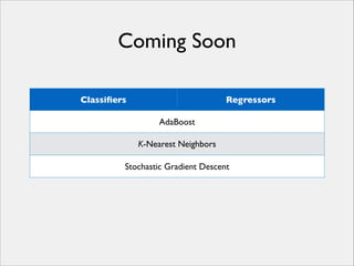 Coming Soon
Classiﬁers

Regressors
AdaBoost
K-Nearest Neighbors

Stochastic Gradient Descent

 