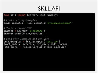 SKLL API
from skll import Learner, load_examples
# Load training examples
train_examples = load_examples('myexamples.megam')
# Train a linear SVM
learner = Learner('LinearSVC')
learner.train(train_examples)
# Load test examples and evaluate
test_examples = load_examples('test.tsv')
(conf_matrix, accuracy, prf_dict, model_params,
obj_score) = learner.evaluate(test_examples)

 