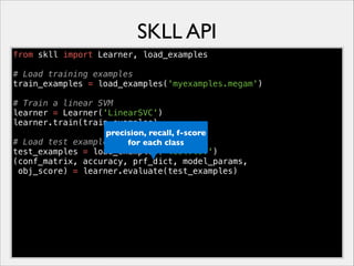 SKLL API
from skll import Learner, load_examples
# Load training examples
train_examples = load_examples('myexamples.megam')
# Train a linear SVM
learner = Learner('LinearSVC')
learner.train(train_examples)
precision, recall, f-score
# Load test examples and evaluate
for each class
test_examples = load_examples('test.tsv')
(conf_matrix, accuracy, prf_dict, model_params,
obj_score) = learner.evaluate(test_examples)

 