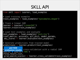SKLL API
from skll import Learner, load_examples
# Load training examples
train_examples = load_examples('myexamples.megam')
# Train a linear SVM
learner = Learner('LinearSVC')
learner.train(train_examples)
# Load test examples and evaluate
test_examples = load_examples('test.tsv')
(conf_matrix, accuracy, prf_dict, model_params,
obj_score) = learner.evaluate(test_examples)
# Generate predictions from trained model
predictions = learner.predict(test_examples)
per-fold
# evaluation results cross-validation with a radial SVM
Perform 10-fold
learner = Learner('SVC')
(fold_result_list,
grid_search_scores) = learner.cross_validate(train_examples)

 