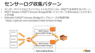 センサーログ収集パターン 
• センサーデバイスなどライトウェイトなプロトコル（MQTT)を利利⽤用するパターン 
• MQTT BrokerとMQTT-‐‑‒Kinesis Bridgeを⽤用いてメッセージをKinesisに⼊入⼒力力するこ 
MQTT 
Broker 
Kinesis-­‐MQTT 
Bridge 
とが可能 
• GithubからMQTT-‐‑‒Kinesis Bridgeサンプルソースが取得可能 
https://github.com/awslabs/mqtt-‐‑‒kinesis-‐‑‒bridge 
MQTT 
Broker 
Kinesis-­‐MQTT 
Bridge 
センサー 
センサー 
センサー 
Auto scaling Group 
 