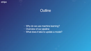 Outline
• Why do we use machine learning?
• Overview of our pipeline
• What does it take to update a model?
 
