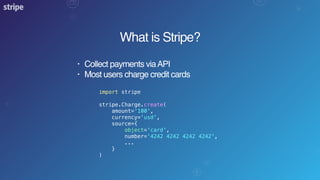 What is Stripe?
• Collect payments viaAPI
• Most users charge credit cards
import stripe
stripe.Charge.create(
amount='100',
currency='usd',
source={
object='card',
number='4242 4242 4242 4242',
...
}
)
 