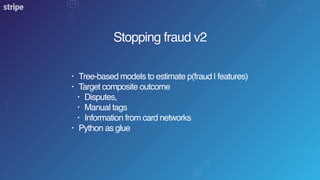 Stopping fraud v2
• Tree-based models to estimate p(fraud | features)
• Target composite outcome
• Disputes,
• Manual tags
• Information from card networks
• Python as glue
 