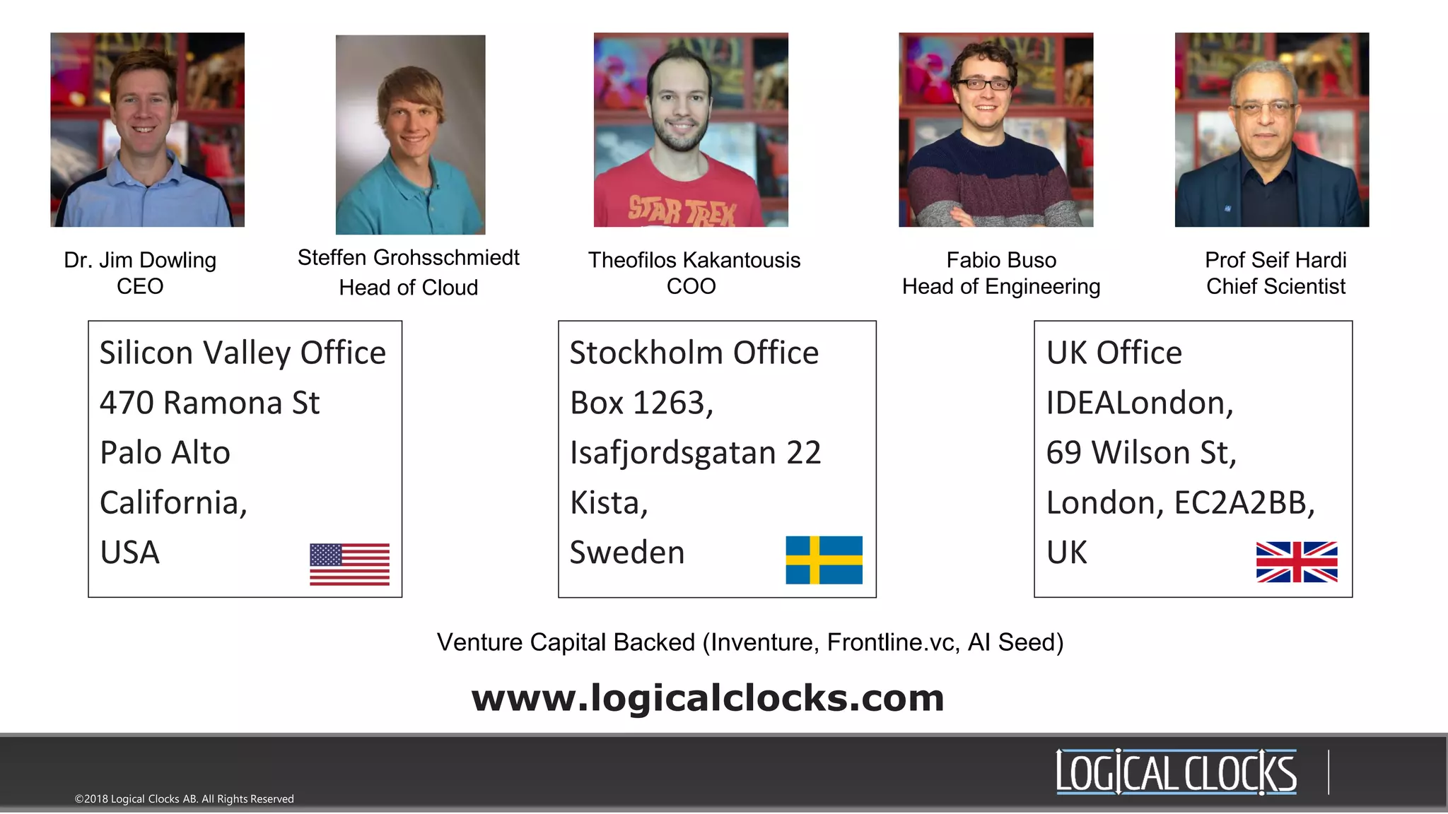 ©2018 Logical Clocks AB. All Rights Reserved
www.logicalclocks.com
Stockholm Office
Box 1263,
Isafjordsgatan 22
Kista,
Sweden
Silicon Valley Office
470 Ramona St
Palo Alto
California,
USA
UK Office
IDEALondon,
69 Wilson St,
London, EC2A2BB,
UK
Dr. Jim Dowling
CEO
Steffen Grohsschmiedt
Head of Cloud
Theofilos Kakantousis
COO
Fabio Buso
Head of Engineering
Venture Capital Backed (Inventure, Frontline.vc, AI Seed)
Prof Seif Hardi
Chief Scientist
 
