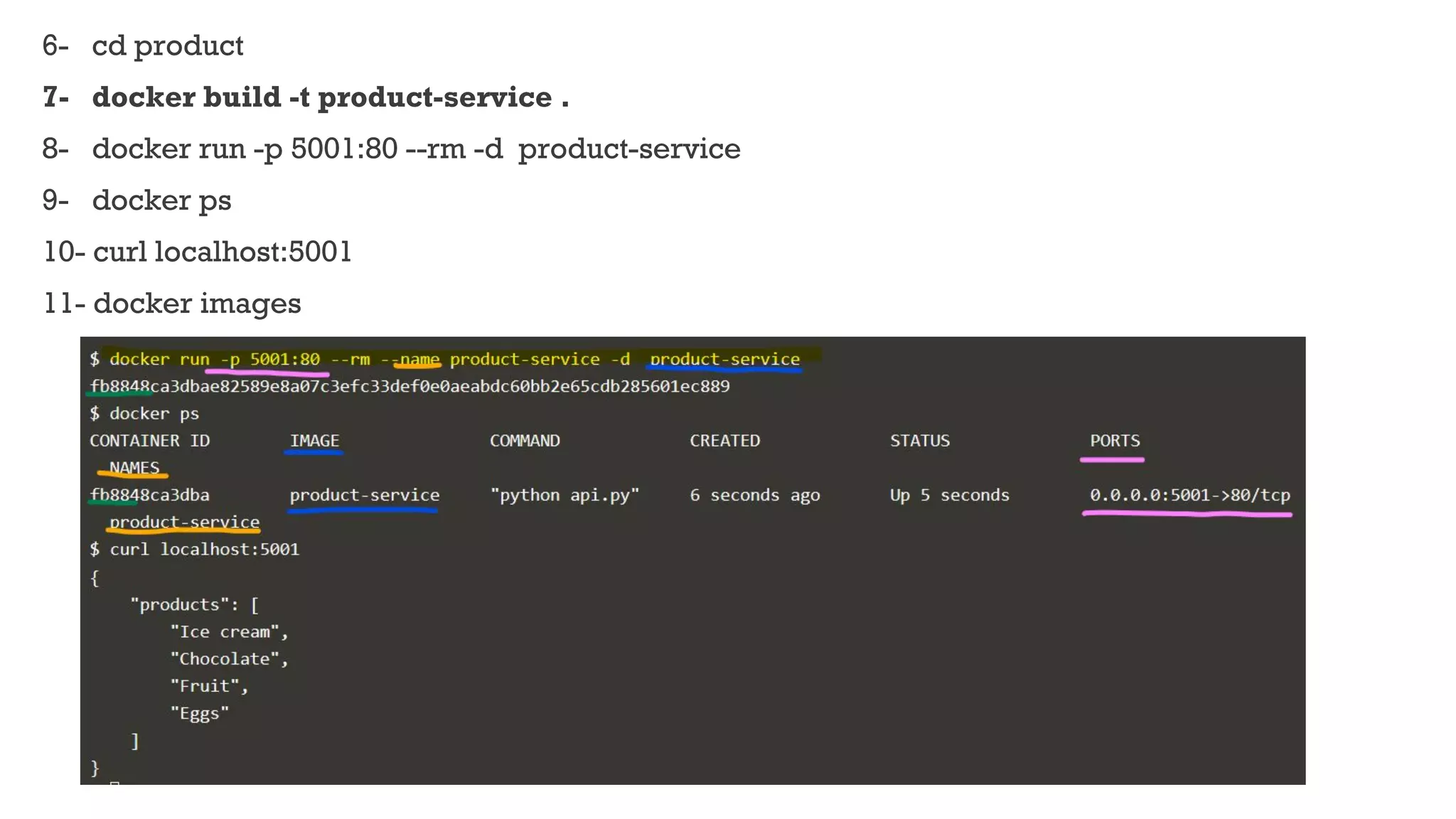 6- cd product
7- docker build -t product-service .
8- docker run -p 5001:80 --rm -d product-service
9- docker ps
10- curl localhost:5001
11- docker images
 