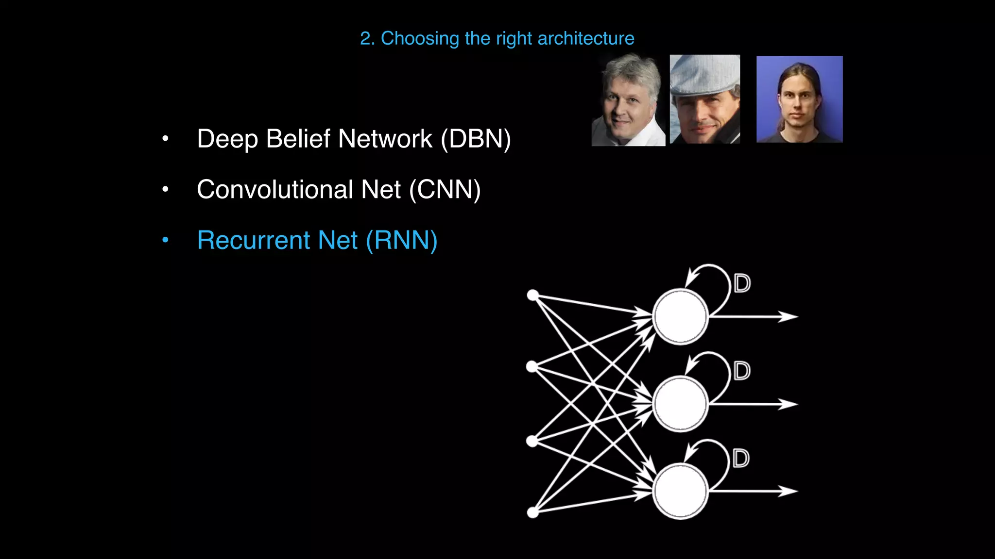 • Deep Belief Network (DBN) • Convolutional Net (CNN) • Recurrent Net (RNN) 2. Choosing the right architecture 