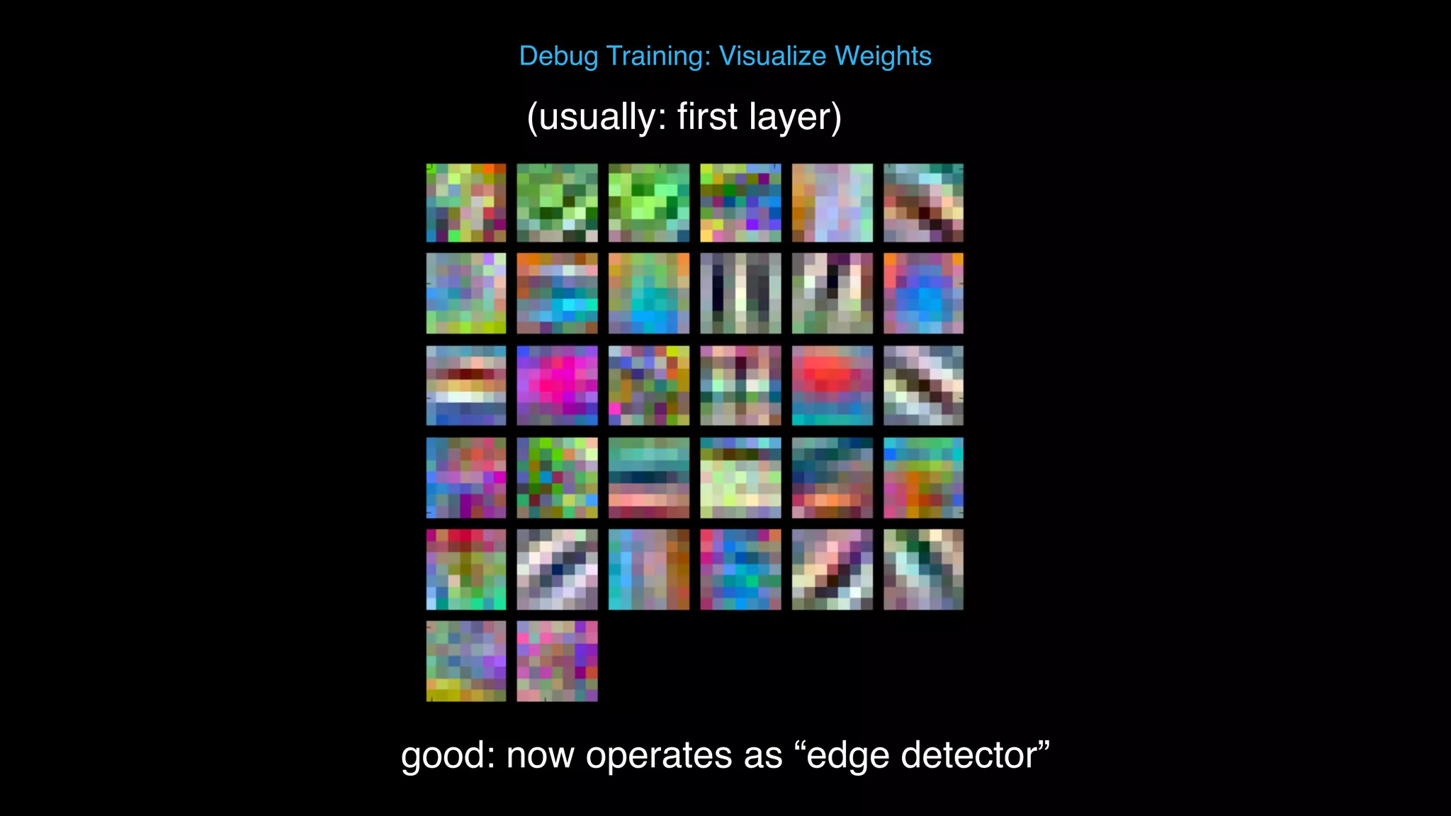 Debug Training: Visualize Weights (usually: ﬁrst layer) good: now operates as “edge detector” 