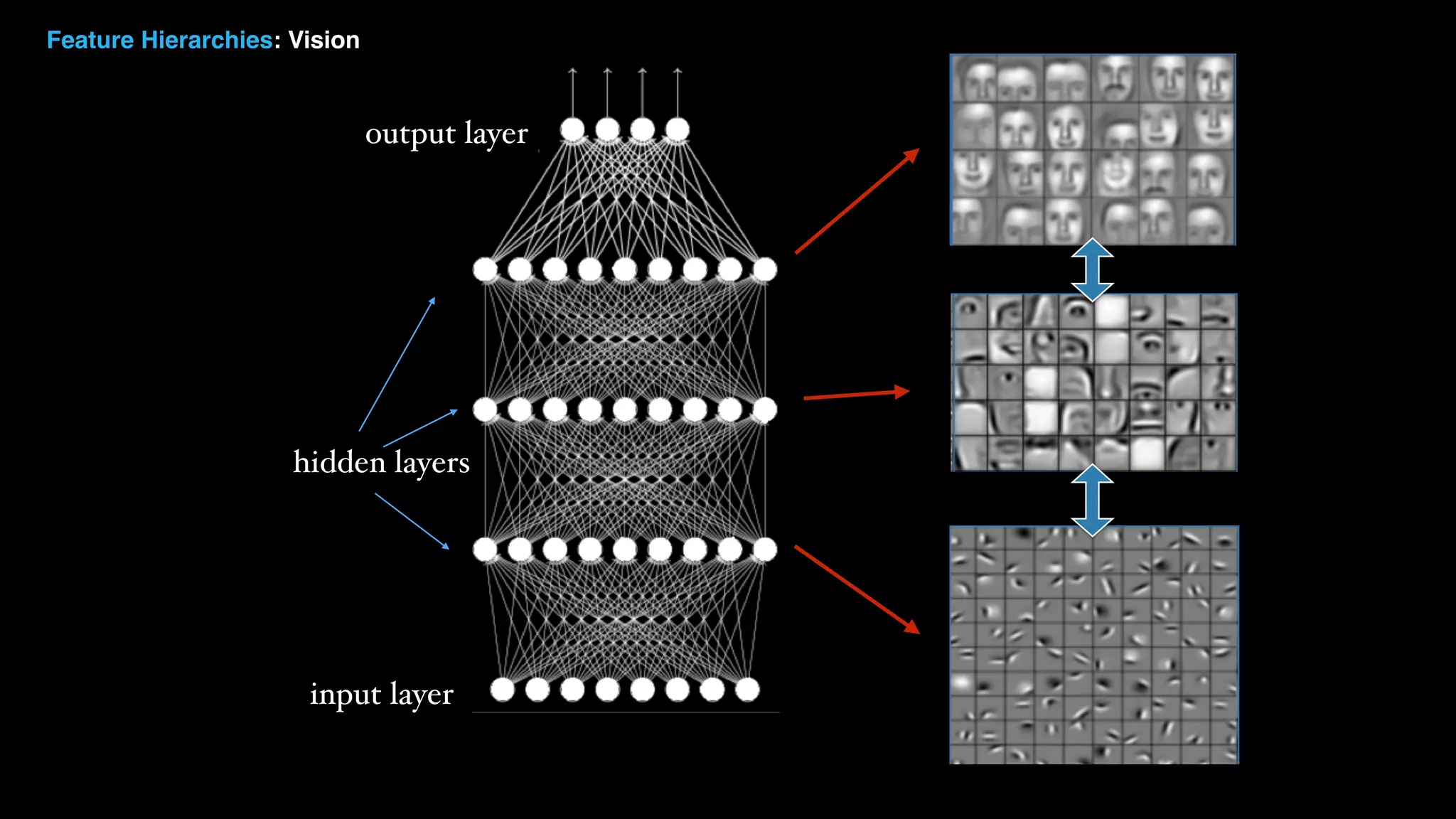 input layer output layer hidden layers Feature Hierarchies: Vision 