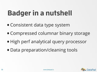 Badger in a nutshell

•
Immutable array data, little copying
•
• Analytics kernels: written C with no
Time series analytic...