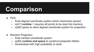 Comparison 
● PCA 
○ finds aligned coordinate system which maximizes spread. 
○ o(m3) runtime + requires all points to be read into memory. 
○ o(dD) space to store aligned coordinate system for projection. 
● Random Projection 
○ finds random coordinate system 
○ o(dD) runtime and space to construct projection Matrix 
○ Guaranteed with high probability to work 
 