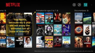 https://www.reddit.com/r/funny/comments/3e7gy4/yes_netﬂix_because_my_6_year_old_will_enjoy_the/
“Yes Netﬂix,
because my 6 year
old will enjoy the
animated fun of
Sons of Anarchy”
 