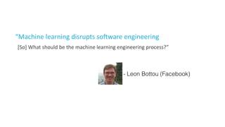 [So]'What'should'be'the'machine'learning'engineering'process?”'
“Machine'learning'disrupts'so_ware'engineering'
- Leon Bottou (Facebook)
 