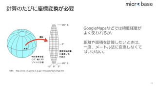 GoogleMapsなどでは緯度経度が
よく使われるが、
距離や⾯積を計算したいときは、
⼀度、メートル法に変換しなくて
はいけない。
計算のたびに座標変換が必要
引⽤： http://www.cvl.gunma-ct.ac.jp/~nmiyazato/Start_Page.htm
19
 