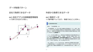 25
⾃社で取得できるデータ
ex) ⾃社アプリの投稿履歴情報等
=>分析できるまでが⻑い。
外部から取得できるデータ
ex) 地図データ
=>著作権がついており、⾼価であることが多い。
データ取得パターン
 