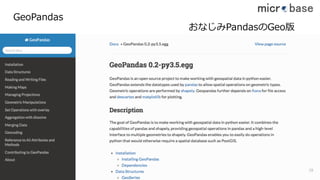 GeoPandas
おなじみPandasのGeo版
28
 