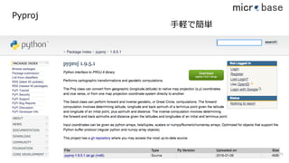 Pyproj
⼿軽で簡単
29
 