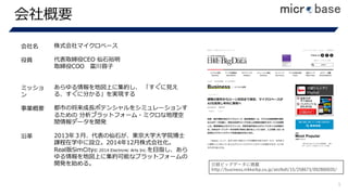 株式会社マイクロベース
代表取締役CEO 仙⽯裕明
取締役COO 富川蓉⼦
あらゆる情報を地図上に集約し、 「すぐに⾒え
る、すぐに分かる」を実現する
都市の将来成⻑ポテンシャルをシミュレーションす
るための 分析プラットフォーム・ミクロな地理空
間情報データを開発
2013年３⽉、代表の仙⽯が、東京⼤学⼤学院博⼠
課程在学中に設⽴。2014年12⽉株式会社化。
Real版SimCity© 2014 Electronic Arts Inc.を⽬指し、あら
ゆる情報を地図上に集約可能なプラットフォームの
開発を始める。
会社概要
5
会社名
役員
ミッショ
ン
事業概要
沿⾰
⽇経ビッグデータに掲載
http://business.nikkeibp.co.jp/atclbdt/15/258673/092800035/
 