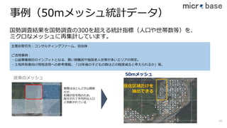事例（50mメッシュ統計データ）
国勢調査結果を国勢調査の300を超える統計指標（⼈⼝や世帯数等）を、
ミクロなメッシュに再集計しています。
60
主要お取引先：コンサルティングファーム、⾃治体
ご活⽤事例：
・公益事業検討のインプットとなる、買い物難⺠や独居⽼⼈世帯が多いエリアの特定。
・⼟地所有者向け⽤地活⽤への参考情報。「10年後の⼦どもの数はどの程度減ると考えられるか」等。
従来のメッシュ
実際はほとんどが⼭間部
だが、
右端が住宅地のため、
按分されて平均的な⼈⼝
と判断されている
50mメッシュ
居住区域だけを
抽出できる
 