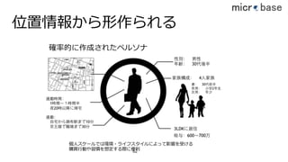 位置情報から形作られる
確率的に作成されたペルソナ
個⼈スケールでは環境・ライフスタイルによって影響を受ける
購買⾏動や習慣を想定する際に便利62
 
