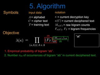 5. Algorithm
1. Empirical probability of bigram “ab”.
2. Number nab of occurrences of bigram “ab” in current deciphered text.
'() =
Y
(a,b)2A⇥A
(FT )
(M(C))ab
ab .
<latexit sha1_base64="jc2jLfeKW9mbb1IciS7fkcp+QDU=">AAACPnicdVDLahRBFL0dX3F8TeLSzcUg9IA03VmYyUJIiIgbJUImCUyPze2amkwx1dVFVXVgKPpf/A83foM7l25cKOJKcGnNTASfBwoO59xD3XtKLYV1afo+Wrt0+crVa+vXOzdu3rp9p7uxeWzrxjA+YLWszWlJlkuh+MAJJ/mpNpyqUvKTcnaw8E/OubGiVkdurvmoojMlJoKRC1LRHeTnZPRUxPmMtKYePsZcm3pc+JgeYtnDXCjcx9yJilvcbzF+Wvijtld4KttXPn5e+FUyPuhdqG3SKbpbabK70+/vPsK/SZakS2ztvVDfXgPAYdF9l49r1lRcOSbJ2mGWajfyZJxgkredvLFcE5vRGR8GqihsM/LL81t8EJQxTmoTnnK4VH9NeKqsnVdlmKzITe2f3kL8lzds3KQ/8kLpxnHFVh9NGomuxkWXOBaGMyfngRAzIuyKbEqGmAuNL0r4eSn+nxxvJ1maZC9DG09ghXW4B/chhgx2YA+ewSEMgMEb+ACf4HP0NvoYfYm+rkbXoovMXfgN0fcfWZmvxw==</latexit><latexit sha1_base64="MBEhNX7pH/q2SIWdMJfrIE1sJbg=">AAACPnicdVDLShxBFK3WPHTyGs3SzSUS6IHQdGcRx4WgKOImwYCjwvSkuV1T4xRTXV1UVQtD0R+T78jGb8jOZTZBIpKV4DI1MwrmdaDgcM491L0nV4IbG8fnwdz8g4ePHi8sNp48ffb8RXNp+dCUlaasQ0tR6uMcDRNcso7lVrBjpRkWuWBH+Wh74h+dMm14KQ/sWLFegSeSDzhF66Ws2UlPUashD9MRKoUt2IBU6bKfuRDfQN6ClEvYgtTyghnYqiHczdxB3coc5vUnF77P3CwZbrdu1TpqZM3VOFpfa7fX38HfJIniKVY3P8jrz4G42M+aX9N+SauCSUsFGtNNYmV7DrXlVLC6kVaGKaQjPGFdTyX6bXpuen4Nr73Sh0Gp/ZMWpur9hMPCmHGR+8kC7dD86U3Ef3ndyg7aPcelqiyTdPbRoBJgS5h0CX2uGbVi7AlSzf2uQIeokVrf+KSEu0vh/+TwbZTEUfLRt7FDZlggK+QVCUlC1sgm2SP7pEMo+UK+kR/kMjgLvgdXwc/Z6Fxwm3lJfkNw8wshtrEd</latexit><latexit sha1_base64="MBEhNX7pH/q2SIWdMJfrIE1sJbg=">AAACPnicdVDLShxBFK3WPHTyGs3SzSUS6IHQdGcRx4WgKOImwYCjwvSkuV1T4xRTXV1UVQtD0R+T78jGb8jOZTZBIpKV4DI1MwrmdaDgcM491L0nV4IbG8fnwdz8g4ePHi8sNp48ffb8RXNp+dCUlaasQ0tR6uMcDRNcso7lVrBjpRkWuWBH+Wh74h+dMm14KQ/sWLFegSeSDzhF66Ws2UlPUashD9MRKoUt2IBU6bKfuRDfQN6ClEvYgtTyghnYqiHczdxB3coc5vUnF77P3CwZbrdu1TpqZM3VOFpfa7fX38HfJIniKVY3P8jrz4G42M+aX9N+SauCSUsFGtNNYmV7DrXlVLC6kVaGKaQjPGFdTyX6bXpuen4Nr73Sh0Gp/ZMWpur9hMPCmHGR+8kC7dD86U3Ef3ndyg7aPcelqiyTdPbRoBJgS5h0CX2uGbVi7AlSzf2uQIeokVrf+KSEu0vh/+TwbZTEUfLRt7FDZlggK+QVCUlC1sgm2SP7pEMo+UK+kR/kMjgLvgdXwc/Z6Fxwm3lJfkNw8wshtrEd</latexit><latexit sha1_base64="TA74HKfolodIKS7jXZUuTnPffCw=">AAACPnicdVBNaxsxFNQmbeo6beqmx14eNYU1lGW3h8Y5FGJSSi+BFOIk4HWWt7IcC2u1QtIGjNhf1kt/Q2895pJDS8g1x8ofgfRrQDDMvEHvTa4ENzaOvwdr6w8ebjxqPG5uPnm69az1fPvYlJWmrE9LUerTHA0TXLK+5VawU6UZFrlgJ/l0f+6fXDBteCmP7EyxYYHnko85ReulrNVPL1CrCQ/TKSqFHXgPqdLlKHMhvoG8AymX0IPU8oIZ6NUQfszcUd3JHOb1mQsPMrdMhvudlVpHzazVjqPdnW539x38TZIoXqBNVjjMWt/SUUmrgklLBRozSGJlhw615VSwuplWhimkUzxnA08l+m2GbnF+Da+9MoJxqf2TFhbq/YTDwphZkfvJAu3E/OnNxX95g8qOu0PHpaosk3T50bgSYEuYdwkjrhm1YuYJUs39rkAnqJFa3/i8hLtL4f/k+G2UxFHyOW7vfVjV0SAvySsSkoTskD3yiRySPqHkC7kkP8jP4GtwFVwHN8vRtWCVeUF+Q3D7C+LKrTY=</latexit>
(1)
(2)
“at”
()<latexit sha1_base64="gi61hSnZvmiKktc2v3+GD2e5LOU=">AAAB+HicdVDLSsNAFJ3UV62PRl26GSxC3YRExLa7gi5cVrAPaEK5mUzaoZMHMxOhhn6JGxeKuPVT3Pk3Th+CzwMDh3PO5d45fsqZVLb9bhRWVtfWN4qbpa3tnd2yubffkUkmCG2ThCei54OknMW0rZjitJcKCpHPadcfX8z87i0VkiXxjZqk1ItgGLOQEVBaGphll+twAFV3DGkKJwOzYluNeu281sC/iWPZc1TQEq2B+eYGCckiGivCQcq+Y6fKy0EoRjidltxM0hTIGIa0r2kMEZVePj98io+1EuAwEfrFCs/VrxM5RFJOIl8nI1Aj+dObiX95/UyFdS9ncZopGpPFojDjWCV41gIOmKBE8YkmQATTt2IyAgFE6a5KuoTPn+L/SefUcmzLuT6rNC+XdRTRITpCVeSgGmqiK9RCbURQhu7RI3oy7owH49l4WUQLxnLmAH2D8foB5iGTRA==</latexit><latexit sha1_base64="gi61hSnZvmiKktc2v3+GD2e5LOU=">AAAB+HicdVDLSsNAFJ3UV62PRl26GSxC3YRExLa7gi5cVrAPaEK5mUzaoZMHMxOhhn6JGxeKuPVT3Pk3Th+CzwMDh3PO5d45fsqZVLb9bhRWVtfWN4qbpa3tnd2yubffkUkmCG2ThCei54OknMW0rZjitJcKCpHPadcfX8z87i0VkiXxjZqk1ItgGLOQEVBaGphll+twAFV3DGkKJwOzYluNeu281sC/iWPZc1TQEq2B+eYGCckiGivCQcq+Y6fKy0EoRjidltxM0hTIGIa0r2kMEZVePj98io+1EuAwEfrFCs/VrxM5RFJOIl8nI1Aj+dObiX95/UyFdS9ncZopGpPFojDjWCV41gIOmKBE8YkmQATTt2IyAgFE6a5KuoTPn+L/SefUcmzLuT6rNC+XdRTRITpCVeSgGmqiK9RCbURQhu7RI3oy7owH49l4WUQLxnLmAH2D8foB5iGTRA==</latexit><latexit sha1_base64="gi61hSnZvmiKktc2v3+GD2e5LOU=">AAAB+HicdVDLSsNAFJ3UV62PRl26GSxC3YRExLa7gi5cVrAPaEK5mUzaoZMHMxOhhn6JGxeKuPVT3Pk3Th+CzwMDh3PO5d45fsqZVLb9bhRWVtfWN4qbpa3tnd2yubffkUkmCG2ThCei54OknMW0rZjitJcKCpHPadcfX8z87i0VkiXxjZqk1ItgGLOQEVBaGphll+twAFV3DGkKJwOzYluNeu281sC/iWPZc1TQEq2B+eYGCckiGivCQcq+Y6fKy0EoRjidltxM0hTIGIa0r2kMEZVePj98io+1EuAwEfrFCs/VrxM5RFJOIl8nI1Aj+dObiX95/UyFdS9ncZopGpPFojDjWCV41gIOmKBE8YkmQATTt2IyAgFE6a5KuoTPn+L/SefUcmzLuT6rNC+XdRTRITpCVeSgGmqiK9RCbURQhu7RI3oy7owH49l4WUQLxnLmAH2D8foB5iGTRA==</latexit><latexit sha1_base64="gi61hSnZvmiKktc2v3+GD2e5LOU=">AAAB+HicdVDLSsNAFJ3UV62PRl26GSxC3YRExLa7gi5cVrAPaEK5mUzaoZMHMxOhhn6JGxeKuPVT3Pk3Th+CzwMDh3PO5d45fsqZVLb9bhRWVtfWN4qbpa3tnd2yubffkUkmCG2ThCei54OknMW0rZjitJcKCpHPadcfX8z87i0VkiXxjZqk1ItgGLOQEVBaGphll+twAFV3DGkKJwOzYluNeu281sC/iWPZc1TQEq2B+eYGCckiGivCQcq+Y6fKy0EoRjidltxM0hTIGIa0r2kMEZVePj98io+1EuAwEfrFCs/VrxM5RFJOIl8nI1Aj+dObiX95/UyFdS9ncZopGpPFojDjWCV41gIOmKBE8YkmQATTt2IyAgFE6a5KuoTPn+L/SefUcmzLuT6rNC+XdRTRITpCVeSgGmqiK9RCbURQhu7RI3oy7owH49l4WUQLxnLmAH2D8foB5iGTRA==</latexit>
= current decryption key<latexit sha1_base64="tvnfLZjfjNcpLzlIsxyj3hIbZLU=">AAAB7XicdVDLSgMxFM34rPVVdekmWARXw4xYbDdScOOygn1AO5Q7adrGZpKQZIQy9B/cuFDErf/jzr8xfQg+D1w4nHMv994TK86MDYJ3b2l5ZXVtPbeR39za3tkt7O03jEw1oXUiudStGAzlTNC6ZZbTltIUkpjTZjy6nPrNO6oNk+LGjhWNEhgI1mcErJManREoBd1CMfArlbBUKuPfJPSDGYpogVq38NbpSZImVFjCwZh2GCgbZaAtI5xO8p3UUAVkBAPadlRAQk2Uza6d4GOn9HBfalfC4pn6dSKDxJhxErvOBOzQ/PSm4l9eO7X9cpQxoVJLBZkv6qccW4mnr+Me05RYPnYEiGbuVkyGoIFYF1DehfD5Kf6fNE79MPDD67Ni9WIRRw4doiN0gkJ0jqroCtVQHRF0i+7RI3rypPfgPXsv89YlbzFzgL7Be/0ANcCPig==</latexit><latexit sha1_base64="tvnfLZjfjNcpLzlIsxyj3hIbZLU=">AAAB7XicdVDLSgMxFM34rPVVdekmWARXw4xYbDdScOOygn1AO5Q7adrGZpKQZIQy9B/cuFDErf/jzr8xfQg+D1w4nHMv994TK86MDYJ3b2l5ZXVtPbeR39za3tkt7O03jEw1oXUiudStGAzlTNC6ZZbTltIUkpjTZjy6nPrNO6oNk+LGjhWNEhgI1mcErJManREoBd1CMfArlbBUKuPfJPSDGYpogVq38NbpSZImVFjCwZh2GCgbZaAtI5xO8p3UUAVkBAPadlRAQk2Uza6d4GOn9HBfalfC4pn6dSKDxJhxErvOBOzQ/PSm4l9eO7X9cpQxoVJLBZkv6qccW4mnr+Me05RYPnYEiGbuVkyGoIFYF1DehfD5Kf6fNE79MPDD67Ni9WIRRw4doiN0gkJ0jqroCtVQHRF0i+7RI3rypPfgPXsv89YlbzFzgL7Be/0ANcCPig==</latexit><latexit sha1_base64="tvnfLZjfjNcpLzlIsxyj3hIbZLU=">AAAB7XicdVDLSgMxFM34rPVVdekmWARXw4xYbDdScOOygn1AO5Q7adrGZpKQZIQy9B/cuFDErf/jzr8xfQg+D1w4nHMv994TK86MDYJ3b2l5ZXVtPbeR39za3tkt7O03jEw1oXUiudStGAzlTNC6ZZbTltIUkpjTZjy6nPrNO6oNk+LGjhWNEhgI1mcErJManREoBd1CMfArlbBUKuPfJPSDGYpogVq38NbpSZImVFjCwZh2GCgbZaAtI5xO8p3UUAVkBAPadlRAQk2Uza6d4GOn9HBfalfC4pn6dSKDxJhxErvOBOzQ/PSm4l9eO7X9cpQxoVJLBZkv6qccW4mnr+Me05RYPnYEiGbuVkyGoIFYF1DehfD5Kf6fNE79MPDD67Ni9WIRRw4doiN0gkJ0jqroCtVQHRF0i+7RI3rypPfgPXsv89YlbzFzgL7Be/0ANcCPig==</latexit><latexit sha1_base64="tvnfLZjfjNcpLzlIsxyj3hIbZLU=">AAAB7XicdVDLSgMxFM34rPVVdekmWARXw4xYbDdScOOygn1AO5Q7adrGZpKQZIQy9B/cuFDErf/jzr8xfQg+D1w4nHMv994TK86MDYJ3b2l5ZXVtPbeR39za3tkt7O03jEw1oXUiudStGAzlTNC6ZZbTltIUkpjTZjy6nPrNO6oNk+LGjhWNEhgI1mcErJManREoBd1CMfArlbBUKuPfJPSDGYpogVq38NbpSZImVFjCwZh2GCgbZaAtI5xO8p3UUAVkBAPadlRAQk2Uza6d4GOn9HBfalfC4pn6dSKDxJhxErvOBOzQ/PSm4l9eO7X9cpQxoVJLBZkv6qccW4mnr+Me05RYPnYEiGbuVkyGoIFYF1DehfD5Kf6fNE79MPDD67Ni9WIRRw4doiN0gkJ0jqroCtVQHRF0i+7RI3rypPfgPXsv89YlbzFzgL7Be/0ANcCPig==</latexit>
= raw bigram countsM(C)<latexit sha1_base64="SE1vl6V4Fo49aE749YW/6peo2t0=">AAAB9HicdVDJSgNBEO2JW4xb1KOXxiDEyzAjBpOLBHLxIkQwCyRDqOn0JE16ZtrunkAY8h1ePCji1Y/x5t/YWQTXBwWP96qoqucLzpR2nHcrs7K6tr6R3cxtbe/s7uX3D5oqTiShDRLzWLZ9UJSziDY005y2haQQ+py2/FFt5rfGVCoWR7d6IqgXwiBiASOgjeRd99LuCISAYu102ssXHLtScUulMv5NXNuZo4CWqPfyb91+TJKQRppwUKrjOkJ7KUjNCKfTXDdRVAAZwYB2DI0gpMpL50dP8YlR+jiIpalI47n6dSKFUKlJ6JvOEPRQ/fRm4l9eJ9FB2UtZJBJNI7JYFCQc6xjPEsB9JinRfGIIEMnMrZgMQQLRJqecCeHzU/w/aZ7ZrmO7N+eF6uUyjiw6QseoiFx0garoCtVRAxF0h+7RI3qyxtaD9Wy9LFoz1nLmEH2D9foBrNKSCA==</latexit><latexit sha1_base64="SE1vl6V4Fo49aE749YW/6peo2t0=">AAAB9HicdVDJSgNBEO2JW4xb1KOXxiDEyzAjBpOLBHLxIkQwCyRDqOn0JE16ZtrunkAY8h1ePCji1Y/x5t/YWQTXBwWP96qoqucLzpR2nHcrs7K6tr6R3cxtbe/s7uX3D5oqTiShDRLzWLZ9UJSziDY005y2haQQ+py2/FFt5rfGVCoWR7d6IqgXwiBiASOgjeRd99LuCISAYu102ssXHLtScUulMv5NXNuZo4CWqPfyb91+TJKQRppwUKrjOkJ7KUjNCKfTXDdRVAAZwYB2DI0gpMpL50dP8YlR+jiIpalI47n6dSKFUKlJ6JvOEPRQ/fRm4l9eJ9FB2UtZJBJNI7JYFCQc6xjPEsB9JinRfGIIEMnMrZgMQQLRJqecCeHzU/w/aZ7ZrmO7N+eF6uUyjiw6QseoiFx0garoCtVRAxF0h+7RI3qyxtaD9Wy9LFoz1nLmEH2D9foBrNKSCA==</latexit><latexit sha1_base64="SE1vl6V4Fo49aE749YW/6peo2t0=">AAAB9HicdVDJSgNBEO2JW4xb1KOXxiDEyzAjBpOLBHLxIkQwCyRDqOn0JE16ZtrunkAY8h1ePCji1Y/x5t/YWQTXBwWP96qoqucLzpR2nHcrs7K6tr6R3cxtbe/s7uX3D5oqTiShDRLzWLZ9UJSziDY005y2haQQ+py2/FFt5rfGVCoWR7d6IqgXwiBiASOgjeRd99LuCISAYu102ssXHLtScUulMv5NXNuZo4CWqPfyb91+TJKQRppwUKrjOkJ7KUjNCKfTXDdRVAAZwYB2DI0gpMpL50dP8YlR+jiIpalI47n6dSKFUKlJ6JvOEPRQ/fRm4l9eJ9FB2UtZJBJNI7JYFCQc6xjPEsB9JinRfGIIEMnMrZgMQQLRJqecCeHzU/w/aZ7ZrmO7N+eF6uUyjiw6QseoiFx0garoCtVRAxF0h+7RI3qyxtaD9Wy9LFoz1nLmEH2D9foBrNKSCA==</latexit><latexit sha1_base64="SE1vl6V4Fo49aE749YW/6peo2t0=">AAAB9HicdVDJSgNBEO2JW4xb1KOXxiDEyzAjBpOLBHLxIkQwCyRDqOn0JE16ZtrunkAY8h1ePCji1Y/x5t/YWQTXBwWP96qoqucLzpR2nHcrs7K6tr6R3cxtbe/s7uX3D5oqTiShDRLzWLZ9UJSziDY005y2haQQ+py2/FFt5rfGVCoWR7d6IqgXwiBiASOgjeRd99LuCISAYu102ssXHLtScUulMv5NXNuZo4CWqPfyb91+TJKQRppwUKrjOkJ7KUjNCKfTXDdRVAAZwYB2DI0gpMpL50dP8YlR+jiIpalI47n6dSKFUKlJ6JvOEPRQ/fRm4l9eJ9FB2UtZJBJNI7JYFCQc6xjPEsB9JinRfGIIEMnMrZgMQQLRJqecCeHzU/w/aZ7ZrmO7N+eF6uUyjiw6QseoiFx0garoCtVRAxF0h+7RI3qyxtaD9Wy9LFoz1nLmEH2D9foBrNKSCA==</latexit>
, = bigram frequenciesF(C)<latexit sha1_base64="cFZjOM3FdXOP5MzPsLcDqwTi00w=">AAAB9HicdVDJSgNBEO2JW4xb1KOXxiDEyzAjBpOLBALiMYJZIBlCTacnadIz03b3BMKQ7/DiQRGvfow3/8bOIrg+KHi8V0VVPV9wprTjvFuZldW19Y3sZm5re2d3L79/0FRxIgltkJjHsu2DopxFtKGZ5rQtJIXQ57Tlj2ozvzWmUrE4utUTQb0QBhELGAFtJO+ql3ZHIAQUa6fTXr7g2JWKWyqV8W/i2s4cBbREvZd/6/ZjkoQ00oSDUh3XEdpLQWpGOJ3muomiAsgIBrRjaAQhVV46P3qKT4zSx0EsTUUaz9WvEymESk1C33SGoIfqpzcT//I6iQ7KXsoikWgakcWiIOFYx3iWAO4zSYnmE0OASGZuxWQIEog2OeVMCJ+f4v9J88x2Hdu9OS9UL5dxZNEROkZF5KILVEXXqI4aiKA7dI8e0ZM1th6sZ+tl0ZqxljOH6Bus1w+h4pIB</latexit><latexit sha1_base64="cFZjOM3FdXOP5MzPsLcDqwTi00w=">AAAB9HicdVDJSgNBEO2JW4xb1KOXxiDEyzAjBpOLBALiMYJZIBlCTacnadIz03b3BMKQ7/DiQRGvfow3/8bOIrg+KHi8V0VVPV9wprTjvFuZldW19Y3sZm5re2d3L79/0FRxIgltkJjHsu2DopxFtKGZ5rQtJIXQ57Tlj2ozvzWmUrE4utUTQb0QBhELGAFtJO+ql3ZHIAQUa6fTXr7g2JWKWyqV8W/i2s4cBbREvZd/6/ZjkoQ00oSDUh3XEdpLQWpGOJ3muomiAsgIBrRjaAQhVV46P3qKT4zSx0EsTUUaz9WvEymESk1C33SGoIfqpzcT//I6iQ7KXsoikWgakcWiIOFYx3iWAO4zSYnmE0OASGZuxWQIEog2OeVMCJ+f4v9J88x2Hdu9OS9UL5dxZNEROkZF5KILVEXXqI4aiKA7dI8e0ZM1th6sZ+tl0ZqxljOH6Bus1w+h4pIB</latexit><latexit sha1_base64="cFZjOM3FdXOP5MzPsLcDqwTi00w=">AAAB9HicdVDJSgNBEO2JW4xb1KOXxiDEyzAjBpOLBALiMYJZIBlCTacnadIz03b3BMKQ7/DiQRGvfow3/8bOIrg+KHi8V0VVPV9wprTjvFuZldW19Y3sZm5re2d3L79/0FRxIgltkJjHsu2DopxFtKGZ5rQtJIXQ57Tlj2ozvzWmUrE4utUTQb0QBhELGAFtJO+ql3ZHIAQUa6fTXr7g2JWKWyqV8W/i2s4cBbREvZd/6/ZjkoQ00oSDUh3XEdpLQWpGOJ3muomiAsgIBrRjaAQhVV46P3qKT4zSx0EsTUUaz9WvEymESk1C33SGoIfqpzcT//I6iQ7KXsoikWgakcWiIOFYx3iWAO4zSYnmE0OASGZuxWQIEog2OeVMCJ+f4v9J88x2Hdu9OS9UL5dxZNEROkZF5KILVEXXqI4aiKA7dI8e0ZM1th6sZ+tl0ZqxljOH6Bus1w+h4pIB</latexit><latexit sha1_base64="cFZjOM3FdXOP5MzPsLcDqwTi00w=">AAAB9HicdVDJSgNBEO2JW4xb1KOXxiDEyzAjBpOLBALiMYJZIBlCTacnadIz03b3BMKQ7/DiQRGvfow3/8bOIrg+KHi8V0VVPV9wprTjvFuZldW19Y3sZm5re2d3L79/0FRxIgltkJjHsu2DopxFtKGZ5rQtJIXQ57Tlj2ozvzWmUrE4utUTQb0QBhELGAFtJO+ql3ZHIAQUa6fTXr7g2JWKWyqV8W/i2s4cBbREvZd/6/ZjkoQ00oSDUh3XEdpLQWpGOJ3muomiAsgIBrRjaAQhVV46P3qKT4zSx0EsTUUaz9WvEymESk1C33SGoIfqpzcT//I6iQ7KXsoikWgakcWiIOFYx3iWAO4zSYnmE0OASGZuxWQIEog2OeVMCJ+f4v9J88x2Hdu9OS9UL5dxZNEROkZF5KILVEXXqI4aiKA7dI8e0ZM1th6sZ+tl0ZqxljOH6Bus1w+h4pIB</latexit>
FT<latexit sha1_base64="1h7KsuWHMT6ma7MnaotWpJiU1b8=">AAAB7HicdVDLSsNAFL2pr1pfVZduBovgKiRisd1IQRCXFZq20IYymU7aoZNJmJkIIfQb3LhQxK0f5M6/cfoQfB64cDjnXu69J0g4U9px3q3Cyura+kZxs7S1vbO7V94/aKs4lYR6JOax7AZYUc4E9TTTnHYTSXEUcNoJJlczv3NHpWKxaOksoX6ER4KFjGBtJO96kLemg3LFset1t1qtod/EtZ05KrBEc1B+6w9jkkZUaMKxUj3XSbSfY6kZ4XRa6qeKJphM8Ij2DBU4osrP58dO0YlRhiiMpSmh0Vz9OpHjSKksCkxnhPVY/fRm4l9eL9Vhzc+ZSFJNBVksClOOdIxmn6Mhk5RonhmCiWTmVkTGWGKiTT4lE8Lnp+h/0j6zXcd2b88rjctlHEU4gmM4BRcuoAE30AQPCDC4h0d4soT1YD1bL4vWgrWcOYRvsF4/AFh5jwg=</latexit><latexit sha1_base64="1h7KsuWHMT6ma7MnaotWpJiU1b8=">AAAB7HicdVDLSsNAFL2pr1pfVZduBovgKiRisd1IQRCXFZq20IYymU7aoZNJmJkIIfQb3LhQxK0f5M6/cfoQfB64cDjnXu69J0g4U9px3q3Cyura+kZxs7S1vbO7V94/aKs4lYR6JOax7AZYUc4E9TTTnHYTSXEUcNoJJlczv3NHpWKxaOksoX6ER4KFjGBtJO96kLemg3LFset1t1qtod/EtZ05KrBEc1B+6w9jkkZUaMKxUj3XSbSfY6kZ4XRa6qeKJphM8Ij2DBU4osrP58dO0YlRhiiMpSmh0Vz9OpHjSKksCkxnhPVY/fRm4l9eL9Vhzc+ZSFJNBVksClOOdIxmn6Mhk5RonhmCiWTmVkTGWGKiTT4lE8Lnp+h/0j6zXcd2b88rjctlHEU4gmM4BRcuoAE30AQPCDC4h0d4soT1YD1bL4vWgrWcOYRvsF4/AFh5jwg=</latexit><latexit sha1_base64="1h7KsuWHMT6ma7MnaotWpJiU1b8=">AAAB7HicdVDLSsNAFL2pr1pfVZduBovgKiRisd1IQRCXFZq20IYymU7aoZNJmJkIIfQb3LhQxK0f5M6/cfoQfB64cDjnXu69J0g4U9px3q3Cyura+kZxs7S1vbO7V94/aKs4lYR6JOax7AZYUc4E9TTTnHYTSXEUcNoJJlczv3NHpWKxaOksoX6ER4KFjGBtJO96kLemg3LFset1t1qtod/EtZ05KrBEc1B+6w9jkkZUaMKxUj3XSbSfY6kZ4XRa6qeKJphM8Ij2DBU4osrP58dO0YlRhiiMpSmh0Vz9OpHjSKksCkxnhPVY/fRm4l9eL9Vhzc+ZSFJNBVksClOOdIxmn6Mhk5RonhmCiWTmVkTGWGKiTT4lE8Lnp+h/0j6zXcd2b88rjctlHEU4gmM4BRcuoAE30AQPCDC4h0d4soT1YD1bL4vWgrWcOYRvsF4/AFh5jwg=</latexit><latexit sha1_base64="1h7KsuWHMT6ma7MnaotWpJiU1b8=">AAAB7HicdVDLSsNAFL2pr1pfVZduBovgKiRisd1IQRCXFZq20IYymU7aoZNJmJkIIfQb3LhQxK0f5M6/cfoQfB64cDjnXu69J0g4U9px3q3Cyura+kZxs7S1vbO7V94/aKs4lYR6JOax7AZYUc4E9TTTnHYTSXEUcNoJJlczv3NHpWKxaOksoX6ER4KFjGBtJO96kLemg3LFset1t1qtod/EtZ05KrBEc1B+6w9jkkZUaMKxUj3XSbSfY6kZ4XRa6qeKJphM8Ij2DBU4osrP58dO0YlRhiiMpSmh0Vz9OpHjSKksCkxnhPVY/fRm4l9eL9Vhzc+ZSFJNBVksClOOdIxmn6Mhk5RonhmCiWTmVkTGWGKiTT4lE8Lnp+h/0j6zXcd2b88rjctlHEU4gmM4BRcuoAE30AQPCDC4h0d4soT1YD1bL4vWgrWcOYRvsF4/AFh5jwg=</latexit>
= current deciphered text(C)<latexit sha1_base64="Gswfmymdvaz2ZQkUeZ/tRzCfz+4=">AAAB8HicdVDJSgNBEO2JW4xb1KOXxiDEyzAjBpOLBHLxGMEskgyhptNJmnT3DN09QhjyFV48KOLVz/Hm39hZBNcHBY/3qqiqF8acaeN5705mZXVtfSO7mdva3tndy+8fNHWUKEIbJOKRaoegKWeSNgwznLZjRUGEnLbCcW3mt+6o0iySN2YS00DAULIBI2CsdNsdQxxDsXbayxc8t1LxS6Uy/k1815ujgJao9/Jv3X5EEkGlIRy07vhebIIUlGGE02mum2gaAxnDkHYslSCoDtL5wVN8YpU+HkTKljR4rn6dSEFoPRGh7RRgRvqnNxP/8jqJGZSDlMk4MVSSxaJBwrGJ8Ox73GeKEsMnlgBRzN6KyQgUEGMzytkQPj/F/5Pmmet7rn99XqheLuPIoiN0jIrIRxeoiq5QHTUQQQLdo0f05CjnwXl2XhatGWc5c4i+wXn9AIy9kDw=</latexit><latexit sha1_base64="Gswfmymdvaz2ZQkUeZ/tRzCfz+4=">AAAB8HicdVDJSgNBEO2JW4xb1KOXxiDEyzAjBpOLBHLxGMEskgyhptNJmnT3DN09QhjyFV48KOLVz/Hm39hZBNcHBY/3qqiqF8acaeN5705mZXVtfSO7mdva3tndy+8fNHWUKEIbJOKRaoegKWeSNgwznLZjRUGEnLbCcW3mt+6o0iySN2YS00DAULIBI2CsdNsdQxxDsXbayxc8t1LxS6Uy/k1815ujgJao9/Jv3X5EEkGlIRy07vhebIIUlGGE02mum2gaAxnDkHYslSCoDtL5wVN8YpU+HkTKljR4rn6dSEFoPRGh7RRgRvqnNxP/8jqJGZSDlMk4MVSSxaJBwrGJ8Ox73GeKEsMnlgBRzN6KyQgUEGMzytkQPj/F/5Pmmet7rn99XqheLuPIoiN0jIrIRxeoiq5QHTUQQQLdo0f05CjnwXl2XhatGWc5c4i+wXn9AIy9kDw=</latexit><latexit sha1_base64="Gswfmymdvaz2ZQkUeZ/tRzCfz+4=">AAAB8HicdVDJSgNBEO2JW4xb1KOXxiDEyzAjBpOLBHLxGMEskgyhptNJmnT3DN09QhjyFV48KOLVz/Hm39hZBNcHBY/3qqiqF8acaeN5705mZXVtfSO7mdva3tndy+8fNHWUKEIbJOKRaoegKWeSNgwznLZjRUGEnLbCcW3mt+6o0iySN2YS00DAULIBI2CsdNsdQxxDsXbayxc8t1LxS6Uy/k1815ujgJao9/Jv3X5EEkGlIRy07vhebIIUlGGE02mum2gaAxnDkHYslSCoDtL5wVN8YpU+HkTKljR4rn6dSEFoPRGh7RRgRvqnNxP/8jqJGZSDlMk4MVSSxaJBwrGJ8Ox73GeKEsMnlgBRzN6KyQgUEGMzytkQPj/F/5Pmmet7rn99XqheLuPIoiN0jIrIRxeoiq5QHTUQQQLdo0f05CjnwXl2XhatGWc5c4i+wXn9AIy9kDw=</latexit><latexit sha1_base64="Gswfmymdvaz2ZQkUeZ/tRzCfz+4=">AAAB8HicdVDJSgNBEO2JW4xb1KOXxiDEyzAjBpOLBHLxGMEskgyhptNJmnT3DN09QhjyFV48KOLVz/Hm39hZBNcHBY/3qqiqF8acaeN5705mZXVtfSO7mdva3tndy+8fNHWUKEIbJOKRaoegKWeSNgwznLZjRUGEnLbCcW3mt+6o0iySN2YS00DAULIBI2CsdNsdQxxDsXbayxc8t1LxS6Uy/k1815ujgJao9/Jv3X5EEkGlIRy07vhebIIUlGGE02mum2gaAxnDkHYslSCoDtL5wVN8YpU+HkTKljR4rn6dSEFoPRGh7RRgRvqnNxP/8jqJGZSDlMk4MVSSxaJBwrGJ8Ox73GeKEsMnlgBRzN6KyQgUEGMzytkQPj/F/5Pmmet7rn99XqheLuPIoiN0jIrIRxeoiq5QHTUQQQLdo0f05CjnwXl2XhatGWc5c4i+wXn9AIy9kDw=</latexit>
notationSymbols
= cipher textC<latexit sha1_base64="FcwLtA9+S0XXwV4qdADTmIVk5qE=">AAAB6HicdVDJSgNBEK1xjXGLevTSGARPw4wYTC4SyMVjAmaBZAg9nZqkTc9Cd48QhnyBFw+KePWTvPk3dhbB9UHB470qqur5ieBKO867tbK6tr6xmdvKb+/s7u0XDg5bKk4lwyaLRSw7PlUoeIRNzbXATiKRhr7Atj+uzfz2HUrF4+hGTxL0QjqMeMAZ1UZq1PqFomNXKm6pVCa/iWs7cxRhiXq/8NYbxCwNMdJMUKW6rpNoL6NScyZwmu+lChPKxnSIXUMjGqLysvmhU3JqlAEJYmkq0mSufp3IaKjUJPRNZ0j1SP30ZuJfXjfVQdnLeJSkGiO2WBSkguiYzL4mAy6RaTExhDLJza2EjaikTJts8iaEz0/J/6R1bruO7TYuitWrZRw5OIYTOAMXLqEK11CHJjBAuIdHeLJurQfr2XpZtK5Yy5kj+Abr9QM1eY0y</latexit><latexit sha1_base64="FcwLtA9+S0XXwV4qdADTmIVk5qE=">AAAB6HicdVDJSgNBEK1xjXGLevTSGARPw4wYTC4SyMVjAmaBZAg9nZqkTc9Cd48QhnyBFw+KePWTvPk3dhbB9UHB470qqur5ieBKO867tbK6tr6xmdvKb+/s7u0XDg5bKk4lwyaLRSw7PlUoeIRNzbXATiKRhr7Atj+uzfz2HUrF4+hGTxL0QjqMeMAZ1UZq1PqFomNXKm6pVCa/iWs7cxRhiXq/8NYbxCwNMdJMUKW6rpNoL6NScyZwmu+lChPKxnSIXUMjGqLysvmhU3JqlAEJYmkq0mSufp3IaKjUJPRNZ0j1SP30ZuJfXjfVQdnLeJSkGiO2WBSkguiYzL4mAy6RaTExhDLJza2EjaikTJts8iaEz0/J/6R1bruO7TYuitWrZRw5OIYTOAMXLqEK11CHJjBAuIdHeLJurQfr2XpZtK5Yy5kj+Abr9QM1eY0y</latexit><latexit sha1_base64="FcwLtA9+S0XXwV4qdADTmIVk5qE=">AAAB6HicdVDJSgNBEK1xjXGLevTSGARPw4wYTC4SyMVjAmaBZAg9nZqkTc9Cd48QhnyBFw+KePWTvPk3dhbB9UHB470qqur5ieBKO867tbK6tr6xmdvKb+/s7u0XDg5bKk4lwyaLRSw7PlUoeIRNzbXATiKRhr7Atj+uzfz2HUrF4+hGTxL0QjqMeMAZ1UZq1PqFomNXKm6pVCa/iWs7cxRhiXq/8NYbxCwNMdJMUKW6rpNoL6NScyZwmu+lChPKxnSIXUMjGqLysvmhU3JqlAEJYmkq0mSufp3IaKjUJPRNZ0j1SP30ZuJfXjfVQdnLeJSkGiO2WBSkguiYzL4mAy6RaTExhDLJza2EjaikTJts8iaEz0/J/6R1bruO7TYuitWrZRw5OIYTOAMXLqEK11CHJjBAuIdHeLJurQfr2XpZtK5Yy5kj+Abr9QM1eY0y</latexit><latexit sha1_base64="FcwLtA9+S0XXwV4qdADTmIVk5qE=">AAAB6HicdVDJSgNBEK1xjXGLevTSGARPw4wYTC4SyMVjAmaBZAg9nZqkTc9Cd48QhnyBFw+KePWTvPk3dhbB9UHB470qqur5ieBKO867tbK6tr6xmdvKb+/s7u0XDg5bKk4lwyaLRSw7PlUoeIRNzbXATiKRhr7Atj+uzfz2HUrF4+hGTxL0QjqMeMAZ1UZq1PqFomNXKm6pVCa/iWs7cxRhiXq/8NYbxCwNMdJMUKW6rpNoL6NScyZwmu+lChPKxnSIXUMjGqLysvmhU3JqlAEJYmkq0mSufp3IaKjUJPRNZ0j1SP30ZuJfXjfVQdnLeJSkGiO2WBSkguiYzL4mAy6RaTExhDLJza2EjaikTJts8iaEz0/J/6R1bruO7TYuitWrZRw5OIYTOAMXLqEK11CHJjBAuIdHeLJurQfr2XpZtK5Yy5kj+Abr9QM1eY0y</latexit>
= training textT<latexit sha1_base64="t7H5ntKAsSKSKQVr93gY5NcMG9w=">AAAB6HicdVDJSgNBEK1xjXGLevTSGARPw4wYTC4S8OIxgWyQDKGnU5O06Vno7hHCkC/w4kERr36SN//GziK4Pih4vFdFVT0/EVxpx3m3VlbX1jc2c1v57Z3dvf3CwWFLxalk2GSxiGXHpwoFj7CpuRbYSSTS0BfY9sfXM799h1LxOGroSYJeSIcRDzij2kj1Rr9QdOxKxS2VyuQ3cW1njiIsUesX3nqDmKUhRpoJqlTXdRLtZVRqzgRO871UYULZmA6xa2hEQ1ReNj90Sk6NMiBBLE1FmszVrxMZDZWahL7pDKkeqZ/eTPzL66Y6KHsZj5JUY8QWi4JUEB2T2ddkwCUyLSaGUCa5uZWwEZWUaZNN3oTw+Sn5n7TObdex3fpFsXq1jCMHx3ACZ+DCJVThBmrQBAYI9/AIT9at9WA9Wy+L1hVrOXME32C9fgBPPY1D</latexit><latexit sha1_base64="t7H5ntKAsSKSKQVr93gY5NcMG9w=">AAAB6HicdVDJSgNBEK1xjXGLevTSGARPw4wYTC4S8OIxgWyQDKGnU5O06Vno7hHCkC/w4kERr36SN//GziK4Pih4vFdFVT0/EVxpx3m3VlbX1jc2c1v57Z3dvf3CwWFLxalk2GSxiGXHpwoFj7CpuRbYSSTS0BfY9sfXM799h1LxOGroSYJeSIcRDzij2kj1Rr9QdOxKxS2VyuQ3cW1njiIsUesX3nqDmKUhRpoJqlTXdRLtZVRqzgRO871UYULZmA6xa2hEQ1ReNj90Sk6NMiBBLE1FmszVrxMZDZWahL7pDKkeqZ/eTPzL66Y6KHsZj5JUY8QWi4JUEB2T2ddkwCUyLSaGUCa5uZWwEZWUaZNN3oTw+Sn5n7TObdex3fpFsXq1jCMHx3ACZ+DCJVThBmrQBAYI9/AIT9at9WA9Wy+L1hVrOXME32C9fgBPPY1D</latexit><latexit sha1_base64="t7H5ntKAsSKSKQVr93gY5NcMG9w=">AAAB6HicdVDJSgNBEK1xjXGLevTSGARPw4wYTC4S8OIxgWyQDKGnU5O06Vno7hHCkC/w4kERr36SN//GziK4Pih4vFdFVT0/EVxpx3m3VlbX1jc2c1v57Z3dvf3CwWFLxalk2GSxiGXHpwoFj7CpuRbYSSTS0BfY9sfXM799h1LxOGroSYJeSIcRDzij2kj1Rr9QdOxKxS2VyuQ3cW1njiIsUesX3nqDmKUhRpoJqlTXdRLtZVRqzgRO871UYULZmA6xa2hEQ1ReNj90Sk6NMiBBLE1FmszVrxMZDZWahL7pDKkeqZ/eTPzL66Y6KHsZj5JUY8QWi4JUEB2T2ddkwCUyLSaGUCa5uZWwEZWUaZNN3oTw+Sn5n7TObdex3fpFsXq1jCMHx3ACZ+DCJVThBmrQBAYI9/AIT9at9WA9Wy+L1hVrOXME32C9fgBPPY1D</latexit><latexit sha1_base64="t7H5ntKAsSKSKQVr93gY5NcMG9w=">AAAB6HicdVDJSgNBEK1xjXGLevTSGARPw4wYTC4S8OIxgWyQDKGnU5O06Vno7hHCkC/w4kERr36SN//GziK4Pih4vFdFVT0/EVxpx3m3VlbX1jc2c1v57Z3dvf3CwWFLxalk2GSxiGXHpwoFj7CpuRbYSSTS0BfY9sfXM799h1LxOGroSYJeSIcRDzij2kj1Rr9QdOxKxS2VyuQ3cW1njiIsUesX3nqDmKUhRpoJqlTXdRLtZVRqzgRO871UYULZmA6xa2hEQ1ReNj90Sk6NMiBBLE1FmszVrxMZDZWahL7pDKkeqZ/eTPzL66Y6KHsZj5JUY8QWi4JUEB2T2ddkwCUyLSaGUCa5uZWwEZWUaZNN3oTw+Sn5n7TObdex3fpFsXq1jCMHx3ACZ+DCJVThBmrQBAYI9/AIT9at9WA9Wy+L1hVrOXME32C9fgBPPY1D</latexit>
= alphabetA<latexit sha1_base64="L/CNa+OqY3hF8IQpG2s9rnEIEoA=">AAAB6HicdVDJSgNBEK1xjXGLevTSGARPw4wYTC4S8eIxAbNAMoSeTk3Spmehu0cIQ77AiwdFvPpJ3vwbO4vg+qDg8V4VVfX8RHClHefdWlpeWV1bz23kN7e2d3YLe/tNFaeSYYPFIpZtnyoUPMKG5lpgO5FIQ19gyx9dTf3WHUrF4+hGjxP0QjqIeMAZ1UaqX/YKRceuVNxSqUx+E9d2ZijCArVe4a3bj1kaYqSZoEp1XCfRXkal5kzgJN9NFSaUjegAO4ZGNETlZbNDJ+TYKH0SxNJUpMlM/TqR0VCpceibzpDqofrpTcW/vE6qg7KX8ShJNUZsvihIBdExmX5N+lwi02JsCGWSm1sJG1JJmTbZ5E0In5+S/0nz1HYd262fFasXizhycAhHcAIunEMVrqEGDWCAcA+P8GTdWg/Ws/Uyb12yFjMH8A3W6wcycY0w</latexit><latexit sha1_base64="L/CNa+OqY3hF8IQpG2s9rnEIEoA=">AAAB6HicdVDJSgNBEK1xjXGLevTSGARPw4wYTC4S8eIxAbNAMoSeTk3Spmehu0cIQ77AiwdFvPpJ3vwbO4vg+qDg8V4VVfX8RHClHefdWlpeWV1bz23kN7e2d3YLe/tNFaeSYYPFIpZtnyoUPMKG5lpgO5FIQ19gyx9dTf3WHUrF4+hGjxP0QjqIeMAZ1UaqX/YKRceuVNxSqUx+E9d2ZijCArVe4a3bj1kaYqSZoEp1XCfRXkal5kzgJN9NFSaUjegAO4ZGNETlZbNDJ+TYKH0SxNJUpMlM/TqR0VCpceibzpDqofrpTcW/vE6qg7KX8ShJNUZsvihIBdExmX5N+lwi02JsCGWSm1sJG1JJmTbZ5E0In5+S/0nz1HYd262fFasXizhycAhHcAIunEMVrqEGDWCAcA+P8GTdWg/Ws/Uyb12yFjMH8A3W6wcycY0w</latexit><latexit sha1_base64="L/CNa+OqY3hF8IQpG2s9rnEIEoA=">AAAB6HicdVDJSgNBEK1xjXGLevTSGARPw4wYTC4S8eIxAbNAMoSeTk3Spmehu0cIQ77AiwdFvPpJ3vwbO4vg+qDg8V4VVfX8RHClHefdWlpeWV1bz23kN7e2d3YLe/tNFaeSYYPFIpZtnyoUPMKG5lpgO5FIQ19gyx9dTf3WHUrF4+hGjxP0QjqIeMAZ1UaqX/YKRceuVNxSqUx+E9d2ZijCArVe4a3bj1kaYqSZoEp1XCfRXkal5kzgJN9NFSaUjegAO4ZGNETlZbNDJ+TYKH0SxNJUpMlM/TqR0VCpceibzpDqofrpTcW/vE6qg7KX8ShJNUZsvihIBdExmX5N+lwi02JsCGWSm1sJG1JJmTbZ5E0In5+S/0nz1HYd262fFasXizhycAhHcAIunEMVrqEGDWCAcA+P8GTdWg/Ws/Uyb12yFjMH8A3W6wcycY0w</latexit><latexit sha1_base64="L/CNa+OqY3hF8IQpG2s9rnEIEoA=">AAAB6HicdVDJSgNBEK1xjXGLevTSGARPw4wYTC4S8eIxAbNAMoSeTk3Spmehu0cIQ77AiwdFvPpJ3vwbO4vg+qDg8V4VVfX8RHClHefdWlpeWV1bz23kN7e2d3YLe/tNFaeSYYPFIpZtnyoUPMKG5lpgO5FIQ19gyx9dTf3WHUrF4+hGjxP0QjqIeMAZ1UaqX/YKRceuVNxSqUx+E9d2ZijCArVe4a3bj1kaYqSZoEp1XCfRXkal5kzgJN9NFSaUjegAO4ZGNETlZbNDJ+TYKH0SxNJUpMlM/TqR0VCpceibzpDqofrpTcW/vE6qg7KX8ShJNUZsvihIBdExmX5N+lwi02JsCGWSm1sJG1JJmTbZ5E0In5+S/0nz1HYd262fFasXizhycAhHcAIunEMVrqEGDWCAcA+P8GTdWg/Ws/Uyb12yFjMH8A3W6wcycY0w</latexit>
input data
Objective
 