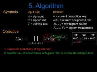 5. Algorithm
1. Empirical probability of bigram “ab”.
2. Number nab of occurrences of bigram “ab” in current deciphered text.
'() =
Y
(a,b)2A⇥A
(FT )
(M(C))ab
ab .
<latexit sha1_base64="jc2jLfeKW9mbb1IciS7fkcp+QDU=">AAACPnicdVDLahRBFL0dX3F8TeLSzcUg9IA03VmYyUJIiIgbJUImCUyPze2amkwx1dVFVXVgKPpf/A83foM7l25cKOJKcGnNTASfBwoO59xD3XtKLYV1afo+Wrt0+crVa+vXOzdu3rp9p7uxeWzrxjA+YLWszWlJlkuh+MAJJ/mpNpyqUvKTcnaw8E/OubGiVkdurvmoojMlJoKRC1LRHeTnZPRUxPmMtKYePsZcm3pc+JgeYtnDXCjcx9yJilvcbzF+Wvijtld4KttXPn5e+FUyPuhdqG3SKbpbabK70+/vPsK/SZakS2ztvVDfXgPAYdF9l49r1lRcOSbJ2mGWajfyZJxgkredvLFcE5vRGR8GqihsM/LL81t8EJQxTmoTnnK4VH9NeKqsnVdlmKzITe2f3kL8lzds3KQ/8kLpxnHFVh9NGomuxkWXOBaGMyfngRAzIuyKbEqGmAuNL0r4eSn+nxxvJ1maZC9DG09ghXW4B/chhgx2YA+ewSEMgMEb+ACf4HP0NvoYfYm+rkbXoovMXfgN0fcfWZmvxw==</latexit><latexit sha1_base64="MBEhNX7pH/q2SIWdMJfrIE1sJbg=">AAACPnicdVDLShxBFK3WPHTyGs3SzSUS6IHQdGcRx4WgKOImwYCjwvSkuV1T4xRTXV1UVQtD0R+T78jGb8jOZTZBIpKV4DI1MwrmdaDgcM491L0nV4IbG8fnwdz8g4ePHi8sNp48ffb8RXNp+dCUlaasQ0tR6uMcDRNcso7lVrBjpRkWuWBH+Wh74h+dMm14KQ/sWLFegSeSDzhF66Ws2UlPUashD9MRKoUt2IBU6bKfuRDfQN6ClEvYgtTyghnYqiHczdxB3coc5vUnF77P3CwZbrdu1TpqZM3VOFpfa7fX38HfJIniKVY3P8jrz4G42M+aX9N+SauCSUsFGtNNYmV7DrXlVLC6kVaGKaQjPGFdTyX6bXpuen4Nr73Sh0Gp/ZMWpur9hMPCmHGR+8kC7dD86U3Ef3ndyg7aPcelqiyTdPbRoBJgS5h0CX2uGbVi7AlSzf2uQIeokVrf+KSEu0vh/+TwbZTEUfLRt7FDZlggK+QVCUlC1sgm2SP7pEMo+UK+kR/kMjgLvgdXwc/Z6Fxwm3lJfkNw8wshtrEd</latexit><latexit sha1_base64="MBEhNX7pH/q2SIWdMJfrIE1sJbg=">AAACPnicdVDLShxBFK3WPHTyGs3SzSUS6IHQdGcRx4WgKOImwYCjwvSkuV1T4xRTXV1UVQtD0R+T78jGb8jOZTZBIpKV4DI1MwrmdaDgcM491L0nV4IbG8fnwdz8g4ePHi8sNp48ffb8RXNp+dCUlaasQ0tR6uMcDRNcso7lVrBjpRkWuWBH+Wh74h+dMm14KQ/sWLFegSeSDzhF66Ws2UlPUashD9MRKoUt2IBU6bKfuRDfQN6ClEvYgtTyghnYqiHczdxB3coc5vUnF77P3CwZbrdu1TpqZM3VOFpfa7fX38HfJIniKVY3P8jrz4G42M+aX9N+SauCSUsFGtNNYmV7DrXlVLC6kVaGKaQjPGFdTyX6bXpuen4Nr73Sh0Gp/ZMWpur9hMPCmHGR+8kC7dD86U3Ef3ndyg7aPcelqiyTdPbRoBJgS5h0CX2uGbVi7AlSzf2uQIeokVrf+KSEu0vh/+TwbZTEUfLRt7FDZlggK+QVCUlC1sgm2SP7pEMo+UK+kR/kMjgLvgdXwc/Z6Fxwm3lJfkNw8wshtrEd</latexit><latexit sha1_base64="TA74HKfolodIKS7jXZUuTnPffCw=">AAACPnicdVBNaxsxFNQmbeo6beqmx14eNYU1lGW3h8Y5FGJSSi+BFOIk4HWWt7IcC2u1QtIGjNhf1kt/Q2895pJDS8g1x8ofgfRrQDDMvEHvTa4ENzaOvwdr6w8ebjxqPG5uPnm69az1fPvYlJWmrE9LUerTHA0TXLK+5VawU6UZFrlgJ/l0f+6fXDBteCmP7EyxYYHnko85ReulrNVPL1CrCQ/TKSqFHXgPqdLlKHMhvoG8AymX0IPU8oIZ6NUQfszcUd3JHOb1mQsPMrdMhvudlVpHzazVjqPdnW539x38TZIoXqBNVjjMWt/SUUmrgklLBRozSGJlhw615VSwuplWhimkUzxnA08l+m2GbnF+Da+9MoJxqf2TFhbq/YTDwphZkfvJAu3E/OnNxX95g8qOu0PHpaosk3T50bgSYEuYdwkjrhm1YuYJUs39rkAnqJFa3/i8hLtL4f/k+G2UxFHyOW7vfVjV0SAvySsSkoTskD3yiRySPqHkC7kkP8jP4GtwFVwHN8vRtWCVeUF+Q3D7C+LKrTY=</latexit>
(1)
(2)
0.05 ⇥ 0.05 ⇥ 0.05<latexit sha1_base64="3c228YaUeYGPMCIhsRGt9g8PJhk=">AAACBXicdVDJSgNBEK1xjXEb9aiHxiB4GnqiYnKRgBePEcwCyRB6Oj1Jk56F7h4hDLl48Ve8eFDEq//gzb+xswga9UHB470qqur5ieBKY/xhLSwuLa+s5tby6xubW9v2zm5dxamkrEZjEcumTxQTPGI1zbVgzUQyEvqCNfzB5dhv3DKpeBzd6GHCvJD0Ih5wSrSROvYBdvAZamseMoXmeccuYKdcPimWyug3cR08QQFmqHbs93Y3pmnIIk0FUarl4kR7GZGaU8FG+XaqWELogPRYy9CImE1eNvlihI6M0kVBLE1FGk3U7xMZCZUahr7pDInuq3lvLP7ltVIdlLyMR0mqWUSni4JUIB2jcSSoyyWjWgwNIVRycyuifSIJ1Sa4vAnh61P0P6kXHRc77vVpoXIxiyMH+3AIx+DCOVTgCqpQAwp38ABP8GzdW4/Wi/U6bV2wZjN78APW2yds/JX8</latexit><latexit sha1_base64="3c228YaUeYGPMCIhsRGt9g8PJhk=">AAACBXicdVDJSgNBEK1xjXEb9aiHxiB4GnqiYnKRgBePEcwCyRB6Oj1Jk56F7h4hDLl48Ve8eFDEq//gzb+xswga9UHB470qqur5ieBKY/xhLSwuLa+s5tby6xubW9v2zm5dxamkrEZjEcumTxQTPGI1zbVgzUQyEvqCNfzB5dhv3DKpeBzd6GHCvJD0Ih5wSrSROvYBdvAZamseMoXmeccuYKdcPimWyug3cR08QQFmqHbs93Y3pmnIIk0FUarl4kR7GZGaU8FG+XaqWELogPRYy9CImE1eNvlihI6M0kVBLE1FGk3U7xMZCZUahr7pDInuq3lvLP7ltVIdlLyMR0mqWUSni4JUIB2jcSSoyyWjWgwNIVRycyuifSIJ1Sa4vAnh61P0P6kXHRc77vVpoXIxiyMH+3AIx+DCOVTgCqpQAwp38ABP8GzdW4/Wi/U6bV2wZjN78APW2yds/JX8</latexit><latexit sha1_base64="3c228YaUeYGPMCIhsRGt9g8PJhk=">AAACBXicdVDJSgNBEK1xjXEb9aiHxiB4GnqiYnKRgBePEcwCyRB6Oj1Jk56F7h4hDLl48Ve8eFDEq//gzb+xswga9UHB470qqur5ieBKY/xhLSwuLa+s5tby6xubW9v2zm5dxamkrEZjEcumTxQTPGI1zbVgzUQyEvqCNfzB5dhv3DKpeBzd6GHCvJD0Ih5wSrSROvYBdvAZamseMoXmeccuYKdcPimWyug3cR08QQFmqHbs93Y3pmnIIk0FUarl4kR7GZGaU8FG+XaqWELogPRYy9CImE1eNvlihI6M0kVBLE1FGk3U7xMZCZUahr7pDInuq3lvLP7ltVIdlLyMR0mqWUSni4JUIB2jcSSoyyWjWgwNIVRycyuifSIJ1Sa4vAnh61P0P6kXHRc77vVpoXIxiyMH+3AIx+DCOVTgCqpQAwp38ABP8GzdW4/Wi/U6bV2wZjN78APW2yds/JX8</latexit><latexit sha1_base64="3c228YaUeYGPMCIhsRGt9g8PJhk=">AAACBXicdVDJSgNBEK1xjXEb9aiHxiB4GnqiYnKRgBePEcwCyRB6Oj1Jk56F7h4hDLl48Ve8eFDEq//gzb+xswga9UHB470qqur5ieBKY/xhLSwuLa+s5tby6xubW9v2zm5dxamkrEZjEcumTxQTPGI1zbVgzUQyEvqCNfzB5dhv3DKpeBzd6GHCvJD0Ih5wSrSROvYBdvAZamseMoXmeccuYKdcPimWyug3cR08QQFmqHbs93Y3pmnIIk0FUarl4kR7GZGaU8FG+XaqWELogPRYy9CImE1eNvlihI6M0kVBLE1FGk3U7xMZCZUahr7pDInuq3lvLP7ltVIdlLyMR0mqWUSni4JUIB2jcSSoyyWjWgwNIVRycyuifSIJ1Sa4vAnh61P0P6kXHRc77vVpoXIxiyMH+3AIx+DCOVTgCqpQAwp38ABP8GzdW4/Wi/U6bV2wZjN78APW2yds/JX8</latexit>
“at” “at” “at”
0.053
<latexit sha1_base64="9t8NIgEY1RrN635428rFFjho3JE=">AAACGnicdVBLSwMxGMzWV62vqkcvwSJ4KEu29mEvUvDisYJ9QLuWbJq2odkHSVYoy/4OL/4VLx4U8SZe/Ddmty2o6EBgmJkv+TJOwJlUCH0amZXVtfWN7GZua3tndy+/f9CWfigIbRGf+6LrYEk582hLMcVpNxAUuw6nHWd6mfidOyok870bNQuo7eKxx0aMYKWlQd6K+uklPTF27AiZVqlSrqMiMqvlGqrUi4liVar1GJmochudxfEgX1jG4DIGlzFomShFASzQHOTf+0OfhC71FOFYyp6FAmVHWChGOI1z/VDSAJMpHtOeph52qbSjdKsYnmhlCEe+0MdTMFW/T0TYlXLmOjrpYjWRv71E/MvrhWp0bkfMC0JFPTJ/aBRyqHyY9ASHTFCi+EwTTATTu0IywQITpdvM6RKWP4X/k3bJtHQz1+VC42JRRxYcgWNwCixQAw1wBZqgBQi4B4/gGbwYD8aT8Wq8zaMZYzFzCH7A+PgCU0ucpQ==</latexit><latexit sha1_base64="9t8NIgEY1RrN635428rFFjho3JE=">AAACGnicdVBLSwMxGMzWV62vqkcvwSJ4KEu29mEvUvDisYJ9QLuWbJq2odkHSVYoy/4OL/4VLx4U8SZe/Ddmty2o6EBgmJkv+TJOwJlUCH0amZXVtfWN7GZua3tndy+/f9CWfigIbRGf+6LrYEk582hLMcVpNxAUuw6nHWd6mfidOyok870bNQuo7eKxx0aMYKWlQd6K+uklPTF27AiZVqlSrqMiMqvlGqrUi4liVar1GJmochudxfEgX1jG4DIGlzFomShFASzQHOTf+0OfhC71FOFYyp6FAmVHWChGOI1z/VDSAJMpHtOeph52qbSjdKsYnmhlCEe+0MdTMFW/T0TYlXLmOjrpYjWRv71E/MvrhWp0bkfMC0JFPTJ/aBRyqHyY9ASHTFCi+EwTTATTu0IywQITpdvM6RKWP4X/k3bJtHQz1+VC42JRRxYcgWNwCixQAw1wBZqgBQi4B4/gGbwYD8aT8Wq8zaMZYzFzCH7A+PgCU0ucpQ==</latexit><latexit sha1_base64="9t8NIgEY1RrN635428rFFjho3JE=">AAACGnicdVBLSwMxGMzWV62vqkcvwSJ4KEu29mEvUvDisYJ9QLuWbJq2odkHSVYoy/4OL/4VLx4U8SZe/Ddmty2o6EBgmJkv+TJOwJlUCH0amZXVtfWN7GZua3tndy+/f9CWfigIbRGf+6LrYEk582hLMcVpNxAUuw6nHWd6mfidOyok870bNQuo7eKxx0aMYKWlQd6K+uklPTF27AiZVqlSrqMiMqvlGqrUi4liVar1GJmochudxfEgX1jG4DIGlzFomShFASzQHOTf+0OfhC71FOFYyp6FAmVHWChGOI1z/VDSAJMpHtOeph52qbSjdKsYnmhlCEe+0MdTMFW/T0TYlXLmOjrpYjWRv71E/MvrhWp0bkfMC0JFPTJ/aBRyqHyY9ASHTFCi+EwTTATTu0IywQITpdvM6RKWP4X/k3bJtHQz1+VC42JRRxYcgWNwCixQAw1wBZqgBQi4B4/gGbwYD8aT8Wq8zaMZYzFzCH7A+PgCU0ucpQ==</latexit><latexit sha1_base64="9t8NIgEY1RrN635428rFFjho3JE=">AAACGnicdVBLSwMxGMzWV62vqkcvwSJ4KEu29mEvUvDisYJ9QLuWbJq2odkHSVYoy/4OL/4VLx4U8SZe/Ddmty2o6EBgmJkv+TJOwJlUCH0amZXVtfWN7GZua3tndy+/f9CWfigIbRGf+6LrYEk582hLMcVpNxAUuw6nHWd6mfidOyok870bNQuo7eKxx0aMYKWlQd6K+uklPTF27AiZVqlSrqMiMqvlGqrUi4liVar1GJmochudxfEgX1jG4DIGlzFomShFASzQHOTf+0OfhC71FOFYyp6FAmVHWChGOI1z/VDSAJMpHtOeph52qbSjdKsYnmhlCEe+0MdTMFW/T0TYlXLmOjrpYjWRv71E/MvrhWp0bkfMC0JFPTJ/aBRyqHyY9ASHTFCi+EwTTATTu0IywQITpdvM6RKWP4X/k3bJtHQz1+VC42JRRxYcgWNwCixQAw1wBZqgBQi4B4/gGbwYD8aT8Wq8zaMZYzFzCH7A+PgCU0ucpQ==</latexit>
0.053
<latexit sha1_base64="3bJYa9SoyOFqfIBzCWsG9IYv4SE=">AAACGnicdVBLS8NAGNz4rPUV9ehlsQgeJCRtQ/UiBS8eK9gHtLFstpt26ebB7kYoIb/Di3/FiwdFvIkX/42btAEVHVgYZubb/XbciFEhTfNTW1peWV1bL22UN7e2d3b1vf2OCGOOSRuHLOQ9FwnCaEDakkpGehEnyHcZ6brTy8zv3hEuaBjcyFlEHB+NA+pRjKSShrqVDPJL+nzsOolpnNcynJqG2ajblqmIVWtUbTtVin2b1NJ0qFeKGCxisIhByzBzVMACraH+PhiFOPZJIDFDQvQtM5JOgrikmJG0PIgFiRCeojHpKxognwgnybdK4bFSRtALuTqBhLn6fSJBvhAz31VJH8mJ+O1l4l9eP5bemZPQIIolCfD8IS9mUIYw6wmOKCdYspkiCHOqdoV4gjjCUrVZViUUP4X/k07VsFQz1/VK82JRRwkcgiNwAizQAE1wBVqgDTC4B4/gGbxoD9qT9qq9zaNL2mLmAPyA9vEFL2+cjQ==</latexit><latexit sha1_base64="3bJYa9SoyOFqfIBzCWsG9IYv4SE=">AAACGnicdVBLS8NAGNz4rPUV9ehlsQgeJCRtQ/UiBS8eK9gHtLFstpt26ebB7kYoIb/Di3/FiwdFvIkX/42btAEVHVgYZubb/XbciFEhTfNTW1peWV1bL22UN7e2d3b1vf2OCGOOSRuHLOQ9FwnCaEDakkpGehEnyHcZ6brTy8zv3hEuaBjcyFlEHB+NA+pRjKSShrqVDPJL+nzsOolpnNcynJqG2ajblqmIVWtUbTtVin2b1NJ0qFeKGCxisIhByzBzVMACraH+PhiFOPZJIDFDQvQtM5JOgrikmJG0PIgFiRCeojHpKxognwgnybdK4bFSRtALuTqBhLn6fSJBvhAz31VJH8mJ+O1l4l9eP5bemZPQIIolCfD8IS9mUIYw6wmOKCdYspkiCHOqdoV4gjjCUrVZViUUP4X/k07VsFQz1/VK82JRRwkcgiNwAizQAE1wBVqgDTC4B4/gGbxoD9qT9qq9zaNL2mLmAPyA9vEFL2+cjQ==</latexit><latexit sha1_base64="3bJYa9SoyOFqfIBzCWsG9IYv4SE=">AAACGnicdVBLS8NAGNz4rPUV9ehlsQgeJCRtQ/UiBS8eK9gHtLFstpt26ebB7kYoIb/Di3/FiwdFvIkX/42btAEVHVgYZubb/XbciFEhTfNTW1peWV1bL22UN7e2d3b1vf2OCGOOSRuHLOQ9FwnCaEDakkpGehEnyHcZ6brTy8zv3hEuaBjcyFlEHB+NA+pRjKSShrqVDPJL+nzsOolpnNcynJqG2ajblqmIVWtUbTtVin2b1NJ0qFeKGCxisIhByzBzVMACraH+PhiFOPZJIDFDQvQtM5JOgrikmJG0PIgFiRCeojHpKxognwgnybdK4bFSRtALuTqBhLn6fSJBvhAz31VJH8mJ+O1l4l9eP5bemZPQIIolCfD8IS9mUIYw6wmOKCdYspkiCHOqdoV4gjjCUrVZViUUP4X/k07VsFQz1/VK82JRRwkcgiNwAizQAE1wBVqgDTC4B4/gGbxoD9qT9qq9zaNL2mLmAPyA9vEFL2+cjQ==</latexit><latexit sha1_base64="3bJYa9SoyOFqfIBzCWsG9IYv4SE=">AAACGnicdVBLS8NAGNz4rPUV9ehlsQgeJCRtQ/UiBS8eK9gHtLFstpt26ebB7kYoIb/Di3/FiwdFvIkX/42btAEVHVgYZubb/XbciFEhTfNTW1peWV1bL22UN7e2d3b1vf2OCGOOSRuHLOQ9FwnCaEDakkpGehEnyHcZ6brTy8zv3hEuaBjcyFlEHB+NA+pRjKSShrqVDPJL+nzsOolpnNcynJqG2ajblqmIVWtUbTtVin2b1NJ0qFeKGCxisIhByzBzVMACraH+PhiFOPZJIDFDQvQtM5JOgrikmJG0PIgFiRCeojHpKxognwgnybdK4bFSRtALuTqBhLn6fSJBvhAz31VJH8mJ+O1l4l9eP5bemZPQIIolCfD8IS9mUIYw6wmOKCdYspkiCHOqdoV4gjjCUrVZViUUP4X/k07VsFQz1/VK82JRRwkcgiNwAizQAE1wBVqgDTC4B4/gGbxoD9qT9qq9zaNL2mLmAPyA9vEFL2+cjQ==</latexit>
3<latexit sha1_base64="VOV1EJRaHzKM3qdiEx6RtEeRUGE=">AAAB7XicdVDLSgMxFM3UV62vqks3wSK4GmZqH3YjBTcuK9gHtGPJpJk2NpMMSUYow/yDGxeKuPV/3Pk3ZtoKKnrgwuGce7n3Hj9iVGnH+bByK6tr6xv5zcLW9s7uXnH/oKNELDFpY8GE7PlIEUY5aWuqGelFkqDQZ6TrTy8zv3tPpKKC3+hZRLwQjTkNKEbaSJ0kvU3O0mGx5NhuuVppONCxa5W6U23ATHGrtQZ0bWeOEliiNSy+D0YCxyHhGjOkVN91Iu0lSGqKGUkLg1iRCOEpGpO+oRyFRHnJ/NoUnhhlBAMhTXEN5+r3iQSFSs1C33SGSE/Uby8T//L6sQ7OvYTyKNaE48WiIGZQC5i9DkdUEqzZzBCEJTW3QjxBEmFtAiqYEL4+hf+TTtl2TTLXlVLzYhlHHhyBY3AKXFAHTXAFWqANMLgDD+AJPFvCerRerNdFa85azhyCH7DePgEn1I9/</latexit><latexit sha1_base64="VOV1EJRaHzKM3qdiEx6RtEeRUGE=">AAAB7XicdVDLSgMxFM3UV62vqks3wSK4GmZqH3YjBTcuK9gHtGPJpJk2NpMMSUYow/yDGxeKuPV/3Pk3ZtoKKnrgwuGce7n3Hj9iVGnH+bByK6tr6xv5zcLW9s7uXnH/oKNELDFpY8GE7PlIEUY5aWuqGelFkqDQZ6TrTy8zv3tPpKKC3+hZRLwQjTkNKEbaSJ0kvU3O0mGx5NhuuVppONCxa5W6U23ATHGrtQZ0bWeOEliiNSy+D0YCxyHhGjOkVN91Iu0lSGqKGUkLg1iRCOEpGpO+oRyFRHnJ/NoUnhhlBAMhTXEN5+r3iQSFSs1C33SGSE/Uby8T//L6sQ7OvYTyKNaE48WiIGZQC5i9DkdUEqzZzBCEJTW3QjxBEmFtAiqYEL4+hf+TTtl2TTLXlVLzYhlHHhyBY3AKXFAHTXAFWqANMLgDD+AJPFvCerRerNdFa85azhyCH7DePgEn1I9/</latexit><latexit sha1_base64="VOV1EJRaHzKM3qdiEx6RtEeRUGE=">AAAB7XicdVDLSgMxFM3UV62vqks3wSK4GmZqH3YjBTcuK9gHtGPJpJk2NpMMSUYow/yDGxeKuPV/3Pk3ZtoKKnrgwuGce7n3Hj9iVGnH+bByK6tr6xv5zcLW9s7uXnH/oKNELDFpY8GE7PlIEUY5aWuqGelFkqDQZ6TrTy8zv3tPpKKC3+hZRLwQjTkNKEbaSJ0kvU3O0mGx5NhuuVppONCxa5W6U23ATHGrtQZ0bWeOEliiNSy+D0YCxyHhGjOkVN91Iu0lSGqKGUkLg1iRCOEpGpO+oRyFRHnJ/NoUnhhlBAMhTXEN5+r3iQSFSs1C33SGSE/Uby8T//L6sQ7OvYTyKNaE48WiIGZQC5i9DkdUEqzZzBCEJTW3QjxBEmFtAiqYEL4+hf+TTtl2TTLXlVLzYhlHHhyBY3AKXFAHTXAFWqANMLgDD+AJPFvCerRerNdFa85azhyCH7DePgEn1I9/</latexit><latexit sha1_base64="hP+6LrUf2d3tZaldqaQQvEKMXyw=">AAAB2XicbZDNSgMxFIXv1L86Vq1rN8EiuCozbnQpuHFZwbZCO5RM5k4bmskMyR2hDH0BF25EfC93vo3pz0JbDwQ+zknIvSculLQUBN9ebWd3b/+gfugfNfzjk9Nmo2fz0gjsilzl5jnmFpXU2CVJCp8LgzyLFfbj6f0i77+gsTLXTzQrMMr4WMtUCk7O6oyaraAdLMW2IVxDC9YaNb+GSS7KDDUJxa0dhEFBUcUNSaFw7g9LiwUXUz7GgUPNM7RRtRxzzi6dk7A0N+5oYkv394uKZ9bOstjdzDhN7Ga2MP/LBiWlt1EldVESarH6KC0Vo5wtdmaJNChIzRxwYaSblYkJN1yQa8Z3HYSbG29D77odBu3wMYA6nMMFXEEIN3AHD9CBLghI4BXevYn35n2suqp569LO4I+8zx84xIo4</latexit><latexit sha1_base64="aYw+Q9Yeam9COdHztlGDkOHk/LU=">AAAB4nicbZBLSwMxFIXv1FetVatbN8EiuCozutCl4MZlBfuAdiyZNNPGZpIhuSOUYf6DGxeK+KPc+W9MHwttPRD4OCch954olcKi7397pY3Nre2d8m5lr7p/cFg7qratzgzjLaalNt2IWi6F4i0UKHk3NZwmkeSdaHI7yzvP3Fih1QNOUx4mdKRELBhFZ7Xz4jG/LAa1ut/w5yLrECyhDks1B7Wv/lCzLOEKmaTW9gI/xTCnBgWTvKj0M8tTyiZ0xHsOFU24DfP5tAU5c86QxNq4o5DM3d8vcppYO00idzOhOLar2cz8L+tlGF+HuVBphlyxxUdxJglqMludDIXhDOXUAWVGuFkJG1NDGbqCKq6EYHXldWhfNAK/Edz7UIYTOIVzCOAKbuAOmtACBk/wAm/w7mnv1ftY1FXylr0dwx95nz+O9o3f</latexit><latexit sha1_base64="Upj2xg8fzsIs00C56NvpoJKp9IE=">AAAB4nicdZBLSwMxFIXv1FetVatbN8EiuBoytQ+7E9y4rGBroR1LJs20sZkHSUYow/wHNy4U8Ue589+YaSuo6IHA4ZyE3Pt5seBKY/xhFdbWNza3itulnfLu3n7loNxTUSIp69JIRLLvEcUED1lXcy1YP5aMBJ5gt97sMu9vH5hUPApv9DxmbkAmIfc5JdpEvTS7S8+yUaWKbafWqLcxwnaz3sKNNsoTp9FsI8fGC1Vhpc6o8j4cRzQJWKipIEoNHBxrNyVScypYVhomisWEzsiEDYwNScCUmy6mzdCJScbIj6Q5oUaL9PuLlARKzQPP3AyInqrfXR7+1Q0S7Z+7KQ/jRLOQLj/yE4F0hPLV0ZhLRrWYG0Oo5GZWRKdEEqoNoJKB8LUp+t/0arZjyFxjKMIRHMMpONCCC7iCDnSBwj08wjO8WJH1ZL0ucRWsFbdD+CHr7RP5bI4r</latexit><latexit sha1_base64="+nrMDYO6is/pv8b9811TjvRARjI=">AAAB7XicdVDLSgMxFM3UV62vqks3wSK4GjK1D7uRghuXFewD2rFk0kwbm5kMSUYow/yDGxeKuPV/3Pk3ZtoKKnrgwuGce7n3Hi/iTGmEPqzcyura+kZ+s7C1vbO7V9w/6CgRS0LbRHAhex5WlLOQtjXTnPYiSXHgcdr1ppeZ372nUjER3uhZRN0Aj0PmM4K1kTpJepucpcNiCdlOuVppIIjsWqWOqg2YKU611oCOjeYogSVaw+L7YCRIHNBQE46V6jso0m6CpWaE07QwiBWNMJniMe0bGuKAKjeZX5vCE6OMoC+kqVDDufp9IsGBUrPAM50B1hP128vEv7x+rP1zN2FhFGsaksUiP+ZQC5i9DkdMUqL5zBBMJDO3QjLBEhNtAiqYEL4+hf+TTtl2TDLXqNS8WMaRB0fgGJwCB9RBE1yBFmgDAu7AA3gCz5awHq0X63XRmrOWM4fgB6y3TyaUj3s=</latexit><latexit sha1_base64="VOV1EJRaHzKM3qdiEx6RtEeRUGE=">AAAB7XicdVDLSgMxFM3UV62vqks3wSK4GmZqH3YjBTcuK9gHtGPJpJk2NpMMSUYow/yDGxeKuPV/3Pk3ZtoKKnrgwuGce7n3Hj9iVGnH+bByK6tr6xv5zcLW9s7uXnH/oKNELDFpY8GE7PlIEUY5aWuqGelFkqDQZ6TrTy8zv3tPpKKC3+hZRLwQjTkNKEbaSJ0kvU3O0mGx5NhuuVppONCxa5W6U23ATHGrtQZ0bWeOEliiNSy+D0YCxyHhGjOkVN91Iu0lSGqKGUkLg1iRCOEpGpO+oRyFRHnJ/NoUnhhlBAMhTXEN5+r3iQSFSs1C33SGSE/Uby8T//L6sQ7OvYTyKNaE48WiIGZQC5i9DkdUEqzZzBCEJTW3QjxBEmFtAiqYEL4+hf+TTtl2TTLXlVLzYhlHHhyBY3AKXFAHTXAFWqANMLgDD+AJPFvCerRerNdFa85azhyCH7DePgEn1I9/</latexit><latexit sha1_base64="VOV1EJRaHzKM3qdiEx6RtEeRUGE=">AAAB7XicdVDLSgMxFM3UV62vqks3wSK4GmZqH3YjBTcuK9gHtGPJpJk2NpMMSUYow/yDGxeKuPV/3Pk3ZtoKKnrgwuGce7n3Hj9iVGnH+bByK6tr6xv5zcLW9s7uXnH/oKNELDFpY8GE7PlIEUY5aWuqGelFkqDQZ6TrTy8zv3tPpKKC3+hZRLwQjTkNKEbaSJ0kvU3O0mGx5NhuuVppONCxa5W6U23ATHGrtQZ0bWeOEliiNSy+D0YCxyHhGjOkVN91Iu0lSGqKGUkLg1iRCOEpGpO+oRyFRHnJ/NoUnhhlBAMhTXEN5+r3iQSFSs1C33SGSE/Uby8T//L6sQ7OvYTyKNaE48WiIGZQC5i9DkdUEqzZzBCEJTW3QjxBEmFtAiqYEL4+hf+TTtl2TTLXlVLzYhlHHhyBY3AKXFAHTXAFWqANMLgDD+AJPFvCerRerNdFa85azhyCH7DePgEn1I9/</latexit><latexit sha1_base64="VOV1EJRaHzKM3qdiEx6RtEeRUGE=">AAAB7XicdVDLSgMxFM3UV62vqks3wSK4GmZqH3YjBTcuK9gHtGPJpJk2NpMMSUYow/yDGxeKuPV/3Pk3ZtoKKnrgwuGce7n3Hj9iVGnH+bByK6tr6xv5zcLW9s7uXnH/oKNELDFpY8GE7PlIEUY5aWuqGelFkqDQZ6TrTy8zv3tPpKKC3+hZRLwQjTkNKEbaSJ0kvU3O0mGx5NhuuVppONCxa5W6U23ATHGrtQZ0bWeOEliiNSy+D0YCxyHhGjOkVN91Iu0lSGqKGUkLg1iRCOEpGpO+oRyFRHnJ/NoUnhhlBAMhTXEN5+r3iQSFSs1C33SGSE/Uby8T//L6sQ7OvYTyKNaE48WiIGZQC5i9DkdUEqzZzBCEJTW3QjxBEmFtAiqYEL4+hf+TTtl2TTLXlVLzYhlHHhyBY3AKXFAHTXAFWqANMLgDD+AJPFvCerRerNdFa85azhyCH7DePgEn1I9/</latexit><latexit sha1_base64="VOV1EJRaHzKM3qdiEx6RtEeRUGE=">AAAB7XicdVDLSgMxFM3UV62vqks3wSK4GmZqH3YjBTcuK9gHtGPJpJk2NpMMSUYow/yDGxeKuPV/3Pk3ZtoKKnrgwuGce7n3Hj9iVGnH+bByK6tr6xv5zcLW9s7uXnH/oKNELDFpY8GE7PlIEUY5aWuqGelFkqDQZ6TrTy8zv3tPpKKC3+hZRLwQjTkNKEbaSJ0kvU3O0mGx5NhuuVppONCxa5W6U23ATHGrtQZ0bWeOEliiNSy+D0YCxyHhGjOkVN91Iu0lSGqKGUkLg1iRCOEpGpO+oRyFRHnJ/NoUnhhlBAMhTXEN5+r3iQSFSs1C33SGSE/Uby8T//L6sQ7OvYTyKNaE48WiIGZQC5i9DkdUEqzZzBCEJTW3QjxBEmFtAiqYEL4+hf+TTtl2TTLXlVLzYhlHHhyBY3AKXFAHTXAFWqANMLgDD+AJPFvCerRerNdFa85azhyCH7DePgEn1I9/</latexit><latexit sha1_base64="VOV1EJRaHzKM3qdiEx6RtEeRUGE=">AAAB7XicdVDLSgMxFM3UV62vqks3wSK4GmZqH3YjBTcuK9gHtGPJpJk2NpMMSUYow/yDGxeKuPV/3Pk3ZtoKKnrgwuGce7n3Hj9iVGnH+bByK6tr6xv5zcLW9s7uXnH/oKNELDFpY8GE7PlIEUY5aWuqGelFkqDQZ6TrTy8zv3tPpKKC3+hZRLwQjTkNKEbaSJ0kvU3O0mGx5NhuuVppONCxa5W6U23ATHGrtQZ0bWeOEliiNSy+D0YCxyHhGjOkVN91Iu0lSGqKGUkLg1iRCOEpGpO+oRyFRHnJ/NoUnhhlBAMhTXEN5+r3iQSFSs1C33SGSE/Uby8T//L6sQ7OvYTyKNaE48WiIGZQC5i9DkdUEqzZzBCEJTW3QjxBEmFtAiqYEL4+hf+TTtl2TTLXlVLzYhlHHhyBY3AKXFAHTXAFWqANMLgDD+AJPFvCerRerNdFa85azhyCH7DePgEn1I9/</latexit><latexit sha1_base64="VOV1EJRaHzKM3qdiEx6RtEeRUGE=">AAAB7XicdVDLSgMxFM3UV62vqks3wSK4GmZqH3YjBTcuK9gHtGPJpJk2NpMMSUYow/yDGxeKuPV/3Pk3ZtoKKnrgwuGce7n3Hj9iVGnH+bByK6tr6xv5zcLW9s7uXnH/oKNELDFpY8GE7PlIEUY5aWuqGelFkqDQZ6TrTy8zv3tPpKKC3+hZRLwQjTkNKEbaSJ0kvU3O0mGx5NhuuVppONCxa5W6U23ATHGrtQZ0bWeOEliiNSy+D0YCxyHhGjOkVN91Iu0lSGqKGUkLg1iRCOEpGpO+oRyFRHnJ/NoUnhhlBAMhTXEN5+r3iQSFSs1C33SGSE/Uby8T//L6sQ7OvYTyKNaE48WiIGZQC5i9DkdUEqzZzBCEJTW3QjxBEmFtAiqYEL4+hf+TTtl2TTLXlVLzYhlHHhyBY3AKXFAHTXAFWqANMLgDD+AJPFvCerRerNdFa85azhyCH7DePgEn1I9/</latexit>
=<latexit sha1_base64="qV5fGBJ7F/DfJLIRoVXKdnvva+c=">AAAB6HicdVDJSgNBEK1xjXGLevTSGARPw0wUTA5KwIvHBMwCyRB6OjVJm56F7h4hDPkCLx4U8eonefNv7CyC64OCx3tVVNXzE8GVdpx3a2l5ZXVtPbeR39za3tkt7O03VZxKhg0Wi1i2fapQ8AgbmmuB7UQiDX2BLX90NfVbdygVj6MbPU7QC+kg4gFnVBupftErFB27UjktlSvkN3FtZ4YiLFDrFd66/ZilIUaaCapUx3US7WVUas4ETvLdVGFC2YgOsGNoRENUXjY7dEKOjdInQSxNRZrM1K8TGQ2VGoe+6QypHqqf3lT8y+ukOih7GY+SVGPE5ouCVBAdk+nXpM8lMi3GhlAmubmVsCGVlGmTTd6E8Pkp+Z80S7br2G79rFi9XMSRg0M4ghNw4RyqcA01aAADhHt4hCfr1nqwnq2XeeuStZg5gG+wXj8AOVqNNQ==</latexit><latexit sha1_base64="qV5fGBJ7F/DfJLIRoVXKdnvva+c=">AAAB6HicdVDJSgNBEK1xjXGLevTSGARPw0wUTA5KwIvHBMwCyRB6OjVJm56F7h4hDPkCLx4U8eonefNv7CyC64OCx3tVVNXzE8GVdpx3a2l5ZXVtPbeR39za3tkt7O03VZxKhg0Wi1i2fapQ8AgbmmuB7UQiDX2BLX90NfVbdygVj6MbPU7QC+kg4gFnVBupftErFB27UjktlSvkN3FtZ4YiLFDrFd66/ZilIUaaCapUx3US7WVUas4ETvLdVGFC2YgOsGNoRENUXjY7dEKOjdInQSxNRZrM1K8TGQ2VGoe+6QypHqqf3lT8y+ukOih7GY+SVGPE5ouCVBAdk+nXpM8lMi3GhlAmubmVsCGVlGmTTd6E8Pkp+Z80S7br2G79rFi9XMSRg0M4ghNw4RyqcA01aAADhHt4hCfr1nqwnq2XeeuStZg5gG+wXj8AOVqNNQ==</latexit><latexit sha1_base64="qV5fGBJ7F/DfJLIRoVXKdnvva+c=">AAAB6HicdVDJSgNBEK1xjXGLevTSGARPw0wUTA5KwIvHBMwCyRB6OjVJm56F7h4hDPkCLx4U8eonefNv7CyC64OCx3tVVNXzE8GVdpx3a2l5ZXVtPbeR39za3tkt7O03VZxKhg0Wi1i2fapQ8AgbmmuB7UQiDX2BLX90NfVbdygVj6MbPU7QC+kg4gFnVBupftErFB27UjktlSvkN3FtZ4YiLFDrFd66/ZilIUaaCapUx3US7WVUas4ETvLdVGFC2YgOsGNoRENUXjY7dEKOjdInQSxNRZrM1K8TGQ2VGoe+6QypHqqf3lT8y+ukOih7GY+SVGPE5ouCVBAdk+nXpM8lMi3GhlAmubmVsCGVlGmTTd6E8Pkp+Z80S7br2G79rFi9XMSRg0M4ghNw4RyqcA01aAADhHt4hCfr1nqwnq2XeeuStZg5gG+wXj8AOVqNNQ==</latexit><latexit sha1_base64="qV5fGBJ7F/DfJLIRoVXKdnvva+c=">AAAB6HicdVDJSgNBEK1xjXGLevTSGARPw0wUTA5KwIvHBMwCyRB6OjVJm56F7h4hDPkCLx4U8eonefNv7CyC64OCx3tVVNXzE8GVdpx3a2l5ZXVtPbeR39za3tkt7O03VZxKhg0Wi1i2fapQ8AgbmmuB7UQiDX2BLX90NfVbdygVj6MbPU7QC+kg4gFnVBupftErFB27UjktlSvkN3FtZ4YiLFDrFd66/ZilIUaaCapUx3US7WVUas4ETvLdVGFC2YgOsGNoRENUXjY7dEKOjdInQSxNRZrM1K8TGQ2VGoe+6QypHqqf3lT8y+ukOih7GY+SVGPE5ouCVBAdk+nXpM8lMi3GhlAmubmVsCGVlGmTTd6E8Pkp+Z80S7br2G79rFi9XMSRg0M4ghNw4RyqcA01aAADhHt4hCfr1nqwnq2XeeuStZg5gG+wXj8AOVqNNQ==</latexit>
()<latexit sha1_base64="gi61hSnZvmiKktc2v3+GD2e5LOU=">AAAB+HicdVDLSsNAFJ3UV62PRl26GSxC3YRExLa7gi5cVrAPaEK5mUzaoZMHMxOhhn6JGxeKuPVT3Pk3Th+CzwMDh3PO5d45fsqZVLb9bhRWVtfWN4qbpa3tnd2yubffkUkmCG2ThCei54OknMW0rZjitJcKCpHPadcfX8z87i0VkiXxjZqk1ItgGLOQEVBaGphll+twAFV3DGkKJwOzYluNeu281sC/iWPZc1TQEq2B+eYGCckiGivCQcq+Y6fKy0EoRjidltxM0hTIGIa0r2kMEZVePj98io+1EuAwEfrFCs/VrxM5RFJOIl8nI1Aj+dObiX95/UyFdS9ncZopGpPFojDjWCV41gIOmKBE8YkmQATTt2IyAgFE6a5KuoTPn+L/SefUcmzLuT6rNC+XdRTRITpCVeSgGmqiK9RCbURQhu7RI3oy7owH49l4WUQLxnLmAH2D8foB5iGTRA==</latexit><latexit sha1_base64="gi61hSnZvmiKktc2v3+GD2e5LOU=">AAAB+HicdVDLSsNAFJ3UV62PRl26GSxC3YRExLa7gi5cVrAPaEK5mUzaoZMHMxOhhn6JGxeKuPVT3Pk3Th+CzwMDh3PO5d45fsqZVLb9bhRWVtfWN4qbpa3tnd2yubffkUkmCG2ThCei54OknMW0rZjitJcKCpHPadcfX8z87i0VkiXxjZqk1ItgGLOQEVBaGphll+twAFV3DGkKJwOzYluNeu281sC/iWPZc1TQEq2B+eYGCckiGivCQcq+Y6fKy0EoRjidltxM0hTIGIa0r2kMEZVePj98io+1EuAwEfrFCs/VrxM5RFJOIl8nI1Aj+dObiX95/UyFdS9ncZopGpPFojDjWCV41gIOmKBE8YkmQATTt2IyAgFE6a5KuoTPn+L/SefUcmzLuT6rNC+XdRTRITpCVeSgGmqiK9RCbURQhu7RI3oy7owH49l4WUQLxnLmAH2D8foB5iGTRA==</latexit><latexit sha1_base64="gi61hSnZvmiKktc2v3+GD2e5LOU=">AAAB+HicdVDLSsNAFJ3UV62PRl26GSxC3YRExLa7gi5cVrAPaEK5mUzaoZMHMxOhhn6JGxeKuPVT3Pk3Th+CzwMDh3PO5d45fsqZVLb9bhRWVtfWN4qbpa3tnd2yubffkUkmCG2ThCei54OknMW0rZjitJcKCpHPadcfX8z87i0VkiXxjZqk1ItgGLOQEVBaGphll+twAFV3DGkKJwOzYluNeu281sC/iWPZc1TQEq2B+eYGCckiGivCQcq+Y6fKy0EoRjidltxM0hTIGIa0r2kMEZVePj98io+1EuAwEfrFCs/VrxM5RFJOIl8nI1Aj+dObiX95/UyFdS9ncZopGpPFojDjWCV41gIOmKBE8YkmQATTt2IyAgFE6a5KuoTPn+L/SefUcmzLuT6rNC+XdRTRITpCVeSgGmqiK9RCbURQhu7RI3oy7owH49l4WUQLxnLmAH2D8foB5iGTRA==</latexit><latexit sha1_base64="gi61hSnZvmiKktc2v3+GD2e5LOU=">AAAB+HicdVDLSsNAFJ3UV62PRl26GSxC3YRExLa7gi5cVrAPaEK5mUzaoZMHMxOhhn6JGxeKuPVT3Pk3Th+CzwMDh3PO5d45fsqZVLb9bhRWVtfWN4qbpa3tnd2yubffkUkmCG2ThCei54OknMW0rZjitJcKCpHPadcfX8z87i0VkiXxjZqk1ItgGLOQEVBaGphll+twAFV3DGkKJwOzYluNeu281sC/iWPZc1TQEq2B+eYGCckiGivCQcq+Y6fKy0EoRjidltxM0hTIGIa0r2kMEZVePj98io+1EuAwEfrFCs/VrxM5RFJOIl8nI1Aj+dObiX95/UyFdS9ncZopGpPFojDjWCV41gIOmKBE8YkmQATTt2IyAgFE6a5KuoTPn+L/SefUcmzLuT6rNC+XdRTRITpCVeSgGmqiK9RCbURQhu7RI3oy7owH49l4WUQLxnLmAH2D8foB5iGTRA==</latexit>
= current decryption key<latexit sha1_base64="tvnfLZjfjNcpLzlIsxyj3hIbZLU=">AAAB7XicdVDLSgMxFM34rPVVdekmWARXw4xYbDdScOOygn1AO5Q7adrGZpKQZIQy9B/cuFDErf/jzr8xfQg+D1w4nHMv994TK86MDYJ3b2l5ZXVtPbeR39za3tkt7O03jEw1oXUiudStGAzlTNC6ZZbTltIUkpjTZjy6nPrNO6oNk+LGjhWNEhgI1mcErJManREoBd1CMfArlbBUKuPfJPSDGYpogVq38NbpSZImVFjCwZh2GCgbZaAtI5xO8p3UUAVkBAPadlRAQk2Uza6d4GOn9HBfalfC4pn6dSKDxJhxErvOBOzQ/PSm4l9eO7X9cpQxoVJLBZkv6qccW4mnr+Me05RYPnYEiGbuVkyGoIFYF1DehfD5Kf6fNE79MPDD67Ni9WIRRw4doiN0gkJ0jqroCtVQHRF0i+7RI3rypPfgPXsv89YlbzFzgL7Be/0ANcCPig==</latexit><latexit sha1_base64="tvnfLZjfjNcpLzlIsxyj3hIbZLU=">AAAB7XicdVDLSgMxFM34rPVVdekmWARXw4xYbDdScOOygn1AO5Q7adrGZpKQZIQy9B/cuFDErf/jzr8xfQg+D1w4nHMv994TK86MDYJ3b2l5ZXVtPbeR39za3tkt7O03jEw1oXUiudStGAzlTNC6ZZbTltIUkpjTZjy6nPrNO6oNk+LGjhWNEhgI1mcErJManREoBd1CMfArlbBUKuPfJPSDGYpogVq38NbpSZImVFjCwZh2GCgbZaAtI5xO8p3UUAVkBAPadlRAQk2Uza6d4GOn9HBfalfC4pn6dSKDxJhxErvOBOzQ/PSm4l9eO7X9cpQxoVJLBZkv6qccW4mnr+Me05RYPnYEiGbuVkyGoIFYF1DehfD5Kf6fNE79MPDD67Ni9WIRRw4doiN0gkJ0jqroCtVQHRF0i+7RI3rypPfgPXsv89YlbzFzgL7Be/0ANcCPig==</latexit><latexit sha1_base64="tvnfLZjfjNcpLzlIsxyj3hIbZLU=">AAAB7XicdVDLSgMxFM34rPVVdekmWARXw4xYbDdScOOygn1AO5Q7adrGZpKQZIQy9B/cuFDErf/jzr8xfQg+D1w4nHMv994TK86MDYJ3b2l5ZXVtPbeR39za3tkt7O03jEw1oXUiudStGAzlTNC6ZZbTltIUkpjTZjy6nPrNO6oNk+LGjhWNEhgI1mcErJManREoBd1CMfArlbBUKuPfJPSDGYpogVq38NbpSZImVFjCwZh2GCgbZaAtI5xO8p3UUAVkBAPadlRAQk2Uza6d4GOn9HBfalfC4pn6dSKDxJhxErvOBOzQ/PSm4l9eO7X9cpQxoVJLBZkv6qccW4mnr+Me05RYPnYEiGbuVkyGoIFYF1DehfD5Kf6fNE79MPDD67Ni9WIRRw4doiN0gkJ0jqroCtVQHRF0i+7RI3rypPfgPXsv89YlbzFzgL7Be/0ANcCPig==</latexit><latexit sha1_base64="tvnfLZjfjNcpLzlIsxyj3hIbZLU=">AAAB7XicdVDLSgMxFM34rPVVdekmWARXw4xYbDdScOOygn1AO5Q7adrGZpKQZIQy9B/cuFDErf/jzr8xfQg+D1w4nHMv994TK86MDYJ3b2l5ZXVtPbeR39za3tkt7O03jEw1oXUiudStGAzlTNC6ZZbTltIUkpjTZjy6nPrNO6oNk+LGjhWNEhgI1mcErJManREoBd1CMfArlbBUKuPfJPSDGYpogVq38NbpSZImVFjCwZh2GCgbZaAtI5xO8p3UUAVkBAPadlRAQk2Uza6d4GOn9HBfalfC4pn6dSKDxJhxErvOBOzQ/PSm4l9eO7X9cpQxoVJLBZkv6qccW4mnr+Me05RYPnYEiGbuVkyGoIFYF1DehfD5Kf6fNE79MPDD67Ni9WIRRw4doiN0gkJ0jqroCtVQHRF0i+7RI3rypPfgPXsv89YlbzFzgL7Be/0ANcCPig==</latexit>
= raw bigram countsM(C)<latexit sha1_base64="SE1vl6V4Fo49aE749YW/6peo2t0=">AAAB9HicdVDJSgNBEO2JW4xb1KOXxiDEyzAjBpOLBHLxIkQwCyRDqOn0JE16ZtrunkAY8h1ePCji1Y/x5t/YWQTXBwWP96qoqucLzpR2nHcrs7K6tr6R3cxtbe/s7uX3D5oqTiShDRLzWLZ9UJSziDY005y2haQQ+py2/FFt5rfGVCoWR7d6IqgXwiBiASOgjeRd99LuCISAYu102ssXHLtScUulMv5NXNuZo4CWqPfyb91+TJKQRppwUKrjOkJ7KUjNCKfTXDdRVAAZwYB2DI0gpMpL50dP8YlR+jiIpalI47n6dSKFUKlJ6JvOEPRQ/fRm4l9eJ9FB2UtZJBJNI7JYFCQc6xjPEsB9JinRfGIIEMnMrZgMQQLRJqecCeHzU/w/aZ7ZrmO7N+eF6uUyjiw6QseoiFx0garoCtVRAxF0h+7RI3qyxtaD9Wy9LFoz1nLmEH2D9foBrNKSCA==</latexit><latexit sha1_base64="SE1vl6V4Fo49aE749YW/6peo2t0=">AAAB9HicdVDJSgNBEO2JW4xb1KOXxiDEyzAjBpOLBHLxIkQwCyRDqOn0JE16ZtrunkAY8h1ePCji1Y/x5t/YWQTXBwWP96qoqucLzpR2nHcrs7K6tr6R3cxtbe/s7uX3D5oqTiShDRLzWLZ9UJSziDY005y2haQQ+py2/FFt5rfGVCoWR7d6IqgXwiBiASOgjeRd99LuCISAYu102ssXHLtScUulMv5NXNuZo4CWqPfyb91+TJKQRppwUKrjOkJ7KUjNCKfTXDdRVAAZwYB2DI0gpMpL50dP8YlR+jiIpalI47n6dSKFUKlJ6JvOEPRQ/fRm4l9eJ9FB2UtZJBJNI7JYFCQc6xjPEsB9JinRfGIIEMnMrZgMQQLRJqecCeHzU/w/aZ7ZrmO7N+eF6uUyjiw6QseoiFx0garoCtVRAxF0h+7RI3qyxtaD9Wy9LFoz1nLmEH2D9foBrNKSCA==</latexit><latexit sha1_base64="SE1vl6V4Fo49aE749YW/6peo2t0=">AAAB9HicdVDJSgNBEO2JW4xb1KOXxiDEyzAjBpOLBHLxIkQwCyRDqOn0JE16ZtrunkAY8h1ePCji1Y/x5t/YWQTXBwWP96qoqucLzpR2nHcrs7K6tr6R3cxtbe/s7uX3D5oqTiShDRLzWLZ9UJSziDY005y2haQQ+py2/FFt5rfGVCoWR7d6IqgXwiBiASOgjeRd99LuCISAYu102ssXHLtScUulMv5NXNuZo4CWqPfyb91+TJKQRppwUKrjOkJ7KUjNCKfTXDdRVAAZwYB2DI0gpMpL50dP8YlR+jiIpalI47n6dSKFUKlJ6JvOEPRQ/fRm4l9eJ9FB2UtZJBJNI7JYFCQc6xjPEsB9JinRfGIIEMnMrZgMQQLRJqecCeHzU/w/aZ7ZrmO7N+eF6uUyjiw6QseoiFx0garoCtVRAxF0h+7RI3qyxtaD9Wy9LFoz1nLmEH2D9foBrNKSCA==</latexit><latexit sha1_base64="SE1vl6V4Fo49aE749YW/6peo2t0=">AAAB9HicdVDJSgNBEO2JW4xb1KOXxiDEyzAjBpOLBHLxIkQwCyRDqOn0JE16ZtrunkAY8h1ePCji1Y/x5t/YWQTXBwWP96qoqucLzpR2nHcrs7K6tr6R3cxtbe/s7uX3D5oqTiShDRLzWLZ9UJSziDY005y2haQQ+py2/FFt5rfGVCoWR7d6IqgXwiBiASOgjeRd99LuCISAYu102ssXHLtScUulMv5NXNuZo4CWqPfyb91+TJKQRppwUKrjOkJ7KUjNCKfTXDdRVAAZwYB2DI0gpMpL50dP8YlR+jiIpalI47n6dSKFUKlJ6JvOEPRQ/fRm4l9eJ9FB2UtZJBJNI7JYFCQc6xjPEsB9JinRfGIIEMnMrZgMQQLRJqecCeHzU/w/aZ7ZrmO7N+eF6uUyjiw6QseoiFx0garoCtVRAxF0h+7RI3qyxtaD9Wy9LFoz1nLmEH2D9foBrNKSCA==</latexit>
, = bigram frequenciesF(C)<latexit sha1_base64="cFZjOM3FdXOP5MzPsLcDqwTi00w=">AAAB9HicdVDJSgNBEO2JW4xb1KOXxiDEyzAjBpOLBALiMYJZIBlCTacnadIz03b3BMKQ7/DiQRGvfow3/8bOIrg+KHi8V0VVPV9wprTjvFuZldW19Y3sZm5re2d3L79/0FRxIgltkJjHsu2DopxFtKGZ5rQtJIXQ57Tlj2ozvzWmUrE4utUTQb0QBhELGAFtJO+ql3ZHIAQUa6fTXr7g2JWKWyqV8W/i2s4cBbREvZd/6/ZjkoQ00oSDUh3XEdpLQWpGOJ3muomiAsgIBrRjaAQhVV46P3qKT4zSx0EsTUUaz9WvEymESk1C33SGoIfqpzcT//I6iQ7KXsoikWgakcWiIOFYx3iWAO4zSYnmE0OASGZuxWQIEog2OeVMCJ+f4v9J88x2Hdu9OS9UL5dxZNEROkZF5KILVEXXqI4aiKA7dI8e0ZM1th6sZ+tl0ZqxljOH6Bus1w+h4pIB</latexit><latexit sha1_base64="cFZjOM3FdXOP5MzPsLcDqwTi00w=">AAAB9HicdVDJSgNBEO2JW4xb1KOXxiDEyzAjBpOLBALiMYJZIBlCTacnadIz03b3BMKQ7/DiQRGvfow3/8bOIrg+KHi8V0VVPV9wprTjvFuZldW19Y3sZm5re2d3L79/0FRxIgltkJjHsu2DopxFtKGZ5rQtJIXQ57Tlj2ozvzWmUrE4utUTQb0QBhELGAFtJO+ql3ZHIAQUa6fTXr7g2JWKWyqV8W/i2s4cBbREvZd/6/ZjkoQ00oSDUh3XEdpLQWpGOJ3muomiAsgIBrRjaAQhVV46P3qKT4zSx0EsTUUaz9WvEymESk1C33SGoIfqpzcT//I6iQ7KXsoikWgakcWiIOFYx3iWAO4zSYnmE0OASGZuxWQIEog2OeVMCJ+f4v9J88x2Hdu9OS9UL5dxZNEROkZF5KILVEXXqI4aiKA7dI8e0ZM1th6sZ+tl0ZqxljOH6Bus1w+h4pIB</latexit><latexit sha1_base64="cFZjOM3FdXOP5MzPsLcDqwTi00w=">AAAB9HicdVDJSgNBEO2JW4xb1KOXxiDEyzAjBpOLBALiMYJZIBlCTacnadIz03b3BMKQ7/DiQRGvfow3/8bOIrg+KHi8V0VVPV9wprTjvFuZldW19Y3sZm5re2d3L79/0FRxIgltkJjHsu2DopxFtKGZ5rQtJIXQ57Tlj2ozvzWmUrE4utUTQb0QBhELGAFtJO+ql3ZHIAQUa6fTXr7g2JWKWyqV8W/i2s4cBbREvZd/6/ZjkoQ00oSDUh3XEdpLQWpGOJ3muomiAsgIBrRjaAQhVV46P3qKT4zSx0EsTUUaz9WvEymESk1C33SGoIfqpzcT//I6iQ7KXsoikWgakcWiIOFYx3iWAO4zSYnmE0OASGZuxWQIEog2OeVMCJ+f4v9J88x2Hdu9OS9UL5dxZNEROkZF5KILVEXXqI4aiKA7dI8e0ZM1th6sZ+tl0ZqxljOH6Bus1w+h4pIB</latexit><latexit sha1_base64="cFZjOM3FdXOP5MzPsLcDqwTi00w=">AAAB9HicdVDJSgNBEO2JW4xb1KOXxiDEyzAjBpOLBALiMYJZIBlCTacnadIz03b3BMKQ7/DiQRGvfow3/8bOIrg+KHi8V0VVPV9wprTjvFuZldW19Y3sZm5re2d3L79/0FRxIgltkJjHsu2DopxFtKGZ5rQtJIXQ57Tlj2ozvzWmUrE4utUTQb0QBhELGAFtJO+ql3ZHIAQUa6fTXr7g2JWKWyqV8W/i2s4cBbREvZd/6/ZjkoQ00oSDUh3XEdpLQWpGOJ3muomiAsgIBrRjaAQhVV46P3qKT4zSx0EsTUUaz9WvEymESk1C33SGoIfqpzcT//I6iQ7KXsoikWgakcWiIOFYx3iWAO4zSYnmE0OASGZuxWQIEog2OeVMCJ+f4v9J88x2Hdu9OS9UL5dxZNEROkZF5KILVEXXqI4aiKA7dI8e0ZM1th6sZ+tl0ZqxljOH6Bus1w+h4pIB</latexit>
FT<latexit sha1_base64="1h7KsuWHMT6ma7MnaotWpJiU1b8=">AAAB7HicdVDLSsNAFL2pr1pfVZduBovgKiRisd1IQRCXFZq20IYymU7aoZNJmJkIIfQb3LhQxK0f5M6/cfoQfB64cDjnXu69J0g4U9px3q3Cyura+kZxs7S1vbO7V94/aKs4lYR6JOax7AZYUc4E9TTTnHYTSXEUcNoJJlczv3NHpWKxaOksoX6ER4KFjGBtJO96kLemg3LFset1t1qtod/EtZ05KrBEc1B+6w9jkkZUaMKxUj3XSbSfY6kZ4XRa6qeKJphM8Ij2DBU4osrP58dO0YlRhiiMpSmh0Vz9OpHjSKksCkxnhPVY/fRm4l9eL9Vhzc+ZSFJNBVksClOOdIxmn6Mhk5RonhmCiWTmVkTGWGKiTT4lE8Lnp+h/0j6zXcd2b88rjctlHEU4gmM4BRcuoAE30AQPCDC4h0d4soT1YD1bL4vWgrWcOYRvsF4/AFh5jwg=</latexit><latexit sha1_base64="1h7KsuWHMT6ma7MnaotWpJiU1b8=">AAAB7HicdVDLSsNAFL2pr1pfVZduBovgKiRisd1IQRCXFZq20IYymU7aoZNJmJkIIfQb3LhQxK0f5M6/cfoQfB64cDjnXu69J0g4U9px3q3Cyura+kZxs7S1vbO7V94/aKs4lYR6JOax7AZYUc4E9TTTnHYTSXEUcNoJJlczv3NHpWKxaOksoX6ER4KFjGBtJO96kLemg3LFset1t1qtod/EtZ05KrBEc1B+6w9jkkZUaMKxUj3XSbSfY6kZ4XRa6qeKJphM8Ij2DBU4osrP58dO0YlRhiiMpSmh0Vz9OpHjSKksCkxnhPVY/fRm4l9eL9Vhzc+ZSFJNBVksClOOdIxmn6Mhk5RonhmCiWTmVkTGWGKiTT4lE8Lnp+h/0j6zXcd2b88rjctlHEU4gmM4BRcuoAE30AQPCDC4h0d4soT1YD1bL4vWgrWcOYRvsF4/AFh5jwg=</latexit><latexit sha1_base64="1h7KsuWHMT6ma7MnaotWpJiU1b8=">AAAB7HicdVDLSsNAFL2pr1pfVZduBovgKiRisd1IQRCXFZq20IYymU7aoZNJmJkIIfQb3LhQxK0f5M6/cfoQfB64cDjnXu69J0g4U9px3q3Cyura+kZxs7S1vbO7V94/aKs4lYR6JOax7AZYUc4E9TTTnHYTSXEUcNoJJlczv3NHpWKxaOksoX6ER4KFjGBtJO96kLemg3LFset1t1qtod/EtZ05KrBEc1B+6w9jkkZUaMKxUj3XSbSfY6kZ4XRa6qeKJphM8Ij2DBU4osrP58dO0YlRhiiMpSmh0Vz9OpHjSKksCkxnhPVY/fRm4l9eL9Vhzc+ZSFJNBVksClOOdIxmn6Mhk5RonhmCiWTmVkTGWGKiTT4lE8Lnp+h/0j6zXcd2b88rjctlHEU4gmM4BRcuoAE30AQPCDC4h0d4soT1YD1bL4vWgrWcOYRvsF4/AFh5jwg=</latexit><latexit sha1_base64="1h7KsuWHMT6ma7MnaotWpJiU1b8=">AAAB7HicdVDLSsNAFL2pr1pfVZduBovgKiRisd1IQRCXFZq20IYymU7aoZNJmJkIIfQb3LhQxK0f5M6/cfoQfB64cDjnXu69J0g4U9px3q3Cyura+kZxs7S1vbO7V94/aKs4lYR6JOax7AZYUc4E9TTTnHYTSXEUcNoJJlczv3NHpWKxaOksoX6ER4KFjGBtJO96kLemg3LFset1t1qtod/EtZ05KrBEc1B+6w9jkkZUaMKxUj3XSbSfY6kZ4XRa6qeKJphM8Ij2DBU4osrP58dO0YlRhiiMpSmh0Vz9OpHjSKksCkxnhPVY/fRm4l9eL9Vhzc+ZSFJNBVksClOOdIxmn6Mhk5RonhmCiWTmVkTGWGKiTT4lE8Lnp+h/0j6zXcd2b88rjctlHEU4gmM4BRcuoAE30AQPCDC4h0d4soT1YD1bL4vWgrWcOYRvsF4/AFh5jwg=</latexit>
= current deciphered text(C)<latexit sha1_base64="Gswfmymdvaz2ZQkUeZ/tRzCfz+4=">AAAB8HicdVDJSgNBEO2JW4xb1KOXxiDEyzAjBpOLBHLxGMEskgyhptNJmnT3DN09QhjyFV48KOLVz/Hm39hZBNcHBY/3qqiqF8acaeN5705mZXVtfSO7mdva3tndy+8fNHWUKEIbJOKRaoegKWeSNgwznLZjRUGEnLbCcW3mt+6o0iySN2YS00DAULIBI2CsdNsdQxxDsXbayxc8t1LxS6Uy/k1815ujgJao9/Jv3X5EEkGlIRy07vhebIIUlGGE02mum2gaAxnDkHYslSCoDtL5wVN8YpU+HkTKljR4rn6dSEFoPRGh7RRgRvqnNxP/8jqJGZSDlMk4MVSSxaJBwrGJ8Ox73GeKEsMnlgBRzN6KyQgUEGMzytkQPj/F/5Pmmet7rn99XqheLuPIoiN0jIrIRxeoiq5QHTUQQQLdo0f05CjnwXl2XhatGWc5c4i+wXn9AIy9kDw=</latexit><latexit sha1_base64="Gswfmymdvaz2ZQkUeZ/tRzCfz+4=">AAAB8HicdVDJSgNBEO2JW4xb1KOXxiDEyzAjBpOLBHLxGMEskgyhptNJmnT3DN09QhjyFV48KOLVz/Hm39hZBNcHBY/3qqiqF8acaeN5705mZXVtfSO7mdva3tndy+8fNHWUKEIbJOKRaoegKWeSNgwznLZjRUGEnLbCcW3mt+6o0iySN2YS00DAULIBI2CsdNsdQxxDsXbayxc8t1LxS6Uy/k1815ujgJao9/Jv3X5EEkGlIRy07vhebIIUlGGE02mum2gaAxnDkHYslSCoDtL5wVN8YpU+HkTKljR4rn6dSEFoPRGh7RRgRvqnNxP/8jqJGZSDlMk4MVSSxaJBwrGJ8Ox73GeKEsMnlgBRzN6KyQgUEGMzytkQPj/F/5Pmmet7rn99XqheLuPIoiN0jIrIRxeoiq5QHTUQQQLdo0f05CjnwXl2XhatGWc5c4i+wXn9AIy9kDw=</latexit><latexit sha1_base64="Gswfmymdvaz2ZQkUeZ/tRzCfz+4=">AAAB8HicdVDJSgNBEO2JW4xb1KOXxiDEyzAjBpOLBHLxGMEskgyhptNJmnT3DN09QhjyFV48KOLVz/Hm39hZBNcHBY/3qqiqF8acaeN5705mZXVtfSO7mdva3tndy+8fNHWUKEIbJOKRaoegKWeSNgwznLZjRUGEnLbCcW3mt+6o0iySN2YS00DAULIBI2CsdNsdQxxDsXbayxc8t1LxS6Uy/k1815ujgJao9/Jv3X5EEkGlIRy07vhebIIUlGGE02mum2gaAxnDkHYslSCoDtL5wVN8YpU+HkTKljR4rn6dSEFoPRGh7RRgRvqnNxP/8jqJGZSDlMk4MVSSxaJBwrGJ8Ox73GeKEsMnlgBRzN6KyQgUEGMzytkQPj/F/5Pmmet7rn99XqheLuPIoiN0jIrIRxeoiq5QHTUQQQLdo0f05CjnwXl2XhatGWc5c4i+wXn9AIy9kDw=</latexit><latexit sha1_base64="Gswfmymdvaz2ZQkUeZ/tRzCfz+4=">AAAB8HicdVDJSgNBEO2JW4xb1KOXxiDEyzAjBpOLBHLxGMEskgyhptNJmnT3DN09QhjyFV48KOLVz/Hm39hZBNcHBY/3qqiqF8acaeN5705mZXVtfSO7mdva3tndy+8fNHWUKEIbJOKRaoegKWeSNgwznLZjRUGEnLbCcW3mt+6o0iySN2YS00DAULIBI2CsdNsdQxxDsXbayxc8t1LxS6Uy/k1815ujgJao9/Jv3X5EEkGlIRy07vhebIIUlGGE02mum2gaAxnDkHYslSCoDtL5wVN8YpU+HkTKljR4rn6dSEFoPRGh7RRgRvqnNxP/8jqJGZSDlMk4MVSSxaJBwrGJ8Ox73GeKEsMnlgBRzN6KyQgUEGMzytkQPj/F/5Pmmet7rn99XqheLuPIoiN0jIrIRxeoiq5QHTUQQQLdo0f05CjnwXl2XhatGWc5c4i+wXn9AIy9kDw=</latexit>
notationSymbols
= cipher textC<latexit sha1_base64="FcwLtA9+S0XXwV4qdADTmIVk5qE=">AAAB6HicdVDJSgNBEK1xjXGLevTSGARPw4wYTC4SyMVjAmaBZAg9nZqkTc9Cd48QhnyBFw+KePWTvPk3dhbB9UHB470qqur5ieBKO867tbK6tr6xmdvKb+/s7u0XDg5bKk4lwyaLRSw7PlUoeIRNzbXATiKRhr7Atj+uzfz2HUrF4+hGTxL0QjqMeMAZ1UZq1PqFomNXKm6pVCa/iWs7cxRhiXq/8NYbxCwNMdJMUKW6rpNoL6NScyZwmu+lChPKxnSIXUMjGqLysvmhU3JqlAEJYmkq0mSufp3IaKjUJPRNZ0j1SP30ZuJfXjfVQdnLeJSkGiO2WBSkguiYzL4mAy6RaTExhDLJza2EjaikTJts8iaEz0/J/6R1bruO7TYuitWrZRw5OIYTOAMXLqEK11CHJjBAuIdHeLJurQfr2XpZtK5Yy5kj+Abr9QM1eY0y</latexit><latexit sha1_base64="FcwLtA9+S0XXwV4qdADTmIVk5qE=">AAAB6HicdVDJSgNBEK1xjXGLevTSGARPw4wYTC4SyMVjAmaBZAg9nZqkTc9Cd48QhnyBFw+KePWTvPk3dhbB9UHB470qqur5ieBKO867tbK6tr6xmdvKb+/s7u0XDg5bKk4lwyaLRSw7PlUoeIRNzbXATiKRhr7Atj+uzfz2HUrF4+hGTxL0QjqMeMAZ1UZq1PqFomNXKm6pVCa/iWs7cxRhiXq/8NYbxCwNMdJMUKW6rpNoL6NScyZwmu+lChPKxnSIXUMjGqLysvmhU3JqlAEJYmkq0mSufp3IaKjUJPRNZ0j1SP30ZuJfXjfVQdnLeJSkGiO2WBSkguiYzL4mAy6RaTExhDLJza2EjaikTJts8iaEz0/J/6R1bruO7TYuitWrZRw5OIYTOAMXLqEK11CHJjBAuIdHeLJurQfr2XpZtK5Yy5kj+Abr9QM1eY0y</latexit><latexit sha1_base64="FcwLtA9+S0XXwV4qdADTmIVk5qE=">AAAB6HicdVDJSgNBEK1xjXGLevTSGARPw4wYTC4SyMVjAmaBZAg9nZqkTc9Cd48QhnyBFw+KePWTvPk3dhbB9UHB470qqur5ieBKO867tbK6tr6xmdvKb+/s7u0XDg5bKk4lwyaLRSw7PlUoeIRNzbXATiKRhr7Atj+uzfz2HUrF4+hGTxL0QjqMeMAZ1UZq1PqFomNXKm6pVCa/iWs7cxRhiXq/8NYbxCwNMdJMUKW6rpNoL6NScyZwmu+lChPKxnSIXUMjGqLysvmhU3JqlAEJYmkq0mSufp3IaKjUJPRNZ0j1SP30ZuJfXjfVQdnLeJSkGiO2WBSkguiYzL4mAy6RaTExhDLJza2EjaikTJts8iaEz0/J/6R1bruO7TYuitWrZRw5OIYTOAMXLqEK11CHJjBAuIdHeLJurQfr2XpZtK5Yy5kj+Abr9QM1eY0y</latexit><latexit sha1_base64="FcwLtA9+S0XXwV4qdADTmIVk5qE=">AAAB6HicdVDJSgNBEK1xjXGLevTSGARPw4wYTC4SyMVjAmaBZAg9nZqkTc9Cd48QhnyBFw+KePWTvPk3dhbB9UHB470qqur5ieBKO867tbK6tr6xmdvKb+/s7u0XDg5bKk4lwyaLRSw7PlUoeIRNzbXATiKRhr7Atj+uzfz2HUrF4+hGTxL0QjqMeMAZ1UZq1PqFomNXKm6pVCa/iWs7cxRhiXq/8NYbxCwNMdJMUKW6rpNoL6NScyZwmu+lChPKxnSIXUMjGqLysvmhU3JqlAEJYmkq0mSufp3IaKjUJPRNZ0j1SP30ZuJfXjfVQdnLeJSkGiO2WBSkguiYzL4mAy6RaTExhDLJza2EjaikTJts8iaEz0/J/6R1bruO7TYuitWrZRw5OIYTOAMXLqEK11CHJjBAuIdHeLJurQfr2XpZtK5Yy5kj+Abr9QM1eY0y</latexit>
= training textT<latexit sha1_base64="t7H5ntKAsSKSKQVr93gY5NcMG9w=">AAAB6HicdVDJSgNBEK1xjXGLevTSGARPw4wYTC4S8OIxgWyQDKGnU5O06Vno7hHCkC/w4kERr36SN//GziK4Pih4vFdFVT0/EVxpx3m3VlbX1jc2c1v57Z3dvf3CwWFLxalk2GSxiGXHpwoFj7CpuRbYSSTS0BfY9sfXM799h1LxOGroSYJeSIcRDzij2kj1Rr9QdOxKxS2VyuQ3cW1njiIsUesX3nqDmKUhRpoJqlTXdRLtZVRqzgRO871UYULZmA6xa2hEQ1ReNj90Sk6NMiBBLE1FmszVrxMZDZWahL7pDKkeqZ/eTPzL66Y6KHsZj5JUY8QWi4JUEB2T2ddkwCUyLSaGUCa5uZWwEZWUaZNN3oTw+Sn5n7TObdex3fpFsXq1jCMHx3ACZ+DCJVThBmrQBAYI9/AIT9at9WA9Wy+L1hVrOXME32C9fgBPPY1D</latexit><latexit sha1_base64="t7H5ntKAsSKSKQVr93gY5NcMG9w=">AAAB6HicdVDJSgNBEK1xjXGLevTSGARPw4wYTC4S8OIxgWyQDKGnU5O06Vno7hHCkC/w4kERr36SN//GziK4Pih4vFdFVT0/EVxpx3m3VlbX1jc2c1v57Z3dvf3CwWFLxalk2GSxiGXHpwoFj7CpuRbYSSTS0BfY9sfXM799h1LxOGroSYJeSIcRDzij2kj1Rr9QdOxKxS2VyuQ3cW1njiIsUesX3nqDmKUhRpoJqlTXdRLtZVRqzgRO871UYULZmA6xa2hEQ1ReNj90Sk6NMiBBLE1FmszVrxMZDZWahL7pDKkeqZ/eTPzL66Y6KHsZj5JUY8QWi4JUEB2T2ddkwCUyLSaGUCa5uZWwEZWUaZNN3oTw+Sn5n7TObdex3fpFsXq1jCMHx3ACZ+DCJVThBmrQBAYI9/AIT9at9WA9Wy+L1hVrOXME32C9fgBPPY1D</latexit><latexit sha1_base64="t7H5ntKAsSKSKQVr93gY5NcMG9w=">AAAB6HicdVDJSgNBEK1xjXGLevTSGARPw4wYTC4S8OIxgWyQDKGnU5O06Vno7hHCkC/w4kERr36SN//GziK4Pih4vFdFVT0/EVxpx3m3VlbX1jc2c1v57Z3dvf3CwWFLxalk2GSxiGXHpwoFj7CpuRbYSSTS0BfY9sfXM799h1LxOGroSYJeSIcRDzij2kj1Rr9QdOxKxS2VyuQ3cW1njiIsUesX3nqDmKUhRpoJqlTXdRLtZVRqzgRO871UYULZmA6xa2hEQ1ReNj90Sk6NMiBBLE1FmszVrxMZDZWahL7pDKkeqZ/eTPzL66Y6KHsZj5JUY8QWi4JUEB2T2ddkwCUyLSaGUCa5uZWwEZWUaZNN3oTw+Sn5n7TObdex3fpFsXq1jCMHx3ACZ+DCJVThBmrQBAYI9/AIT9at9WA9Wy+L1hVrOXME32C9fgBPPY1D</latexit><latexit sha1_base64="t7H5ntKAsSKSKQVr93gY5NcMG9w=">AAAB6HicdVDJSgNBEK1xjXGLevTSGARPw4wYTC4S8OIxgWyQDKGnU5O06Vno7hHCkC/w4kERr36SN//GziK4Pih4vFdFVT0/EVxpx3m3VlbX1jc2c1v57Z3dvf3CwWFLxalk2GSxiGXHpwoFj7CpuRbYSSTS0BfY9sfXM799h1LxOGroSYJeSIcRDzij2kj1Rr9QdOxKxS2VyuQ3cW1njiIsUesX3nqDmKUhRpoJqlTXdRLtZVRqzgRO871UYULZmA6xa2hEQ1ReNj90Sk6NMiBBLE1FmszVrxMZDZWahL7pDKkeqZ/eTPzL66Y6KHsZj5JUY8QWi4JUEB2T2ddkwCUyLSaGUCa5uZWwEZWUaZNN3oTw+Sn5n7TObdex3fpFsXq1jCMHx3ACZ+DCJVThBmrQBAYI9/AIT9at9WA9Wy+L1hVrOXME32C9fgBPPY1D</latexit>
= alphabetA<latexit sha1_base64="L/CNa+OqY3hF8IQpG2s9rnEIEoA=">AAAB6HicdVDJSgNBEK1xjXGLevTSGARPw4wYTC4S8eIxAbNAMoSeTk3Spmehu0cIQ77AiwdFvPpJ3vwbO4vg+qDg8V4VVfX8RHClHefdWlpeWV1bz23kN7e2d3YLe/tNFaeSYYPFIpZtnyoUPMKG5lpgO5FIQ19gyx9dTf3WHUrF4+hGjxP0QjqIeMAZ1UaqX/YKRceuVNxSqUx+E9d2ZijCArVe4a3bj1kaYqSZoEp1XCfRXkal5kzgJN9NFSaUjegAO4ZGNETlZbNDJ+TYKH0SxNJUpMlM/TqR0VCpceibzpDqofrpTcW/vE6qg7KX8ShJNUZsvihIBdExmX5N+lwi02JsCGWSm1sJG1JJmTbZ5E0In5+S/0nz1HYd262fFasXizhycAhHcAIunEMVrqEGDWCAcA+P8GTdWg/Ws/Uyb12yFjMH8A3W6wcycY0w</latexit><latexit sha1_base64="L/CNa+OqY3hF8IQpG2s9rnEIEoA=">AAAB6HicdVDJSgNBEK1xjXGLevTSGARPw4wYTC4S8eIxAbNAMoSeTk3Spmehu0cIQ77AiwdFvPpJ3vwbO4vg+qDg8V4VVfX8RHClHefdWlpeWV1bz23kN7e2d3YLe/tNFaeSYYPFIpZtnyoUPMKG5lpgO5FIQ19gyx9dTf3WHUrF4+hGjxP0QjqIeMAZ1UaqX/YKRceuVNxSqUx+E9d2ZijCArVe4a3bj1kaYqSZoEp1XCfRXkal5kzgJN9NFSaUjegAO4ZGNETlZbNDJ+TYKH0SxNJUpMlM/TqR0VCpceibzpDqofrpTcW/vE6qg7KX8ShJNUZsvihIBdExmX5N+lwi02JsCGWSm1sJG1JJmTbZ5E0In5+S/0nz1HYd262fFasXizhycAhHcAIunEMVrqEGDWCAcA+P8GTdWg/Ws/Uyb12yFjMH8A3W6wcycY0w</latexit><latexit sha1_base64="L/CNa+OqY3hF8IQpG2s9rnEIEoA=">AAAB6HicdVDJSgNBEK1xjXGLevTSGARPw4wYTC4S8eIxAbNAMoSeTk3Spmehu0cIQ77AiwdFvPpJ3vwbO4vg+qDg8V4VVfX8RHClHefdWlpeWV1bz23kN7e2d3YLe/tNFaeSYYPFIpZtnyoUPMKG5lpgO5FIQ19gyx9dTf3WHUrF4+hGjxP0QjqIeMAZ1UaqX/YKRceuVNxSqUx+E9d2ZijCArVe4a3bj1kaYqSZoEp1XCfRXkal5kzgJN9NFSaUjegAO4ZGNETlZbNDJ+TYKH0SxNJUpMlM/TqR0VCpceibzpDqofrpTcW/vE6qg7KX8ShJNUZsvihIBdExmX5N+lwi02JsCGWSm1sJG1JJmTbZ5E0In5+S/0nz1HYd262fFasXizhycAhHcAIunEMVrqEGDWCAcA+P8GTdWg/Ws/Uyb12yFjMH8A3W6wcycY0w</latexit><latexit sha1_base64="L/CNa+OqY3hF8IQpG2s9rnEIEoA=">AAAB6HicdVDJSgNBEK1xjXGLevTSGARPw4wYTC4S8eIxAbNAMoSeTk3Spmehu0cIQ77AiwdFvPpJ3vwbO4vg+qDg8V4VVfX8RHClHefdWlpeWV1bz23kN7e2d3YLe/tNFaeSYYPFIpZtnyoUPMKG5lpgO5FIQ19gyx9dTf3WHUrF4+hGjxP0QjqIeMAZ1UaqX/YKRceuVNxSqUx+E9d2ZijCArVe4a3bj1kaYqSZoEp1XCfRXkal5kzgJN9NFSaUjegAO4ZGNETlZbNDJ+TYKH0SxNJUpMlM/TqR0VCpceibzpDqofrpTcW/vE6qg7KX8ShJNUZsvihIBdExmX5N+lwi02JsCGWSm1sJG1JJmTbZ5E0In5+S/0nz1HYd262fFasXizhycAhHcAIunEMVrqEGDWCAcA+P8GTdWg/Ws/Uyb12yFjMH8A3W6wcycY0w</latexit>
input data
Objective
 