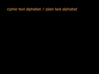 cipher text alphabet plain text alphabet6=<latexit sha1_base64="oeVIw5oD/ZHewQ4HSdkzrUVYJ9Y=">AAAB63icdVDLSsNAFJ3UV62vqks3g0VwFRL7SJYFXbisYB/QhjKZTtqhM5M4MxFK6C+4caGIW3/InX/jpK2gogcuHM65l3vvCRNGlXacD6uwtr6xuVXcLu3s7u0flA+POipOJSZtHLNY9kKkCKOCtDXVjPQSSRAPGemG08vc794TqWgsbvUsIQFHY0EjipHOpYEgd8NyxbF9z69VXejYda9R83Li1ht+owpd21mgAlZoDcvvg1GMU06Exgwp1XedRAcZkppiRualQapIgvAUjUnfUIE4UUG2uHUOz4wyglEsTQkNF+r3iQxxpWY8NJ0c6Yn67eXiX14/1ZEfZFQkqSYCLxdFKYM6hvnjcEQlwZrNDEFYUnMrxBMkEdYmnpIJ4etT+D/pXNiuSeamVmlereIoghNwCs6BCzzQBNegBdoAgwl4AE/g2eLWo/VivS5bC9Zq5hj8gPX2CZsXjp4=</latexit><latexit sha1_base64="oeVIw5oD/ZHewQ4HSdkzrUVYJ9Y=">AAAB63icdVDLSsNAFJ3UV62vqks3g0VwFRL7SJYFXbisYB/QhjKZTtqhM5M4MxFK6C+4caGIW3/InX/jpK2gogcuHM65l3vvCRNGlXacD6uwtr6xuVXcLu3s7u0flA+POipOJSZtHLNY9kKkCKOCtDXVjPQSSRAPGemG08vc794TqWgsbvUsIQFHY0EjipHOpYEgd8NyxbF9z69VXejYda9R83Li1ht+owpd21mgAlZoDcvvg1GMU06Exgwp1XedRAcZkppiRualQapIgvAUjUnfUIE4UUG2uHUOz4wyglEsTQkNF+r3iQxxpWY8NJ0c6Yn67eXiX14/1ZEfZFQkqSYCLxdFKYM6hvnjcEQlwZrNDEFYUnMrxBMkEdYmnpIJ4etT+D/pXNiuSeamVmlereIoghNwCs6BCzzQBNegBdoAgwl4AE/g2eLWo/VivS5bC9Zq5hj8gPX2CZsXjp4=</latexit><latexit sha1_base64="oeVIw5oD/ZHewQ4HSdkzrUVYJ9Y=">AAAB63icdVDLSsNAFJ3UV62vqks3g0VwFRL7SJYFXbisYB/QhjKZTtqhM5M4MxFK6C+4caGIW3/InX/jpK2gogcuHM65l3vvCRNGlXacD6uwtr6xuVXcLu3s7u0flA+POipOJSZtHLNY9kKkCKOCtDXVjPQSSRAPGemG08vc794TqWgsbvUsIQFHY0EjipHOpYEgd8NyxbF9z69VXejYda9R83Li1ht+owpd21mgAlZoDcvvg1GMU06Exgwp1XedRAcZkppiRualQapIgvAUjUnfUIE4UUG2uHUOz4wyglEsTQkNF+r3iQxxpWY8NJ0c6Yn67eXiX14/1ZEfZFQkqSYCLxdFKYM6hvnjcEQlwZrNDEFYUnMrxBMkEdYmnpIJ4etT+D/pXNiuSeamVmlereIoghNwCs6BCzzQBNegBdoAgwl4AE/g2eLWo/VivS5bC9Zq5hj8gPX2CZsXjp4=</latexit><latexit sha1_base64="oeVIw5oD/ZHewQ4HSdkzrUVYJ9Y=">AAAB63icdVDLSsNAFJ3UV62vqks3g0VwFRL7SJYFXbisYB/QhjKZTtqhM5M4MxFK6C+4caGIW3/InX/jpK2gogcuHM65l3vvCRNGlXacD6uwtr6xuVXcLu3s7u0flA+POipOJSZtHLNY9kKkCKOCtDXVjPQSSRAPGemG08vc794TqWgsbvUsIQFHY0EjipHOpYEgd8NyxbF9z69VXejYda9R83Li1ht+owpd21mgAlZoDcvvg1GMU06Exgwp1XedRAcZkppiRualQapIgvAUjUnfUIE4UUG2uHUOz4wyglEsTQkNF+r3iQxxpWY8NJ0c6Yn67eXiX14/1ZEfZFQkqSYCLxdFKYM6hvnjcEQlwZrNDEFYUnMrxBMkEdYmnpIJ4etT+D/pXNiuSeamVmlereIoghNwCs6BCzzQBNegBdoAgwl4AE/g2eLWo/VivS5bC9Zq5hj8gPX2CZsXjp4=</latexit>
 
