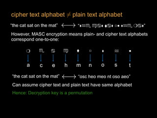 cipher text alphabet plain text alphabet6=<latexit sha1_base64="oeVIw5oD/ZHewQ4HSdkzrUVYJ9Y=">AAAB63icdVDLSsNAFJ3UV62vqks3g0VwFRL7SJYFXbisYB/QhjKZTtqhM5M4MxFK6C+4caGIW3/InX/jpK2gogcuHM65l3vvCRNGlXacD6uwtr6xuVXcLu3s7u0flA+POipOJSZtHLNY9kKkCKOCtDXVjPQSSRAPGemG08vc794TqWgsbvUsIQFHY0EjipHOpYEgd8NyxbF9z69VXejYda9R83Li1ht+owpd21mgAlZoDcvvg1GMU06Exgwp1XedRAcZkppiRualQapIgvAUjUnfUIE4UUG2uHUOz4wyglEsTQkNF+r3iQxxpWY8NJ0c6Yn67eXiX14/1ZEfZFQkqSYCLxdFKYM6hvnjcEQlwZrNDEFYUnMrxBMkEdYmnpIJ4etT+D/pXNiuSeamVmlereIoghNwCs6BCzzQBNegBdoAgwl4AE/g2eLWo/VivS5bC9Zq5hj8gPX2CZsXjp4=</latexit><latexit sha1_base64="oeVIw5oD/ZHewQ4HSdkzrUVYJ9Y=">AAAB63icdVDLSsNAFJ3UV62vqks3g0VwFRL7SJYFXbisYB/QhjKZTtqhM5M4MxFK6C+4caGIW3/InX/jpK2gogcuHM65l3vvCRNGlXacD6uwtr6xuVXcLu3s7u0flA+POipOJSZtHLNY9kKkCKOCtDXVjPQSSRAPGemG08vc794TqWgsbvUsIQFHY0EjipHOpYEgd8NyxbF9z69VXejYda9R83Li1ht+owpd21mgAlZoDcvvg1GMU06Exgwp1XedRAcZkppiRualQapIgvAUjUnfUIE4UUG2uHUOz4wyglEsTQkNF+r3iQxxpWY8NJ0c6Yn67eXiX14/1ZEfZFQkqSYCLxdFKYM6hvnjcEQlwZrNDEFYUnMrxBMkEdYmnpIJ4etT+D/pXNiuSeamVmlereIoghNwCs6BCzzQBNegBdoAgwl4AE/g2eLWo/VivS5bC9Zq5hj8gPX2CZsXjp4=</latexit><latexit sha1_base64="oeVIw5oD/ZHewQ4HSdkzrUVYJ9Y=">AAAB63icdVDLSsNAFJ3UV62vqks3g0VwFRL7SJYFXbisYB/QhjKZTtqhM5M4MxFK6C+4caGIW3/InX/jpK2gogcuHM65l3vvCRNGlXacD6uwtr6xuVXcLu3s7u0flA+POipOJSZtHLNY9kKkCKOCtDXVjPQSSRAPGemG08vc794TqWgsbvUsIQFHY0EjipHOpYEgd8NyxbF9z69VXejYda9R83Li1ht+owpd21mgAlZoDcvvg1GMU06Exgwp1XedRAcZkppiRualQapIgvAUjUnfUIE4UUG2uHUOz4wyglEsTQkNF+r3iQxxpWY8NJ0c6Yn67eXiX14/1ZEfZFQkqSYCLxdFKYM6hvnjcEQlwZrNDEFYUnMrxBMkEdYmnpIJ4etT+D/pXNiuSeamVmlereIoghNwCs6BCzzQBNegBdoAgwl4AE/g2eLWo/VivS5bC9Zq5hj8gPX2CZsXjp4=</latexit><latexit sha1_base64="oeVIw5oD/ZHewQ4HSdkzrUVYJ9Y=">AAAB63icdVDLSsNAFJ3UV62vqks3g0VwFRL7SJYFXbisYB/QhjKZTtqhM5M4MxFK6C+4caGIW3/InX/jpK2gogcuHM65l3vvCRNGlXacD6uwtr6xuVXcLu3s7u0flA+POipOJSZtHLNY9kKkCKOCtDXVjPQSSRAPGemG08vc794TqWgsbvUsIQFHY0EjipHOpYEgd8NyxbF9z69VXejYda9R83Li1ht+owpd21mgAlZoDcvvg1GMU06Exgwp1XedRAcZkppiRualQapIgvAUjUnfUIE4UUG2uHUOz4wyglEsTQkNF+r3iQxxpWY8NJ0c6Yn67eXiX14/1ZEfZFQkqSYCLxdFKYM6hvnjcEQlwZrNDEFYUnMrxBMkEdYmnpIJ4etT+D/pXNiuSeamVmlereIoghNwCs6BCzzQBNegBdoAgwl4AE/g2eLWo/VivS5bC9Zq5hj8gPX2CZsXjp4=</latexit>
“the cat sat on the mat” “⧫︎♒♏ ♍♋⧫︎ ⬧♋⧫︎ □︎■︎ ⧫︎♒♏ ❍♋⧫︎”!<latexit sha1_base64="VUwNDctZDZEgUdxnnuk75cyH/NM=">AAAB/HicdVDLSgMxFM34rPVV7dJNsAiuhowK2l1BFy4r2Ae0Q8mkmTY0kwzJHaWU+ituXCji1g9x59+YPgSfBy4czrmXe++JUiksEPLuLSwuLa+s5tby6xubW9uFnd261ZlhvMa01KYZUculULwGAiRvpobTJJK8EQ3OJ37jhhsrtLqGYcrDhPaUiAWj4KROodiWWvUkj8GIXh+oMfq2UygRv1w+JoTg3yTwyRQlNEe1U3hrdzXLEq6ASWptKyAphCNqQDDJx/l2ZnlK2YD2eMtRRRNuw9H0+DE+cEoXx9q4UoCn6teJEU2sHSaR60wo9O1PbyL+5bUyiM/CkVBpBlyx2aI4kxg0niSBu8JwBnLoCGVGuFsx61NDGbi88i6Ez0/x/6R+5AfED65OSpWLeRw5tIf20SEK0CmqoEtURTXE0BDdo0f05N15D96z9zJrXfDmM0X0Dd7rBwWylao=</latexit><latexit sha1_base64="VUwNDctZDZEgUdxnnuk75cyH/NM=">AAAB/HicdVDLSgMxFM34rPVV7dJNsAiuhowK2l1BFy4r2Ae0Q8mkmTY0kwzJHaWU+ituXCji1g9x59+YPgSfBy4czrmXe++JUiksEPLuLSwuLa+s5tby6xubW9uFnd261ZlhvMa01KYZUculULwGAiRvpobTJJK8EQ3OJ37jhhsrtLqGYcrDhPaUiAWj4KROodiWWvUkj8GIXh+oMfq2UygRv1w+JoTg3yTwyRQlNEe1U3hrdzXLEq6ASWptKyAphCNqQDDJx/l2ZnlK2YD2eMtRRRNuw9H0+DE+cEoXx9q4UoCn6teJEU2sHSaR60wo9O1PbyL+5bUyiM/CkVBpBlyx2aI4kxg0niSBu8JwBnLoCGVGuFsx61NDGbi88i6Ez0/x/6R+5AfED65OSpWLeRw5tIf20SEK0CmqoEtURTXE0BDdo0f05N15D96z9zJrXfDmM0X0Dd7rBwWylao=</latexit><latexit sha1_base64="VUwNDctZDZEgUdxnnuk75cyH/NM=">AAAB/HicdVDLSgMxFM34rPVV7dJNsAiuhowK2l1BFy4r2Ae0Q8mkmTY0kwzJHaWU+ituXCji1g9x59+YPgSfBy4czrmXe++JUiksEPLuLSwuLa+s5tby6xubW9uFnd261ZlhvMa01KYZUculULwGAiRvpobTJJK8EQ3OJ37jhhsrtLqGYcrDhPaUiAWj4KROodiWWvUkj8GIXh+oMfq2UygRv1w+JoTg3yTwyRQlNEe1U3hrdzXLEq6ASWptKyAphCNqQDDJx/l2ZnlK2YD2eMtRRRNuw9H0+DE+cEoXx9q4UoCn6teJEU2sHSaR60wo9O1PbyL+5bUyiM/CkVBpBlyx2aI4kxg0niSBu8JwBnLoCGVGuFsx61NDGbi88i6Ez0/x/6R+5AfED65OSpWLeRw5tIf20SEK0CmqoEtURTXE0BDdo0f05N15D96z9zJrXfDmM0X0Dd7rBwWylao=</latexit><latexit sha1_base64="VUwNDctZDZEgUdxnnuk75cyH/NM=">AAAB/HicdVDLSgMxFM34rPVV7dJNsAiuhowK2l1BFy4r2Ae0Q8mkmTY0kwzJHaWU+ituXCji1g9x59+YPgSfBy4czrmXe++JUiksEPLuLSwuLa+s5tby6xubW9uFnd261ZlhvMa01KYZUculULwGAiRvpobTJJK8EQ3OJ37jhhsrtLqGYcrDhPaUiAWj4KROodiWWvUkj8GIXh+oMfq2UygRv1w+JoTg3yTwyRQlNEe1U3hrdzXLEq6ASWptKyAphCNqQDDJx/l2ZnlK2YD2eMtRRRNuw9H0+DE+cEoXx9q4UoCn6teJEU2sHSaR60wo9O1PbyL+5bUyiM/CkVBpBlyx2aI4kxg0niSBu8JwBnLoCGVGuFsx61NDGbi88i6Ez0/x/6R+5AfED65OSpWLeRw5tIf20SEK0CmqoEtURTXE0BDdo0f05N15D96z9zJrXfDmM0X0Dd7rBwWylao=</latexit>
However, MASC encryption means plain- and cipher text alphabets
correspond one-to-one:
⧫︎ ♒♏ ♍♋ ⬧ □︎ ■︎❍
ca e m n o s th
“the cat sat on the mat” !<latexit sha1_base64="VUwNDctZDZEgUdxnnuk75cyH/NM=">AAAB/HicdVDLSgMxFM34rPVV7dJNsAiuhowK2l1BFy4r2Ae0Q8mkmTY0kwzJHaWU+ituXCji1g9x59+YPgSfBy4czrmXe++JUiksEPLuLSwuLa+s5tby6xubW9uFnd261ZlhvMa01KYZUculULwGAiRvpobTJJK8EQ3OJ37jhhsrtLqGYcrDhPaUiAWj4KROodiWWvUkj8GIXh+oMfq2UygRv1w+JoTg3yTwyRQlNEe1U3hrdzXLEq6ASWptKyAphCNqQDDJx/l2ZnlK2YD2eMtRRRNuw9H0+DE+cEoXx9q4UoCn6teJEU2sHSaR60wo9O1PbyL+5bUyiM/CkVBpBlyx2aI4kxg0niSBu8JwBnLoCGVGuFsx61NDGbi88i6Ez0/x/6R+5AfED65OSpWLeRw5tIf20SEK0CmqoEtURTXE0BDdo0f05N15D96z9zJrXfDmM0X0Dd7rBwWylao=</latexit><latexit sha1_base64="VUwNDctZDZEgUdxnnuk75cyH/NM=">AAAB/HicdVDLSgMxFM34rPVV7dJNsAiuhowK2l1BFy4r2Ae0Q8mkmTY0kwzJHaWU+ituXCji1g9x59+YPgSfBy4czrmXe++JUiksEPLuLSwuLa+s5tby6xubW9uFnd261ZlhvMa01KYZUculULwGAiRvpobTJJK8EQ3OJ37jhhsrtLqGYcrDhPaUiAWj4KROodiWWvUkj8GIXh+oMfq2UygRv1w+JoTg3yTwyRQlNEe1U3hrdzXLEq6ASWptKyAphCNqQDDJx/l2ZnlK2YD2eMtRRRNuw9H0+DE+cEoXx9q4UoCn6teJEU2sHSaR60wo9O1PbyL+5bUyiM/CkVBpBlyx2aI4kxg0niSBu8JwBnLoCGVGuFsx61NDGbi88i6Ez0/x/6R+5AfED65OSpWLeRw5tIf20SEK0CmqoEtURTXE0BDdo0f05N15D96z9zJrXfDmM0X0Dd7rBwWylao=</latexit><latexit sha1_base64="VUwNDctZDZEgUdxnnuk75cyH/NM=">AAAB/HicdVDLSgMxFM34rPVV7dJNsAiuhowK2l1BFy4r2Ae0Q8mkmTY0kwzJHaWU+ituXCji1g9x59+YPgSfBy4czrmXe++JUiksEPLuLSwuLa+s5tby6xubW9uFnd261ZlhvMa01KYZUculULwGAiRvpobTJJK8EQ3OJ37jhhsrtLqGYcrDhPaUiAWj4KROodiWWvUkj8GIXh+oMfq2UygRv1w+JoTg3yTwyRQlNEe1U3hrdzXLEq6ASWptKyAphCNqQDDJx/l2ZnlK2YD2eMtRRRNuw9H0+DE+cEoXx9q4UoCn6teJEU2sHSaR60wo9O1PbyL+5bUyiM/CkVBpBlyx2aI4kxg0niSBu8JwBnLoCGVGuFsx61NDGbi88i6Ez0/x/6R+5AfED65OSpWLeRw5tIf20SEK0CmqoEtURTXE0BDdo0f05N15D96z9zJrXfDmM0X0Dd7rBwWylao=</latexit><latexit sha1_base64="VUwNDctZDZEgUdxnnuk75cyH/NM=">AAAB/HicdVDLSgMxFM34rPVV7dJNsAiuhowK2l1BFy4r2Ae0Q8mkmTY0kwzJHaWU+ituXCji1g9x59+YPgSfBy4czrmXe++JUiksEPLuLSwuLa+s5tby6xubW9uFnd261ZlhvMa01KYZUculULwGAiRvpobTJJK8EQ3OJ37jhhsrtLqGYcrDhPaUiAWj4KROodiWWvUkj8GIXh+oMfq2UygRv1w+JoTg3yTwyRQlNEe1U3hrdzXLEq6ASWptKyAphCNqQDDJx/l2ZnlK2YD2eMtRRRNuw9H0+DE+cEoXx9q4UoCn6teJEU2sHSaR60wo9O1PbyL+5bUyiM/CkVBpBlyx2aI4kxg0niSBu8JwBnLoCGVGuFsx61NDGbi88i6Ez0/x/6R+5AfED65OSpWLeRw5tIf20SEK0CmqoEtURTXE0BDdo0f05N15D96z9zJrXfDmM0X0Dd7rBwWylao=</latexit>
“osc heo meo nt oso aeo”
Can assume cipher text and plain text have same alphabet
Hence: Decryption key is a permutation
 