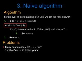 3. Naive algorithm
1 million/sec trillion years' 13<latexit sha1_base64="PGOENoe/iSw6J2lmks/eCSB0UOg=">AAAB8HicdVDJSgNBEO2JW4xb1KOXxiB4GmZMxOQiAS8eI5hFkiH0dGqSJt09Y3ePEEK+wosHRbz6Od78GzuL4Pqg4PFeFVX1woQzbTzv3cksLa+srmXXcxubW9s7+d29ho5TRaFOYx6rVkg0cCahbpjh0EoUEBFyaIbDi6nfvAOlWSyvzSiBQJC+ZBGjxFjppqOZgFvsF7v5gudWypVS8RT/Jr7rzVBAC9S6+bdOL6apAGkoJ1q3fS8xwZgowyiHSa6TakgIHZI+tC2VRIAOxrODJ/jIKj0cxcqWNHimfp0YE6H1SIS2UxAz0D+9qfiX105NVA7GTCapAUnni6KUYxPj6fe4xxRQw0eWEKqYvRXTAVGEGptRzobw+Sn+nzROXN9z/atSoXq+iCOLDtAhOkY+OkNVdIlqqI4oEugePaInRzkPzrPzMm/NOIuZffQNzusHlICQQQ==</latexit><latexit sha1_base64="PGOENoe/iSw6J2lmks/eCSB0UOg=">AAAB8HicdVDJSgNBEO2JW4xb1KOXxiB4GmZMxOQiAS8eI5hFkiH0dGqSJt09Y3ePEEK+wosHRbz6Od78GzuL4Pqg4PFeFVX1woQzbTzv3cksLa+srmXXcxubW9s7+d29ho5TRaFOYx6rVkg0cCahbpjh0EoUEBFyaIbDi6nfvAOlWSyvzSiBQJC+ZBGjxFjppqOZgFvsF7v5gudWypVS8RT/Jr7rzVBAC9S6+bdOL6apAGkoJ1q3fS8xwZgowyiHSa6TakgIHZI+tC2VRIAOxrODJ/jIKj0cxcqWNHimfp0YE6H1SIS2UxAz0D+9qfiX105NVA7GTCapAUnni6KUYxPj6fe4xxRQw0eWEKqYvRXTAVGEGptRzobw+Sn+nzROXN9z/atSoXq+iCOLDtAhOkY+OkNVdIlqqI4oEugePaInRzkPzrPzMm/NOIuZffQNzusHlICQQQ==</latexit><latexit sha1_base64="PGOENoe/iSw6J2lmks/eCSB0UOg=">AAAB8HicdVDJSgNBEO2JW4xb1KOXxiB4GmZMxOQiAS8eI5hFkiH0dGqSJt09Y3ePEEK+wosHRbz6Od78GzuL4Pqg4PFeFVX1woQzbTzv3cksLa+srmXXcxubW9s7+d29ho5TRaFOYx6rVkg0cCahbpjh0EoUEBFyaIbDi6nfvAOlWSyvzSiBQJC+ZBGjxFjppqOZgFvsF7v5gudWypVS8RT/Jr7rzVBAC9S6+bdOL6apAGkoJ1q3fS8xwZgowyiHSa6TakgIHZI+tC2VRIAOxrODJ/jIKj0cxcqWNHimfp0YE6H1SIS2UxAz0D+9qfiX105NVA7GTCapAUnni6KUYxPj6fe4xxRQw0eWEKqYvRXTAVGEGptRzobw+Sn+nzROXN9z/atSoXq+iCOLDtAhOkY+OkNVdIlqqI4oEugePaInRzkPzrPzMm/NOIuZffQNzusHlICQQQ==</latexit><latexit sha1_base64="hP+6LrUf2d3tZaldqaQQvEKMXyw=">AAAB2XicbZDNSgMxFIXv1L86Vq1rN8EiuCozbnQpuHFZwbZCO5RM5k4bmskMyR2hDH0BF25EfC93vo3pz0JbDwQ+zknIvSculLQUBN9ebWd3b/+gfugfNfzjk9Nmo2fz0gjsilzl5jnmFpXU2CVJCp8LgzyLFfbj6f0i77+gsTLXTzQrMMr4WMtUCk7O6oyaraAdLMW2IVxDC9YaNb+GSS7KDDUJxa0dhEFBUcUNSaFw7g9LiwUXUz7GgUPNM7RRtRxzzi6dk7A0N+5oYkv394uKZ9bOstjdzDhN7Ga2MP/LBiWlt1EldVESarH6KC0Vo5wtdmaJNChIzRxwYaSblYkJN1yQa8Z3HYSbG29D77odBu3wMYA6nMMFXEEIN3AHD9CBLghI4BXevYn35n2suqp569LO4I+8zx84xIo4</latexit><latexit sha1_base64="y9OegHeckskHDmulfK1vupEQ6Ro=">AAAB5XicbZDNSgMxFIXv1L9aq1a3boJFcFVmdKFLwY3LCvZH2qFk0jttaJIZk4xQhj6FGxeK+ErufBvTaRfaeiDwcU5C7j1RKrixvv/tlTY2t7Z3yruVver+wWHtqNo2SaYZtlgiEt2NqEHBFbYstwK7qUYqI4GdaHI7zzvPqA1P1IOdphhKOlI85oxaZz32DZf4RILLQa3uN/xCZB2CJdRhqeag9tUfJiyTqCwT1Jhe4Kc2zKm2nAmcVfqZwZSyCR1hz6GiEk2YFwPPyJlzhiROtDvKksL9/SKn0pipjNxNSe3YrGZz87+sl9n4Osy5SjOLii0+ijNBbELm25Mh18ismDqgTHM3K2FjqimzrqOKKyFYXXkd2heNwG8E9z6U4QRO4RwCuIIbuIMmtICBhBd4g3dPe6/ex6Kukrfs7Rj+yPv8Ab35jng=</latexit><latexit sha1_base64="7NMmtXSxOWbnXkf9+mogHD5vrqo=">AAAB5XicdVDLSgNBEOyNrxijRq9eBoPgadk1islN8OIxgnlIsoTZSW8yZGZ3nZkVQshXePGgiL/kzb9x8hB8FjQUVd10d4Wp4Np43ruTW1ldW9/Ibxa2its7u6W9YlMnmWLYYIlIVDukGgWPsWG4EdhOFVIZCmyFo8uZ37pHpXkS35hxioGkg5hHnFFjpduu5hLviF/plcqeW6vWTitn5DfxXW+OMixR75Xeuv2EZRJjwwTVuuN7qQkmVBnOBE4L3UxjStmIDrBjaUwl6mAyP3hKjqzSJ1GibMWGzNWvExMqtR7L0HZKaob6pzcT//I6mYmqwYTHaWYwZotFUSaIScjse9LnCpkRY0soU9zeStiQKsqMzahgQ/j8lPxPmieu77n+tQd5OIBDOAYfzuECrqAODWAg4QGe4NlRzqPzsogr5yxz24dvcF4/AF5bjuo=</latexit><latexit sha1_base64="nixp0y6fUQW3uXv72rzERNSfu+Q=">AAAB8HicdVDJSgNBEO2JW4xb1KOXxiB4GmZcMLlIwIvHCGaRZAg9nZqkSXfP2N0jhCFf4cWDIl79HG/+jZ1FcH1Q8Hiviqp6YcKZNp737uQWFpeWV/KrhbX1jc2t4vZOQ8epolCnMY9VKyQaOJNQN8xwaCUKiAg5NMPhxcRv3oHSLJbXZpRAIEhfsohRYqx009FMwC32j7vFkudWypWT41P8m/iuN0UJzVHrFt86vZimAqShnGjd9r3EBBlRhlEO40In1ZAQOiR9aFsqiQAdZNODx/jAKj0cxcqWNHiqfp3IiNB6JELbKYgZ6J/eRPzLa6cmKgcZk0lqQNLZoijl2MR48j3uMQXU8JElhCpmb8V0QBShxmZUsCF8for/J40j1/dc/8orVc/nceTRHtpHh8hHZ6iKLlEN1RFFAt2jR/TkKOfBeXZeZq05Zz6zi77Bef0Ak0CQPQ==</latexit><latexit sha1_base64="PGOENoe/iSw6J2lmks/eCSB0UOg=">AAAB8HicdVDJSgNBEO2JW4xb1KOXxiB4GmZMxOQiAS8eI5hFkiH0dGqSJt09Y3ePEEK+wosHRbz6Od78GzuL4Pqg4PFeFVX1woQzbTzv3cksLa+srmXXcxubW9s7+d29ho5TRaFOYx6rVkg0cCahbpjh0EoUEBFyaIbDi6nfvAOlWSyvzSiBQJC+ZBGjxFjppqOZgFvsF7v5gudWypVS8RT/Jr7rzVBAC9S6+bdOL6apAGkoJ1q3fS8xwZgowyiHSa6TakgIHZI+tC2VRIAOxrODJ/jIKj0cxcqWNHimfp0YE6H1SIS2UxAz0D+9qfiX105NVA7GTCapAUnni6KUYxPj6fe4xxRQw0eWEKqYvRXTAVGEGptRzobw+Sn+nzROXN9z/atSoXq+iCOLDtAhOkY+OkNVdIlqqI4oEugePaInRzkPzrPzMm/NOIuZffQNzusHlICQQQ==</latexit><latexit sha1_base64="PGOENoe/iSw6J2lmks/eCSB0UOg=">AAAB8HicdVDJSgNBEO2JW4xb1KOXxiB4GmZMxOQiAS8eI5hFkiH0dGqSJt09Y3ePEEK+wosHRbz6Od78GzuL4Pqg4PFeFVX1woQzbTzv3cksLa+srmXXcxubW9s7+d29ho5TRaFOYx6rVkg0cCahbpjh0EoUEBFyaIbDi6nfvAOlWSyvzSiBQJC+ZBGjxFjppqOZgFvsF7v5gudWypVS8RT/Jr7rzVBAC9S6+bdOL6apAGkoJ1q3fS8xwZgowyiHSa6TakgIHZI+tC2VRIAOxrODJ/jIKj0cxcqWNHimfp0YE6H1SIS2UxAz0D+9qfiX105NVA7GTCapAUnni6KUYxPj6fe4xxRQw0eWEKqYvRXTAVGEGptRzobw+Sn+nzROXN9z/atSoXq+iCOLDtAhOkY+OkNVdIlqqI4oEugePaInRzkPzrPzMm/NOIuZffQNzusHlICQQQ==</latexit><latexit sha1_base64="PGOENoe/iSw6J2lmks/eCSB0UOg=">AAAB8HicdVDJSgNBEO2JW4xb1KOXxiB4GmZMxOQiAS8eI5hFkiH0dGqSJt09Y3ePEEK+wosHRbz6Od78GzuL4Pqg4PFeFVX1woQzbTzv3cksLa+srmXXcxubW9s7+d29ho5TRaFOYx6rVkg0cCahbpjh0EoUEBFyaIbDi6nfvAOlWSyvzSiBQJC+ZBGjxFjppqOZgFvsF7v5gudWypVS8RT/Jr7rzVBAC9S6+bdOL6apAGkoJ1q3fS8xwZgowyiHSa6TakgIHZI+tC2VRIAOxrODJ/jIKj0cxcqWNHimfp0YE6H1SIS2UxAz0D+9qfiX105NVA7GTCapAUnni6KUYxPj6fe4xxRQw0eWEKqYvRXTAVGEGptRzobw+Sn+nzROXN9z/atSoXq+iCOLDtAhOkY+OkNVdIlqqI4oEugePaInRzkPzrPzMm/NOIuZffQNzusHlICQQQ==</latexit><latexit sha1_base64="PGOENoe/iSw6J2lmks/eCSB0UOg=">AAAB8HicdVDJSgNBEO2JW4xb1KOXxiB4GmZMxOQiAS8eI5hFkiH0dGqSJt09Y3ePEEK+wosHRbz6Od78GzuL4Pqg4PFeFVX1woQzbTzv3cksLa+srmXXcxubW9s7+d29ho5TRaFOYx6rVkg0cCahbpjh0EoUEBFyaIbDi6nfvAOlWSyvzSiBQJC+ZBGjxFjppqOZgFvsF7v5gudWypVS8RT/Jr7rzVBAC9S6+bdOL6apAGkoJ1q3fS8xwZgowyiHSa6TakgIHZI+tC2VRIAOxrODJ/jIKj0cxcqWNHimfp0YE6H1SIS2UxAz0D+9qfiX105NVA7GTCapAUnni6KUYxPj6fe4xxRQw0eWEKqYvRXTAVGEGptRzobw+Sn+nzROXN9z/atSoXq+iCOLDtAhOkY+OkNVdIlqqI4oEugePaInRzkPzrPzMm/NOIuZffQNzusHlICQQQ==</latexit><latexit sha1_base64="PGOENoe/iSw6J2lmks/eCSB0UOg=">AAAB8HicdVDJSgNBEO2JW4xb1KOXxiB4GmZMxOQiAS8eI5hFkiH0dGqSJt09Y3ePEEK+wosHRbz6Od78GzuL4Pqg4PFeFVX1woQzbTzv3cksLa+srmXXcxubW9s7+d29ho5TRaFOYx6rVkg0cCahbpjh0EoUEBFyaIbDi6nfvAOlWSyvzSiBQJC+ZBGjxFjppqOZgFvsF7v5gudWypVS8RT/Jr7rzVBAC9S6+bdOL6apAGkoJ1q3fS8xwZgowyiHSa6TakgIHZI+tC2VRIAOxrODJ/jIKj0cxcqWNHimfp0YE6H1SIS2UxAz0D+9qfiX105NVA7GTCapAUnni6KUYxPj6fe4xxRQw0eWEKqYvRXTAVGEGptRzobw+Sn+nzROXN9z/atSoXq+iCOLDtAhOkY+OkNVdIlqqI4oEugePaInRzkPzrPzMm/NOIuZffQNzusHlICQQQ==</latexit><latexit sha1_base64="PGOENoe/iSw6J2lmks/eCSB0UOg=">AAAB8HicdVDJSgNBEO2JW4xb1KOXxiB4GmZMxOQiAS8eI5hFkiH0dGqSJt09Y3ePEEK+wosHRbz6Od78GzuL4Pqg4PFeFVX1woQzbTzv3cksLa+srmXXcxubW9s7+d29ho5TRaFOYx6rVkg0cCahbpjh0EoUEBFyaIbDi6nfvAOlWSyvzSiBQJC+ZBGjxFjppqOZgFvsF7v5gudWypVS8RT/Jr7rzVBAC9S6+bdOL6apAGkoJ1q3fS8xwZgowyiHSa6TakgIHZI+tC2VRIAOxrODJ/jIKj0cxcqWNHimfp0YE6H1SIS2UxAz0D+9qfiX105NVA7GTCapAUnni6KUYxPj6fe4xxRQw0eWEKqYvRXTAVGEGptRzobw+Sn+nzROXN9z/atSoXq+iCOLDtAhOkY+OkNVdIlqqI4oEugePaInRzkPzrPzMm/NOIuZffQNzusHlICQQQ==</latexit>
1. Many permutations: 26! ' 4 ⇥ 1026
<latexit sha1_base64="9M0Yb486AZay8CZJ2lFZp7o1GLA=">AAACBHicdVDLSsNAFJ3UV62vqMtuRovgKiS11nYjBTcuK9gHNLFMppN26GQSZyZCCV248VfcuFDErR/hzr9x+hB8HrhwOOde7r3HjxmVyrbfjczC4tLySnY1t7a+sbllbu80ZZQITBo4YpFo+0gSRjlpKKoYaceCoNBnpOUPzyZ+64YISSN+qUYx8ULU5zSgGCktdc18sbwHXUlDcg1L0FWaSOjYV2mxPO6aBduqVqqlo2P4mziWPUUBzFHvmm9uL8JJSLjCDEnZcexYeSkSimJGxjk3kSRGeIj6pKMpR3qZl06fGMMDrfRgEAldXMGp+nUiRaGUo9DXnSFSA/nTm4h/eZ1EBRUvpTxOFOF4tihIGFQRnCQCe1QQrNhIE4QF1bdCPEACYaVzy+kQPj+F/5Nm0XJsy7koFWqn8ziyIA/2wSFwwAmogXNQBw2AwS24B4/gybgzHoxn42XWmjHmM7vgG4zXDxj1lnw=</latexit><latexit sha1_base64="9M0Yb486AZay8CZJ2lFZp7o1GLA=">AAACBHicdVDLSsNAFJ3UV62vqMtuRovgKiS11nYjBTcuK9gHNLFMppN26GQSZyZCCV248VfcuFDErR/hzr9x+hB8HrhwOOde7r3HjxmVyrbfjczC4tLySnY1t7a+sbllbu80ZZQITBo4YpFo+0gSRjlpKKoYaceCoNBnpOUPzyZ+64YISSN+qUYx8ULU5zSgGCktdc18sbwHXUlDcg1L0FWaSOjYV2mxPO6aBduqVqqlo2P4mziWPUUBzFHvmm9uL8JJSLjCDEnZcexYeSkSimJGxjk3kSRGeIj6pKMpR3qZl06fGMMDrfRgEAldXMGp+nUiRaGUo9DXnSFSA/nTm4h/eZ1EBRUvpTxOFOF4tihIGFQRnCQCe1QQrNhIE4QF1bdCPEACYaVzy+kQPj+F/5Nm0XJsy7koFWqn8ziyIA/2wSFwwAmogXNQBw2AwS24B4/gybgzHoxn42XWmjHmM7vgG4zXDxj1lnw=</latexit><latexit sha1_base64="9M0Yb486AZay8CZJ2lFZp7o1GLA=">AAACBHicdVDLSsNAFJ3UV62vqMtuRovgKiS11nYjBTcuK9gHNLFMppN26GQSZyZCCV248VfcuFDErR/hzr9x+hB8HrhwOOde7r3HjxmVyrbfjczC4tLySnY1t7a+sbllbu80ZZQITBo4YpFo+0gSRjlpKKoYaceCoNBnpOUPzyZ+64YISSN+qUYx8ULU5zSgGCktdc18sbwHXUlDcg1L0FWaSOjYV2mxPO6aBduqVqqlo2P4mziWPUUBzFHvmm9uL8JJSLjCDEnZcexYeSkSimJGxjk3kSRGeIj6pKMpR3qZl06fGMMDrfRgEAldXMGp+nUiRaGUo9DXnSFSA/nTm4h/eZ1EBRUvpTxOFOF4tihIGFQRnCQCe1QQrNhIE4QF1bdCPEACYaVzy+kQPj+F/5Nm0XJsy7koFWqn8ziyIA/2wSFwwAmogXNQBw2AwS24B4/gybgzHoxn42XWmjHmM7vgG4zXDxj1lnw=</latexit><latexit sha1_base64="hP+6LrUf2d3tZaldqaQQvEKMXyw=">AAAB2XicbZDNSgMxFIXv1L86Vq1rN8EiuCozbnQpuHFZwbZCO5RM5k4bmskMyR2hDH0BF25EfC93vo3pz0JbDwQ+zknIvSculLQUBN9ebWd3b/+gfugfNfzjk9Nmo2fz0gjsilzl5jnmFpXU2CVJCp8LgzyLFfbj6f0i77+gsTLXTzQrMMr4WMtUCk7O6oyaraAdLMW2IVxDC9YaNb+GSS7KDDUJxa0dhEFBUcUNSaFw7g9LiwUXUz7GgUPNM7RRtRxzzi6dk7A0N+5oYkv394uKZ9bOstjdzDhN7Ga2MP/LBiWlt1EldVESarH6KC0Vo5wtdmaJNChIzRxwYaSblYkJN1yQa8Z3HYSbG29D77odBu3wMYA6nMMFXEEIN3AHD9CBLghI4BXevYn35n2suqp569LO4I+8zx84xIo4</latexit><latexit sha1_base64="ZlruCFTVElbZuCdql9PpY+O+inM=">AAAB+XicbZBLSwMxFIXv+Ky16ui2m2gRXJVMkepScOOygn1AZyyZNNOGZjJjkhHK0IUb/4obF4r4R9z5b0wfC209EPg4J+HmnjAVXBuMv5219Y3Nre3CTnG3tLd/4B6WWjrJFGVNmohEdUKimeCSNQ03gnVSxUgcCtYOR9fTvP3IlOaJvDPjlAUxGUgecUqMtXpuuVY/Rr7mMXtA58g3FjTy8H1eq096bgVX8UxoFbwFVGChRs/98vsJzWImDRVE666HUxPkRBlOBZsU/UyzlNARGbCuRUnssCCfLTFBp9bpoyhR9kiDZu7vFzmJtR7Hob0ZEzPUy9nU/C/rZia6DHIu08wwSeeDokwgk6BpI6jPFaNGjC0Qqrj9K6JDogg1treiLcFbXnkVWrWqh6veLYYClOEEzsCDC7iCG2hAEyg8wQu8wbvz7Lw6H/O61pxFb0fwR87nDwF9lJ8=</latexit><latexit sha1_base64="3G1PAVRFWoxpKm8mBeKjNEvOYGg=">AAAB+XicdZBLSwMxFIXv+Ky16ui2m2gRXA0ztdZ2J7hxWcE+oDOWTJppQzMPk4xQhi7c+FfcuFDEP+LOf2P6EHweCHyck3Bzj59wJpVtvxtLyyura+u5jfxmYWt7x9wttGScCkKbJOax6PhYUs4i2lRMcdpJBMWhz2nbH51P8/YtFZLF0ZUaJ9QL8SBiASNYaatnFsvVfeRKFtIbVEGu0iCRY19n5eqkZ5Zsq16rV45P0G9wLHumEizU6Jlvbj8maUgjRTiWsuvYifIyLBQjnE7ybippgskID2hXY4T1MC+bLTFBh9rpoyAW+kQKzdyvLzIcSjkOfX0zxGoof2ZT86+sm6qg5mUsSlJFIzIfFKQcqRhNG0F9JihRfKwBE8H0XxEZYoGJ0r3ldQmfm6L/oVW2HNtyLm3IQREO4AgcOIUzuIAGNIHAHTzAEzwb98aj8TKva8lY9LYH32S8fgCh0JUR</latexit><latexit sha1_base64="rY++Rrb648DqqZDuikKoXcvqybA=">AAACBHicdVDJSgNBEO2JW4zbqMdcWoPgaeiJMSYXCXjxGMEskBlDT6cnadKz2N0jhCEHL/6KFw+KePUjvPk3dhbB9UHB470qqup5MWdSIfRuZBYWl5ZXsqu5tfWNzS1ze6cpo0QQ2iARj0Tbw5JyFtKGYorTdiwoDjxOW97wbOK3bqiQLAov1SimboD7IfMZwUpLXTNfLO9BR7KAXsMSdJQmEtroKi2Wx12zgKxqpVo6Ooa/iW2hKQpgjnrXfHN6EUkCGirCsZQdG8XKTbFQjHA6zjmJpDEmQ9ynHU1DrJe56fSJMTzQSg/6kdAVKjhVv06kOJByFHi6M8BqIH96E/Evr5Mov+KmLIwTRUMyW+QnHKoIThKBPSYoUXykCSaC6VshGWCBidK55XQIn5/C/0mzaNnIsi9QoXY6jyML8mAfHAIbnIAaOAd10AAE3IJ78AiejDvjwXg2XmatGWM+swu+wXj9ABe1lng=</latexit><latexit sha1_base64="9M0Yb486AZay8CZJ2lFZp7o1GLA=">AAACBHicdVDLSsNAFJ3UV62vqMtuRovgKiS11nYjBTcuK9gHNLFMppN26GQSZyZCCV248VfcuFDErR/hzr9x+hB8HrhwOOde7r3HjxmVyrbfjczC4tLySnY1t7a+sbllbu80ZZQITBo4YpFo+0gSRjlpKKoYaceCoNBnpOUPzyZ+64YISSN+qUYx8ULU5zSgGCktdc18sbwHXUlDcg1L0FWaSOjYV2mxPO6aBduqVqqlo2P4mziWPUUBzFHvmm9uL8JJSLjCDEnZcexYeSkSimJGxjk3kSRGeIj6pKMpR3qZl06fGMMDrfRgEAldXMGp+nUiRaGUo9DXnSFSA/nTm4h/eZ1EBRUvpTxOFOF4tihIGFQRnCQCe1QQrNhIE4QF1bdCPEACYaVzy+kQPj+F/5Nm0XJsy7koFWqn8ziyIA/2wSFwwAmogXNQBw2AwS24B4/gybgzHoxn42XWmjHmM7vgG4zXDxj1lnw=</latexit><latexit sha1_base64="9M0Yb486AZay8CZJ2lFZp7o1GLA=">AAACBHicdVDLSsNAFJ3UV62vqMtuRovgKiS11nYjBTcuK9gHNLFMppN26GQSZyZCCV248VfcuFDErR/hzr9x+hB8HrhwOOde7r3HjxmVyrbfjczC4tLySnY1t7a+sbllbu80ZZQITBo4YpFo+0gSRjlpKKoYaceCoNBnpOUPzyZ+64YISSN+qUYx8ULU5zSgGCktdc18sbwHXUlDcg1L0FWaSOjYV2mxPO6aBduqVqqlo2P4mziWPUUBzFHvmm9uL8JJSLjCDEnZcexYeSkSimJGxjk3kSRGeIj6pKMpR3qZl06fGMMDrfRgEAldXMGp+nUiRaGUo9DXnSFSA/nTm4h/eZ1EBRUvpTxOFOF4tihIGFQRnCQCe1QQrNhIE4QF1bdCPEACYaVzy+kQPj+F/5Nm0XJsy7koFWqn8ziyIA/2wSFwwAmogXNQBw2AwS24B4/gybgzHoxn42XWmjHmM7vgG4zXDxj1lnw=</latexit><latexit sha1_base64="9M0Yb486AZay8CZJ2lFZp7o1GLA=">AAACBHicdVDLSsNAFJ3UV62vqMtuRovgKiS11nYjBTcuK9gHNLFMppN26GQSZyZCCV248VfcuFDErR/hzr9x+hB8HrhwOOde7r3HjxmVyrbfjczC4tLySnY1t7a+sbllbu80ZZQITBo4YpFo+0gSRjlpKKoYaceCoNBnpOUPzyZ+64YISSN+qUYx8ULU5zSgGCktdc18sbwHXUlDcg1L0FWaSOjYV2mxPO6aBduqVqqlo2P4mziWPUUBzFHvmm9uL8JJSLjCDEnZcexYeSkSimJGxjk3kSRGeIj6pKMpR3qZl06fGMMDrfRgEAldXMGp+nUiRaGUo9DXnSFSA/nTm4h/eZ1EBRUvpTxOFOF4tihIGFQRnCQCe1QQrNhIE4QF1bdCPEACYaVzy+kQPj+F/5Nm0XJsy7koFWqn8ziyIA/2wSFwwAmogXNQBw2AwS24B4/gybgzHoxn42XWmjHmM7vgG4zXDxj1lnw=</latexit><latexit sha1_base64="9M0Yb486AZay8CZJ2lFZp7o1GLA=">AAACBHicdVDLSsNAFJ3UV62vqMtuRovgKiS11nYjBTcuK9gHNLFMppN26GQSZyZCCV248VfcuFDErR/hzr9x+hB8HrhwOOde7r3HjxmVyrbfjczC4tLySnY1t7a+sbllbu80ZZQITBo4YpFo+0gSRjlpKKoYaceCoNBnpOUPzyZ+64YISSN+qUYx8ULU5zSgGCktdc18sbwHXUlDcg1L0FWaSOjYV2mxPO6aBduqVqqlo2P4mziWPUUBzFHvmm9uL8JJSLjCDEnZcexYeSkSimJGxjk3kSRGeIj6pKMpR3qZl06fGMMDrfRgEAldXMGp+nUiRaGUo9DXnSFSA/nTm4h/eZ1EBRUvpTxOFOF4tihIGFQRnCQCe1QQrNhIE4QF1bdCPEACYaVzy+kQPj+F/5Nm0XJsy7koFWqn8ziyIA/2wSFwwAmogXNQBw2AwS24B4/gybgzHoxn42XWmjHmM7vgG4zXDxj1lnw=</latexit><latexit sha1_base64="9M0Yb486AZay8CZJ2lFZp7o1GLA=">AAACBHicdVDLSsNAFJ3UV62vqMtuRovgKiS11nYjBTcuK9gHNLFMppN26GQSZyZCCV248VfcuFDErR/hzr9x+hB8HrhwOOde7r3HjxmVyrbfjczC4tLySnY1t7a+sbllbu80ZZQITBo4YpFo+0gSRjlpKKoYaceCoNBnpOUPzyZ+64YISSN+qUYx8ULU5zSgGCktdc18sbwHXUlDcg1L0FWaSOjYV2mxPO6aBduqVqqlo2P4mziWPUUBzFHvmm9uL8JJSLjCDEnZcexYeSkSimJGxjk3kSRGeIj6pKMpR3qZl06fGMMDrfRgEAldXMGp+nUiRaGUo9DXnSFSA/nTm4h/eZ1EBRUvpTxOFOF4tihIGFQRnCQCe1QQrNhIE4QF1bdCPEACYaVzy+kQPj+F/5Nm0XJsy7koFWqn8ziyIA/2wSFwwAmogXNQBw2AwS24B4/gybgzHoxn42XWmjHmM7vgG4zXDxj1lnw=</latexit><latexit sha1_base64="9M0Yb486AZay8CZJ2lFZp7o1GLA=">AAACBHicdVDLSsNAFJ3UV62vqMtuRovgKiS11nYjBTcuK9gHNLFMppN26GQSZyZCCV248VfcuFDErR/hzr9x+hB8HrhwOOde7r3HjxmVyrbfjczC4tLySnY1t7a+sbllbu80ZZQITBo4YpFo+0gSRjlpKKoYaceCoNBnpOUPzyZ+64YISSN+qUYx8ULU5zSgGCktdc18sbwHXUlDcg1L0FWaSOjYV2mxPO6aBduqVqqlo2P4mziWPUUBzFHvmm9uL8JJSLjCDEnZcexYeSkSimJGxjk3kSRGeIj6pKMpR3qZl06fGMMDrfRgEAldXMGp+nUiRaGUo9DXnSFSA/nTm4h/eZ1EBRUvpTxOFOF4tihIGFQRnCQCe1QQrNhIE4QF1bdCPEACYaVzy+kQPj+F/5Nm0XJsy7koFWqn8ziyIA/2wSFwwAmogXNQBw2AwS24B4/gybgzHoxn42XWmjHmM7vgG4zXDxj1lnw=</latexit>
Iterate over all permutations of until we get the right answer.A<latexit sha1_base64="N+ImR/GzV2tF2To3J0P4l87wT6c=">AAAB6HicdVDJSgNBEK2JW4xb1KOXxiB4GmZEiblIxIvHBMwCyRB6OjVJm56F7h4hDPkCLx4U8eonefNv7CyC64OCx3tVVNXzE8GVdpx3K7e0vLK6ll8vbGxube8Ud/eaKk4lwwaLRSzbPlUoeIQNzbXAdiKRhr7Alj+6mvqtO5SKx9GNHifohXQQ8YAzqo1Uv+wVS45dqZw65TPym7i2M0MJFqj1im/dfszSECPNBFWq4zqJ9jIqNWcCJ4VuqjChbEQH2DE0oiEqL5sdOiFHRumTIJamIk1m6teJjIZKjUPfdIZUD9VPbyr+5XVSHZx7GY+SVGPE5ouCVBAdk+nXpM8lMi3GhlAmubmVsCGVlGmTTcGE8Pkp+Z80T2zXsd36aal6sYgjDwdwCMfgQhmqcA01aAADhHt4hCfr1nqwnq2XeWvOWszswzdYrx8lhI0n</latexit><latexit sha1_base64="N+ImR/GzV2tF2To3J0P4l87wT6c=">AAAB6HicdVDJSgNBEK2JW4xb1KOXxiB4GmZEiblIxIvHBMwCyRB6OjVJm56F7h4hDPkCLx4U8eonefNv7CyC64OCx3tVVNXzE8GVdpx3K7e0vLK6ll8vbGxube8Ud/eaKk4lwwaLRSzbPlUoeIQNzbXAdiKRhr7Alj+6mvqtO5SKx9GNHifohXQQ8YAzqo1Uv+wVS45dqZw65TPym7i2M0MJFqj1im/dfszSECPNBFWq4zqJ9jIqNWcCJ4VuqjChbEQH2DE0oiEqL5sdOiFHRumTIJamIk1m6teJjIZKjUPfdIZUD9VPbyr+5XVSHZx7GY+SVGPE5ouCVBAdk+nXpM8lMi3GhlAmubmVsCGVlGmTTcGE8Pkp+Z80T2zXsd36aal6sYgjDwdwCMfgQhmqcA01aAADhHt4hCfr1nqwnq2XeWvOWszswzdYrx8lhI0n</latexit><latexit sha1_base64="N+ImR/GzV2tF2To3J0P4l87wT6c=">AAAB6HicdVDJSgNBEK2JW4xb1KOXxiB4GmZEiblIxIvHBMwCyRB6OjVJm56F7h4hDPkCLx4U8eonefNv7CyC64OCx3tVVNXzE8GVdpx3K7e0vLK6ll8vbGxube8Ud/eaKk4lwwaLRSzbPlUoeIQNzbXAdiKRhr7Alj+6mvqtO5SKx9GNHifohXQQ8YAzqo1Uv+wVS45dqZw65TPym7i2M0MJFqj1im/dfszSECPNBFWq4zqJ9jIqNWcCJ4VuqjChbEQH2DE0oiEqL5sdOiFHRumTIJamIk1m6teJjIZKjUPfdIZUD9VPbyr+5XVSHZx7GY+SVGPE5ouCVBAdk+nXpM8lMi3GhlAmubmVsCGVlGmTTcGE8Pkp+Z80T2zXsd36aal6sYgjDwdwCMfgQhmqcA01aAADhHt4hCfr1nqwnq2XeWvOWszswzdYrx8lhI0n</latexit><latexit sha1_base64="N+ImR/GzV2tF2To3J0P4l87wT6c=">AAAB6HicdVDJSgNBEK2JW4xb1KOXxiB4GmZEiblIxIvHBMwCyRB6OjVJm56F7h4hDPkCLx4U8eonefNv7CyC64OCx3tVVNXzE8GVdpx3K7e0vLK6ll8vbGxube8Ud/eaKk4lwwaLRSzbPlUoeIQNzbXAdiKRhr7Alj+6mvqtO5SKx9GNHifohXQQ8YAzqo1Uv+wVS45dqZw65TPym7i2M0MJFqj1im/dfszSECPNBFWq4zqJ9jIqNWcCJ4VuqjChbEQH2DE0oiEqL5sdOiFHRumTIJamIk1m6teJjIZKjUPfdIZUD9VPbyr+5XVSHZx7GY+SVGPE5ouCVBAdk+nXpM8lMi3GhlAmubmVsCGVlGmTTcGE8Pkp+Z80T2zXsd36aal6sYgjDwdwCMfgQhmqcA01aAADhHt4hCfr1nqwnq2XeWvOWszswzdYrx8lhI0n</latexit>
3. Return .<latexit sha1_base64="2xKwn9k2JTaH4lUu6vItbTsqeJo=">AAAB7XicdVDJSgNBEO2JW4xb1KOXxiB4GmZETXKRgBePEcwCyRBqOj1Jm57pprtHCEP+wYsHRbz6P978GzuL4Pqg4PFeFVX1QsmZNp737uSWlldW1/LrhY3Nre2d4u5eU4tUEdogggvVDkFTzhLaMMxw2paKQhxy2gpHl1O/dUeVZiK5MWNJgxgGCYsYAWOlZncEUkKvWPLcavn8rFLFv4nvejOU0AL1XvGt2xckjWliCAetO74nTZCBMoxwOil0U00lkBEMaMfSBGKqg2x27QQfWaWPI6FsJQbP1K8TGcRaj+PQdsZghvqnNxX/8jqpiSpBxhKZGpqQ+aIo5dgIPH0d95mixPCxJUAUs7diMgQFxNiACjaEz0/x/6R54vqe61+flmoXizjy6AAdomPkozKqoStURw1E0C26R4/oyRHOg/PsvMxbc85iZh99g/P6AVQOj58=</latexit><latexit sha1_base64="2xKwn9k2JTaH4lUu6vItbTsqeJo=">AAAB7XicdVDJSgNBEO2JW4xb1KOXxiB4GmZETXKRgBePEcwCyRBqOj1Jm57pprtHCEP+wYsHRbz6P978GzuL4Pqg4PFeFVX1QsmZNp737uSWlldW1/LrhY3Nre2d4u5eU4tUEdogggvVDkFTzhLaMMxw2paKQhxy2gpHl1O/dUeVZiK5MWNJgxgGCYsYAWOlZncEUkKvWPLcavn8rFLFv4nvejOU0AL1XvGt2xckjWliCAetO74nTZCBMoxwOil0U00lkBEMaMfSBGKqg2x27QQfWaWPI6FsJQbP1K8TGcRaj+PQdsZghvqnNxX/8jqpiSpBxhKZGpqQ+aIo5dgIPH0d95mixPCxJUAUs7diMgQFxNiACjaEz0/x/6R54vqe61+flmoXizjy6AAdomPkozKqoStURw1E0C26R4/oyRHOg/PsvMxbc85iZh99g/P6AVQOj58=</latexit><latexit sha1_base64="2xKwn9k2JTaH4lUu6vItbTsqeJo=">AAAB7XicdVDJSgNBEO2JW4xb1KOXxiB4GmZETXKRgBePEcwCyRBqOj1Jm57pprtHCEP+wYsHRbz6P978GzuL4Pqg4PFeFVX1QsmZNp737uSWlldW1/LrhY3Nre2d4u5eU4tUEdogggvVDkFTzhLaMMxw2paKQhxy2gpHl1O/dUeVZiK5MWNJgxgGCYsYAWOlZncEUkKvWPLcavn8rFLFv4nvejOU0AL1XvGt2xckjWliCAetO74nTZCBMoxwOil0U00lkBEMaMfSBGKqg2x27QQfWaWPI6FsJQbP1K8TGcRaj+PQdsZghvqnNxX/8jqpiSpBxhKZGpqQ+aIo5dgIPH0d95mixPCxJUAUs7diMgQFxNiACjaEz0/x/6R54vqe61+flmoXizjy6AAdomPkozKqoStURw1E0C26R4/oyRHOg/PsvMxbc85iZh99g/P6AVQOj58=</latexit><latexit sha1_base64="2xKwn9k2JTaH4lUu6vItbTsqeJo=">AAAB7XicdVDJSgNBEO2JW4xb1KOXxiB4GmZETXKRgBePEcwCyRBqOj1Jm57pprtHCEP+wYsHRbz6P978GzuL4Pqg4PFeFVX1QsmZNp737uSWlldW1/LrhY3Nre2d4u5eU4tUEdogggvVDkFTzhLaMMxw2paKQhxy2gpHl1O/dUeVZiK5MWNJgxgGCYsYAWOlZncEUkKvWPLcavn8rFLFv4nvejOU0AL1XvGt2xckjWliCAetO74nTZCBMoxwOil0U00lkBEMaMfSBGKqg2x27QQfWaWPI6FsJQbP1K8TGcRaj+PQdsZghvqnNxX/8jqpiSpBxhKZGpqQ+aIo5dgIPH0d95mixPCxJUAUs7diMgQFxNiACjaEz0/x/6R54vqe61+flmoXizjy6AAdomPkozKqoStURw1E0C26R4/oyRHOg/PsvMxbc85iZh99g/P6AVQOj58=</latexit>
⇡ 2 Perm(A)<latexit sha1_base64="y3/T1wtLxB2Lc90Ry55TrKu/br8=">AAACBXicdVA9SwNBEN3z2/gVtdRiMQixCXcSURtRbCwjGBVyIextJsmS3b1jd04MRxob/4qNhSK2/gc7/42bGMHPBwOP92aYmRclUlj0/TdvbHxicmp6ZjY3N7+wuJRfXjm3cWo4VHksY3MZMQtSaKiiQAmXiQGmIgkXUfd44F9cgbEi1mfYS6CuWFuLluAMndTIr4eJoKHQNES4Rh0bxWRWAaP6xaOtRr7gl/b3y/7uDv1NgpI/RIGMUGnkX8NmzFMFGrlk1tYCP8F6xgwKLqGfC1MLCeNd1oaao5opsPVs+EWfbjqlSVuxcaWRDtWvExlT1vZU5DoVw4796Q3Ev7xaiq29eiZ0kiJo/rGolUqKMR1EQpvCAEfZc4RxI9ytlHeYYRxdcDkXwuen9H9yvl0K/FJwWi4cHozimCFrZIMUSUB2ySE5IRVSJZzckDvyQB69W+/ee/KeP1rHvNHMKvkG7+UdhMCYlQ==</latexit><latexit sha1_base64="y3/T1wtLxB2Lc90Ry55TrKu/br8=">AAACBXicdVA9SwNBEN3z2/gVtdRiMQixCXcSURtRbCwjGBVyIextJsmS3b1jd04MRxob/4qNhSK2/gc7/42bGMHPBwOP92aYmRclUlj0/TdvbHxicmp6ZjY3N7+wuJRfXjm3cWo4VHksY3MZMQtSaKiiQAmXiQGmIgkXUfd44F9cgbEi1mfYS6CuWFuLluAMndTIr4eJoKHQNES4Rh0bxWRWAaP6xaOtRr7gl/b3y/7uDv1NgpI/RIGMUGnkX8NmzFMFGrlk1tYCP8F6xgwKLqGfC1MLCeNd1oaao5opsPVs+EWfbjqlSVuxcaWRDtWvExlT1vZU5DoVw4796Q3Ev7xaiq29eiZ0kiJo/rGolUqKMR1EQpvCAEfZc4RxI9ytlHeYYRxdcDkXwuen9H9yvl0K/FJwWi4cHozimCFrZIMUSUB2ySE5IRVSJZzckDvyQB69W+/ee/KeP1rHvNHMKvkG7+UdhMCYlQ==</latexit><latexit sha1_base64="y3/T1wtLxB2Lc90Ry55TrKu/br8=">AAACBXicdVA9SwNBEN3z2/gVtdRiMQixCXcSURtRbCwjGBVyIextJsmS3b1jd04MRxob/4qNhSK2/gc7/42bGMHPBwOP92aYmRclUlj0/TdvbHxicmp6ZjY3N7+wuJRfXjm3cWo4VHksY3MZMQtSaKiiQAmXiQGmIgkXUfd44F9cgbEi1mfYS6CuWFuLluAMndTIr4eJoKHQNES4Rh0bxWRWAaP6xaOtRr7gl/b3y/7uDv1NgpI/RIGMUGnkX8NmzFMFGrlk1tYCP8F6xgwKLqGfC1MLCeNd1oaao5opsPVs+EWfbjqlSVuxcaWRDtWvExlT1vZU5DoVw4796Q3Ev7xaiq29eiZ0kiJo/rGolUqKMR1EQpvCAEfZc4RxI9ytlHeYYRxdcDkXwuen9H9yvl0K/FJwWi4cHozimCFrZIMUSUB2ySE5IRVSJZzckDvyQB69W+/ee/KeP1rHvNHMKvkG7+UdhMCYlQ==</latexit><latexit sha1_base64="y3/T1wtLxB2Lc90Ry55TrKu/br8=">AAACBXicdVA9SwNBEN3z2/gVtdRiMQixCXcSURtRbCwjGBVyIextJsmS3b1jd04MRxob/4qNhSK2/gc7/42bGMHPBwOP92aYmRclUlj0/TdvbHxicmp6ZjY3N7+wuJRfXjm3cWo4VHksY3MZMQtSaKiiQAmXiQGmIgkXUfd44F9cgbEi1mfYS6CuWFuLluAMndTIr4eJoKHQNES4Rh0bxWRWAaP6xaOtRr7gl/b3y/7uDv1NgpI/RIGMUGnkX8NmzFMFGrlk1tYCP8F6xgwKLqGfC1MLCeNd1oaao5opsPVs+EWfbjqlSVuxcaWRDtWvExlT1vZU5DoVw4796Q3Ev7xaiq29eiZ0kiJo/rGolUqKMR1EQpvCAEfZc4RxI9ytlHeYYRxdcDkXwuen9H9yvl0K/FJwWi4cHozimCFrZIMUSUB2ySE5IRVSJZzckDvyQB69W+/ee/KeP1rHvNHMKvkG7+UdhMCYlQ==</latexit>
for all :
1. Set  := idA 2 Perm(A)<latexit sha1_base64="6FUOvOxNzPJS9bf6hxSU+MZCmO0=">AAACH3icdVBNSyNBEO3xa934sdE97qXZIOglzEhc1wVF2YvHLGxUyIRQ06lok+6eobtGNgzzT7z4V7x4WJHFm/9mOzGCnw8KHu9VUVUvyZR0FIb3wdT0zOzch/mPlYXFpeVP1ZXVI5fmVmBLpCq1Jwk4VNJgiyQpPMksgk4UHieDnyP/+Bytk6n5TcMMOxpOjexLAeSlbvVbPIAsA/5jl8eEf8ikVoMqZK/sFgclj6V5pjfR6nL9YKNbrYX1nZ1GuL3FX5OoHo5RYxM0u9W7uJeKXKMhocC5dhRm1CnAkhQKy0qcO8xADOAU254a0Og6xfi/kq95pcf7qfVliI/VpxMFaOeGOvGdGujMvfRG4lteO6f+904hTZYTGvGwqJ8rTikfhcV70qIgNfQEhJX+Vi7OwIIgH2nFh/D4KX+fHG3Wo7Ae/WrU9vcmccyzL+wrW2cR22b77JA1WYsJdsGu2F92E1wG18Ft8O+hdSqYzHxmzxDc/wfvKKOL</latexit><latexit sha1_base64="6FUOvOxNzPJS9bf6hxSU+MZCmO0=">AAACH3icdVBNSyNBEO3xa934sdE97qXZIOglzEhc1wVF2YvHLGxUyIRQ06lok+6eobtGNgzzT7z4V7x4WJHFm/9mOzGCnw8KHu9VUVUvyZR0FIb3wdT0zOzch/mPlYXFpeVP1ZXVI5fmVmBLpCq1Jwk4VNJgiyQpPMksgk4UHieDnyP/+Bytk6n5TcMMOxpOjexLAeSlbvVbPIAsA/5jl8eEf8ikVoMqZK/sFgclj6V5pjfR6nL9YKNbrYX1nZ1GuL3FX5OoHo5RYxM0u9W7uJeKXKMhocC5dhRm1CnAkhQKy0qcO8xADOAU254a0Og6xfi/kq95pcf7qfVliI/VpxMFaOeGOvGdGujMvfRG4lteO6f+904hTZYTGvGwqJ8rTikfhcV70qIgNfQEhJX+Vi7OwIIgH2nFh/D4KX+fHG3Wo7Ae/WrU9vcmccyzL+wrW2cR22b77JA1WYsJdsGu2F92E1wG18Ft8O+hdSqYzHxmzxDc/wfvKKOL</latexit><latexit sha1_base64="6FUOvOxNzPJS9bf6hxSU+MZCmO0=">AAACH3icdVBNSyNBEO3xa934sdE97qXZIOglzEhc1wVF2YvHLGxUyIRQ06lok+6eobtGNgzzT7z4V7x4WJHFm/9mOzGCnw8KHu9VUVUvyZR0FIb3wdT0zOzch/mPlYXFpeVP1ZXVI5fmVmBLpCq1Jwk4VNJgiyQpPMksgk4UHieDnyP/+Bytk6n5TcMMOxpOjexLAeSlbvVbPIAsA/5jl8eEf8ikVoMqZK/sFgclj6V5pjfR6nL9YKNbrYX1nZ1GuL3FX5OoHo5RYxM0u9W7uJeKXKMhocC5dhRm1CnAkhQKy0qcO8xADOAU254a0Og6xfi/kq95pcf7qfVliI/VpxMFaOeGOvGdGujMvfRG4lteO6f+904hTZYTGvGwqJ8rTikfhcV70qIgNfQEhJX+Vi7OwIIgH2nFh/D4KX+fHG3Wo7Ae/WrU9vcmccyzL+wrW2cR22b77JA1WYsJdsGu2F92E1wG18Ft8O+hdSqYzHxmzxDc/wfvKKOL</latexit><latexit sha1_base64="6FUOvOxNzPJS9bf6hxSU+MZCmO0=">AAACH3icdVBNSyNBEO3xa934sdE97qXZIOglzEhc1wVF2YvHLGxUyIRQ06lok+6eobtGNgzzT7z4V7x4WJHFm/9mOzGCnw8KHu9VUVUvyZR0FIb3wdT0zOzch/mPlYXFpeVP1ZXVI5fmVmBLpCq1Jwk4VNJgiyQpPMksgk4UHieDnyP/+Bytk6n5TcMMOxpOjexLAeSlbvVbPIAsA/5jl8eEf8ikVoMqZK/sFgclj6V5pjfR6nL9YKNbrYX1nZ1GuL3FX5OoHo5RYxM0u9W7uJeKXKMhocC5dhRm1CnAkhQKy0qcO8xADOAU254a0Og6xfi/kq95pcf7qfVliI/VpxMFaOeGOvGdGujMvfRG4lteO6f+904hTZYTGvGwqJ8rTikfhcV70qIgNfQEhJX+Vi7OwIIgH2nFh/D4KX+fHG3Wo7Ae/WrU9vcmccyzL+wrW2cR22b77JA1WYsJdsGu2F92E1wG18Ft8O+hdSqYzHxmzxDc/wfvKKOL</latexit>
if is more similar to than is similar to :⇡(C)<latexit sha1_base64="t2jcUmlvV7oyZBOWwmAd7IOF5/Y=">AAAB7XicdVDJSgNBEK2JW4xb1KOXxiDES5iRSMxFArl4jGAWSIbQ0+lJ2vR0D909QhjyD148KOLV//Hm39hZBNcHBY/3qqiqF8ScaeO6705mZXVtfSO7mdva3tndy+8ftLRMFKFNIrlUnQBrypmgTcMMp51YURwFnLaDcX3mt++o0kyKGzOJqR/hoWAhI9hYqdWLWbF+2s8X3FK1WnYr5+g38UruHAVYotHPv/UGkiQRFYZwrHXXc2Pjp1gZRjid5nqJpjEmYzykXUsFjqj20/m1U3RilQEKpbIlDJqrXydSHGk9iQLbGWEz0j+9mfiX101MeOGnTMSJoYIsFoUJR0ai2etowBQlhk8swUQxeysiI6wwMTagnA3h81P0P2mdlTy35F2XC7XLZRxZOIJjKIIHFajBFTSgCQRu4R4e4cmRzoPz7LwsWjPOcuYQvsF5/QA1s47h</latexit><latexit sha1_base64="t2jcUmlvV7oyZBOWwmAd7IOF5/Y=">AAAB7XicdVDJSgNBEK2JW4xb1KOXxiDES5iRSMxFArl4jGAWSIbQ0+lJ2vR0D909QhjyD148KOLV//Hm39hZBNcHBY/3qqiqF8ScaeO6705mZXVtfSO7mdva3tndy+8ftLRMFKFNIrlUnQBrypmgTcMMp51YURwFnLaDcX3mt++o0kyKGzOJqR/hoWAhI9hYqdWLWbF+2s8X3FK1WnYr5+g38UruHAVYotHPv/UGkiQRFYZwrHXXc2Pjp1gZRjid5nqJpjEmYzykXUsFjqj20/m1U3RilQEKpbIlDJqrXydSHGk9iQLbGWEz0j+9mfiX101MeOGnTMSJoYIsFoUJR0ai2etowBQlhk8swUQxeysiI6wwMTagnA3h81P0P2mdlTy35F2XC7XLZRxZOIJjKIIHFajBFTSgCQRu4R4e4cmRzoPz7LwsWjPOcuYQvsF5/QA1s47h</latexit><latexit sha1_base64="t2jcUmlvV7oyZBOWwmAd7IOF5/Y=">AAAB7XicdVDJSgNBEK2JW4xb1KOXxiDES5iRSMxFArl4jGAWSIbQ0+lJ2vR0D909QhjyD148KOLV//Hm39hZBNcHBY/3qqiqF8ScaeO6705mZXVtfSO7mdva3tndy+8ftLRMFKFNIrlUnQBrypmgTcMMp51YURwFnLaDcX3mt++o0kyKGzOJqR/hoWAhI9hYqdWLWbF+2s8X3FK1WnYr5+g38UruHAVYotHPv/UGkiQRFYZwrHXXc2Pjp1gZRjid5nqJpjEmYzykXUsFjqj20/m1U3RilQEKpbIlDJqrXydSHGk9iQLbGWEz0j+9mfiX101MeOGnTMSJoYIsFoUJR0ai2etowBQlhk8swUQxeysiI6wwMTagnA3h81P0P2mdlTy35F2XC7XLZRxZOIJjKIIHFajBFTSgCQRu4R4e4cmRzoPz7LwsWjPOcuYQvsF5/QA1s47h</latexit><latexit sha1_base64="t2jcUmlvV7oyZBOWwmAd7IOF5/Y=">AAAB7XicdVDJSgNBEK2JW4xb1KOXxiDES5iRSMxFArl4jGAWSIbQ0+lJ2vR0D909QhjyD148KOLV//Hm39hZBNcHBY/3qqiqF8ScaeO6705mZXVtfSO7mdva3tndy+8ftLRMFKFNIrlUnQBrypmgTcMMp51YURwFnLaDcX3mt++o0kyKGzOJqR/hoWAhI9hYqdWLWbF+2s8X3FK1WnYr5+g38UruHAVYotHPv/UGkiQRFYZwrHXXc2Pjp1gZRjid5nqJpjEmYzykXUsFjqj20/m1U3RilQEKpbIlDJqrXydSHGk9iQLbGWEz0j+9mfiX101MeOGnTMSJoYIsFoUJR0ai2etowBQlhk8swUQxeysiI6wwMTagnA3h81P0P2mdlTy35F2XC7XLZRxZOIJjKIIHFajBFTSgCQRu4R4e4cmRzoPz7LwsWjPOcuYQvsF5/QA1s47h</latexit>
T<latexit sha1_base64="DYANdvC6wVU/CE2/ieLV0v8e0hQ=">AAAB6HicdVDJSgNBEK2JW4xb1KOXxiB4GmYkEnORgBePCSQxkAyhp1OTtOlZ6O4RwpAv8OJBEa9+kjf/xs4iuD4oeLxXRVU9PxFcacd5t3Irq2vrG/nNwtb2zu5ecf+greJUMmyxWMSy41OFgkfY0lwL7CQSaegLvPHHVzP/5g6l4nHU1JMEvZAOIx5wRrWRGs1+seTY1WrZqZyT38S1nTlKsES9X3zrDWKWhhhpJqhSXddJtJdRqTkTOC30UoUJZWM6xK6hEQ1Redn80Ck5McqABLE0FWkyV79OZDRUahL6pjOkeqR+ejPxL6+b6uDCy3iUpBojtlgUpILomMy+JgMukWkxMYQyyc2thI2opEybbAomhM9Pyf+kfWa7ju02yqXa5TKOPBzBMZyCCxWowTXUoQUMEO7hEZ6sW+vBerZeFq05azlzCN9gvX4AQlCNOg==</latexit><latexit sha1_base64="DYANdvC6wVU/CE2/ieLV0v8e0hQ=">AAAB6HicdVDJSgNBEK2JW4xb1KOXxiB4GmYkEnORgBePCSQxkAyhp1OTtOlZ6O4RwpAv8OJBEa9+kjf/xs4iuD4oeLxXRVU9PxFcacd5t3Irq2vrG/nNwtb2zu5ecf+greJUMmyxWMSy41OFgkfY0lwL7CQSaegLvPHHVzP/5g6l4nHU1JMEvZAOIx5wRrWRGs1+seTY1WrZqZyT38S1nTlKsES9X3zrDWKWhhhpJqhSXddJtJdRqTkTOC30UoUJZWM6xK6hEQ1Redn80Ck5McqABLE0FWkyV79OZDRUahL6pjOkeqR+ejPxL6+b6uDCy3iUpBojtlgUpILomMy+JgMukWkxMYQyyc2thI2opEybbAomhM9Pyf+kfWa7ju02yqXa5TKOPBzBMZyCCxWowTXUoQUMEO7hEZ6sW+vBerZeFq05azlzCN9gvX4AQlCNOg==</latexit><latexit sha1_base64="DYANdvC6wVU/CE2/ieLV0v8e0hQ=">AAAB6HicdVDJSgNBEK2JW4xb1KOXxiB4GmYkEnORgBePCSQxkAyhp1OTtOlZ6O4RwpAv8OJBEa9+kjf/xs4iuD4oeLxXRVU9PxFcacd5t3Irq2vrG/nNwtb2zu5ecf+greJUMmyxWMSy41OFgkfY0lwL7CQSaegLvPHHVzP/5g6l4nHU1JMEvZAOIx5wRrWRGs1+seTY1WrZqZyT38S1nTlKsES9X3zrDWKWhhhpJqhSXddJtJdRqTkTOC30UoUJZWM6xK6hEQ1Redn80Ck5McqABLE0FWkyV79OZDRUahL6pjOkeqR+ejPxL6+b6uDCy3iUpBojtlgUpILomMy+JgMukWkxMYQyyc2thI2opEybbAomhM9Pyf+kfWa7ju02yqXa5TKOPBzBMZyCCxWowTXUoQUMEO7hEZ6sW+vBerZeFq05azlzCN9gvX4AQlCNOg==</latexit><latexit sha1_base64="DYANdvC6wVU/CE2/ieLV0v8e0hQ=">AAAB6HicdVDJSgNBEK2JW4xb1KOXxiB4GmYkEnORgBePCSQxkAyhp1OTtOlZ6O4RwpAv8OJBEa9+kjf/xs4iuD4oeLxXRVU9PxFcacd5t3Irq2vrG/nNwtb2zu5ecf+greJUMmyxWMSy41OFgkfY0lwL7CQSaegLvPHHVzP/5g6l4nHU1JMEvZAOIx5wRrWRGs1+seTY1WrZqZyT38S1nTlKsES9X3zrDWKWhhhpJqhSXddJtJdRqTkTOC30UoUJZWM6xK6hEQ1Redn80Ck5McqABLE0FWkyV79OZDRUahL6pjOkeqR+ejPxL6+b6uDCy3iUpBojtlgUpILomMy+JgMukWkxMYQyyc2thI2opEybbAomhM9Pyf+kfWa7ju02yqXa5TKOPBzBMZyCCxWowTXUoQUMEO7hEZ6sW+vBerZeFq05azlzCN9gvX4AQlCNOg==</latexit>
T<latexit sha1_base64="DYANdvC6wVU/CE2/ieLV0v8e0hQ=">AAAB6HicdVDJSgNBEK2JW4xb1KOXxiB4GmYkEnORgBePCSQxkAyhp1OTtOlZ6O4RwpAv8OJBEa9+kjf/xs4iuD4oeLxXRVU9PxFcacd5t3Irq2vrG/nNwtb2zu5ecf+greJUMmyxWMSy41OFgkfY0lwL7CQSaegLvPHHVzP/5g6l4nHU1JMEvZAOIx5wRrWRGs1+seTY1WrZqZyT38S1nTlKsES9X3zrDWKWhhhpJqhSXddJtJdRqTkTOC30UoUJZWM6xK6hEQ1Redn80Ck5McqABLE0FWkyV79OZDRUahL6pjOkeqR+ejPxL6+b6uDCy3iUpBojtlgUpILomMy+JgMukWkxMYQyyc2thI2opEybbAomhM9Pyf+kfWa7ju02yqXa5TKOPBzBMZyCCxWowTXUoQUMEO7hEZ6sW+vBerZeFq05azlzCN9gvX4AQlCNOg==</latexit><latexit sha1_base64="DYANdvC6wVU/CE2/ieLV0v8e0hQ=">AAAB6HicdVDJSgNBEK2JW4xb1KOXxiB4GmYkEnORgBePCSQxkAyhp1OTtOlZ6O4RwpAv8OJBEa9+kjf/xs4iuD4oeLxXRVU9PxFcacd5t3Irq2vrG/nNwtb2zu5ecf+greJUMmyxWMSy41OFgkfY0lwL7CQSaegLvPHHVzP/5g6l4nHU1JMEvZAOIx5wRrWRGs1+seTY1WrZqZyT38S1nTlKsES9X3zrDWKWhhhpJqhSXddJtJdRqTkTOC30UoUJZWM6xK6hEQ1Redn80Ck5McqABLE0FWkyV79OZDRUahL6pjOkeqR+ejPxL6+b6uDCy3iUpBojtlgUpILomMy+JgMukWkxMYQyyc2thI2opEybbAomhM9Pyf+kfWa7ju02yqXa5TKOPBzBMZyCCxWowTXUoQUMEO7hEZ6sW+vBerZeFq05azlzCN9gvX4AQlCNOg==</latexit><latexit sha1_base64="DYANdvC6wVU/CE2/ieLV0v8e0hQ=">AAAB6HicdVDJSgNBEK2JW4xb1KOXxiB4GmYkEnORgBePCSQxkAyhp1OTtOlZ6O4RwpAv8OJBEa9+kjf/xs4iuD4oeLxXRVU9PxFcacd5t3Irq2vrG/nNwtb2zu5ecf+greJUMmyxWMSy41OFgkfY0lwL7CQSaegLvPHHVzP/5g6l4nHU1JMEvZAOIx5wRrWRGs1+seTY1WrZqZyT38S1nTlKsES9X3zrDWKWhhhpJqhSXddJtJdRqTkTOC30UoUJZWM6xK6hEQ1Redn80Ck5McqABLE0FWkyV79OZDRUahL6pjOkeqR+ejPxL6+b6uDCy3iUpBojtlgUpILomMy+JgMukWkxMYQyyc2thI2opEybbAomhM9Pyf+kfWa7ju02yqXa5TKOPBzBMZyCCxWowTXUoQUMEO7hEZ6sW+vBerZeFq05azlzCN9gvX4AQlCNOg==</latexit><latexit sha1_base64="DYANdvC6wVU/CE2/ieLV0v8e0hQ=">AAAB6HicdVDJSgNBEK2JW4xb1KOXxiB4GmYkEnORgBePCSQxkAyhp1OTtOlZ6O4RwpAv8OJBEa9+kjf/xs4iuD4oeLxXRVU9PxFcacd5t3Irq2vrG/nNwtb2zu5ecf+greJUMmyxWMSy41OFgkfY0lwL7CQSaegLvPHHVzP/5g6l4nHU1JMEvZAOIx5wRrWRGs1+seTY1WrZqZyT38S1nTlKsES9X3zrDWKWhhhpJqhSXddJtJdRqTkTOC30UoUJZWM6xK6hEQ1Redn80Ck5McqABLE0FWkyV79OZDRUahL6pjOkeqR+ejPxL6+b6uDCy3iUpBojtlgUpILomMy+JgMukWkxMYQyyc2thI2opEybbAomhM9Pyf+kfWa7ju02yqXa5TKOPBzBMZyCCxWowTXUoQUMEO7hEZ6sW+vBerZeFq05azlzCN9gvX4AQlCNOg==</latexit>
(C)<latexit sha1_base64="3leqQlLNdv2CsWFM7pWBB5CkHgQ=">AAAB8HicdVDJSgNBEO2JW4xb1KOXxiDEyzAjkZiLBHLxGMEskgyhptNJmnT3DN09QhjyFV48KOLVz/Hm39hZBNcHBY/3qqiqF8acaeN5705mZXVtfSO7mdva3tndy+8fNHWUKEIbJOKRaoegKWeSNgwznLZjRUGEnLbCcW3mt+6o0iySN2YS00DAULIBI2CsdNsdQxxDsXbayxc8t1IpeeVz/Jv4rjdHAS1R7+Xfuv2IJIJKQzho3fG92AQpKMMIp9NcN9E0BjKGIe1YKkFQHaTzg6f4xCp9PIiULWnwXP06kYLQeiJC2ynAjPRPbyb+5XUSM7gIUibjxFBJFosGCccmwrPvcZ8pSgyfWAJEMXsrJiNQQIzNKGdD+PwU/0+aZ67vuf51qVC9XMaRRUfoGBWRj8qoiq5QHTUQQQLdo0f05CjnwXl2XhatGWc5c4i+wXn9AH/QkDM=</latexit><latexit sha1_base64="3leqQlLNdv2CsWFM7pWBB5CkHgQ=">AAAB8HicdVDJSgNBEO2JW4xb1KOXxiDEyzAjkZiLBHLxGMEskgyhptNJmnT3DN09QhjyFV48KOLVz/Hm39hZBNcHBY/3qqiqF8acaeN5705mZXVtfSO7mdva3tndy+8fNHWUKEIbJOKRaoegKWeSNgwznLZjRUGEnLbCcW3mt+6o0iySN2YS00DAULIBI2CsdNsdQxxDsXbayxc8t1IpeeVz/Jv4rjdHAS1R7+Xfuv2IJIJKQzho3fG92AQpKMMIp9NcN9E0BjKGIe1YKkFQHaTzg6f4xCp9PIiULWnwXP06kYLQeiJC2ynAjPRPbyb+5XUSM7gIUibjxFBJFosGCccmwrPvcZ8pSgyfWAJEMXsrJiNQQIzNKGdD+PwU/0+aZ67vuf51qVC9XMaRRUfoGBWRj8qoiq5QHTUQQQLdo0f05CjnwXl2XhatGWc5c4i+wXn9AH/QkDM=</latexit><latexit sha1_base64="3leqQlLNdv2CsWFM7pWBB5CkHgQ=">AAAB8HicdVDJSgNBEO2JW4xb1KOXxiDEyzAjkZiLBHLxGMEskgyhptNJmnT3DN09QhjyFV48KOLVz/Hm39hZBNcHBY/3qqiqF8acaeN5705mZXVtfSO7mdva3tndy+8fNHWUKEIbJOKRaoegKWeSNgwznLZjRUGEnLbCcW3mt+6o0iySN2YS00DAULIBI2CsdNsdQxxDsXbayxc8t1IpeeVz/Jv4rjdHAS1R7+Xfuv2IJIJKQzho3fG92AQpKMMIp9NcN9E0BjKGIe1YKkFQHaTzg6f4xCp9PIiULWnwXP06kYLQeiJC2ynAjPRPbyb+5XUSM7gIUibjxFBJFosGCccmwrPvcZ8pSgyfWAJEMXsrJiNQQIzNKGdD+PwU/0+aZ67vuf51qVC9XMaRRUfoGBWRj8qoiq5QHTUQQQLdo0f05CjnwXl2XhatGWc5c4i+wXn9AH/QkDM=</latexit><latexit sha1_base64="3leqQlLNdv2CsWFM7pWBB5CkHgQ=">AAAB8HicdVDJSgNBEO2JW4xb1KOXxiDEyzAjkZiLBHLxGMEskgyhptNJmnT3DN09QhjyFV48KOLVz/Hm39hZBNcHBY/3qqiqF8acaeN5705mZXVtfSO7mdva3tndy+8fNHWUKEIbJOKRaoegKWeSNgwznLZjRUGEnLbCcW3mt+6o0iySN2YS00DAULIBI2CsdNsdQxxDsXbayxc8t1IpeeVz/Jv4rjdHAS1R7+Xfuv2IJIJKQzho3fG92AQpKMMIp9NcN9E0BjKGIe1YKkFQHaTzg6f4xCp9PIiULWnwXP06kYLQeiJC2ynAjPRPbyb+5XUSM7gIUibjxFBJFosGCccmwrPvcZ8pSgyfWAJEMXsrJiNQQIzNKGdD+PwU/0+aZ67vuf51qVC9XMaRRUfoGBWRj8qoiq5QHTUQQQLdo0f05CjnwXl2XhatGWc5c4i+wXn9AH/QkDM=</latexit>
2. Set  := ⇡<latexit sha1_base64="DiyA04L2AO4++VwbVjy/7xbvVVE=">AAAB9HicdVDLSsNAFJ3UV62vqks3g0VwFRKt2ApKwY3LCrYVmlBuppN26CQZZyaFEvodblwo4taPceffOH0IPg9cOJxzL/feEwjOlHacdyu3sLi0vJJfLaytb2xuFbd3mipJJaENkvBE3gagKGcxbWimOb0VkkIUcNoKBpcTvzWkUrEkvtEjQf0IejELGQFtJN8bgBCAz86xJ1inWHLsaqVaPj7Bv4lrO1OU0Bz1TvHN6yYkjWisCQel2q4jtJ+B1IxwOi54qaICyAB6tG1oDBFVfjY9eowPjNLFYSJNxRpP1a8TGURKjaLAdEag++qnNxH/8tqpDit+xmKRahqT2aIw5VgneJIA7jJJieYjQ4BIZm7FpA8SiDY5FUwIn5/i/0nzyHYd270ul2oX8zjyaA/to0PkolNUQ1eojhqIoDt0jx7RkzW0Hqxn62XWmrPmM7voG6zXDzwVkb8=</latexit><latexit sha1_base64="DiyA04L2AO4++VwbVjy/7xbvVVE=">AAAB9HicdVDLSsNAFJ3UV62vqks3g0VwFRKt2ApKwY3LCrYVmlBuppN26CQZZyaFEvodblwo4taPceffOH0IPg9cOJxzL/feEwjOlHacdyu3sLi0vJJfLaytb2xuFbd3mipJJaENkvBE3gagKGcxbWimOb0VkkIUcNoKBpcTvzWkUrEkvtEjQf0IejELGQFtJN8bgBCAz86xJ1inWHLsaqVaPj7Bv4lrO1OU0Bz1TvHN6yYkjWisCQel2q4jtJ+B1IxwOi54qaICyAB6tG1oDBFVfjY9eowPjNLFYSJNxRpP1a8TGURKjaLAdEag++qnNxH/8tqpDit+xmKRahqT2aIw5VgneJIA7jJJieYjQ4BIZm7FpA8SiDY5FUwIn5/i/0nzyHYd270ul2oX8zjyaA/to0PkolNUQ1eojhqIoDt0jx7RkzW0Hqxn62XWmrPmM7voG6zXDzwVkb8=</latexit><latexit sha1_base64="DiyA04L2AO4++VwbVjy/7xbvVVE=">AAAB9HicdVDLSsNAFJ3UV62vqks3g0VwFRKt2ApKwY3LCrYVmlBuppN26CQZZyaFEvodblwo4taPceffOH0IPg9cOJxzL/feEwjOlHacdyu3sLi0vJJfLaytb2xuFbd3mipJJaENkvBE3gagKGcxbWimOb0VkkIUcNoKBpcTvzWkUrEkvtEjQf0IejELGQFtJN8bgBCAz86xJ1inWHLsaqVaPj7Bv4lrO1OU0Bz1TvHN6yYkjWisCQel2q4jtJ+B1IxwOi54qaICyAB6tG1oDBFVfjY9eowPjNLFYSJNxRpP1a8TGURKjaLAdEag++qnNxH/8tqpDit+xmKRahqT2aIw5VgneJIA7jJJieYjQ4BIZm7FpA8SiDY5FUwIn5/i/0nzyHYd270ul2oX8zjyaA/to0PkolNUQ1eojhqIoDt0jx7RkzW0Hqxn62XWmrPmM7voG6zXDzwVkb8=</latexit><latexit sha1_base64="DiyA04L2AO4++VwbVjy/7xbvVVE=">AAAB9HicdVDLSsNAFJ3UV62vqks3g0VwFRKt2ApKwY3LCrYVmlBuppN26CQZZyaFEvodblwo4taPceffOH0IPg9cOJxzL/feEwjOlHacdyu3sLi0vJJfLaytb2xuFbd3mipJJaENkvBE3gagKGcxbWimOb0VkkIUcNoKBpcTvzWkUrEkvtEjQf0IejELGQFtJN8bgBCAz86xJ1inWHLsaqVaPj7Bv4lrO1OU0Bz1TvHN6yYkjWisCQel2q4jtJ+B1IxwOi54qaICyAB6tG1oDBFVfjY9eowPjNLFYSJNxRpP1a8TGURKjaLAdEag++qnNxH/8tqpDit+xmKRahqT2aIw5VgneJIA7jJJieYjQ4BIZm7FpA8SiDY5FUwIn5/i/0nzyHYd270ul2oX8zjyaA/to0PkolNUQ1eojhqIoDt0jx7RkzW0Hqxn62XWmrPmM7voG6zXDzwVkb8=</latexit>
Algorithm
Problems
 