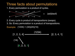 (1234) = (34)(24)(14)
(1234)
[1, 2, 3, 4] [2, 3, 4, 1]
[4, 2, 3, 1]
(14)
1. Every permutation is a product of cycles.
2. Every cycle is product of transpositions (swaps).
Three facts about permutations
Example:
3. So: Every permutation is a product of transpositions.
(ad)(becf)=
a b dc
a b dc
e f
fe
 