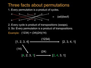 (1234) = (34)(24)(14)
(1234)
[1, 2, 3, 4] [2, 3, 4, 1]
[4, 2, 3, 1]
(14)
[2, 4, 3, 1]
(24)
1. Every permutation is a product of cycles.
2. Every cycle is product of transpositions (swaps).
Three facts about permutations
Example:
3. So: Every permutation is a product of transpositions.
(ad)(becf)=
a b dc
a b dc
e f
fe
 