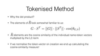 Tokenised Method
• Why the dot product?
• The elements of look somewhat familiar to us:
• elements are the cosine similarity of the individual name-token vectors
multiplied by the L2 norm
• If we normalise the token-vector on creation we end up calculating the
cosine-similarity measure!
 