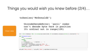 (or use Python 3.x ;))
Clean data
Things you would wish you knew before (2/4)…
tokenize(‘McDonaldś’)
 