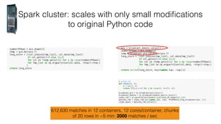Spark cluster: scales with only small modiﬁcations
to original Python code
612,630 matches in 12 containers, 12 cores/container, chunks
of 20 rows in ~5 min: 2000 matches / sec
 
