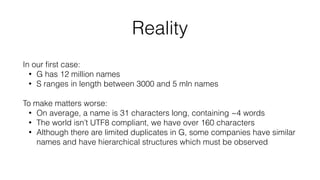Reality
In our ﬁrst case:
• G has 12 million names
• S ranges in length between 3000 and 5 mln names
To make matters worse:
• On average, a name is 31 characters long, containing ~4 words
• The world isn’t UTF8 compliant, we have over 160 characters
• Although there are limited duplicates in G, some companies have similar
names and have hierarchical structures which must be observed
 