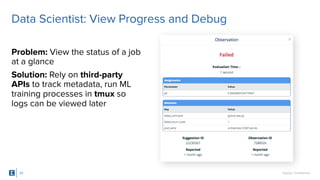 SigOpt. Conﬁdential.
Problem: View the status of a job
at a glance
Solution: Rely on third-party
APIs to track metadata, run ML
training processes in tmux so
logs can be viewed later
23
Data Scientist: View Progress and Debug
 