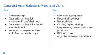 SigOpt. Conﬁdential.
• Simple design
• Data scientist has full
understanding of their tool
• Data scientist has full control
over their tool
• No external dependencies to
build features or ﬁx bugs
Data Science Solution: Pros and Cons
24
Pros Cons
• Few debugging tools
• Decentralized logs
• Not scalable
• Closing laptop during
long-running commands loses
progress
• Diﬃcult to set
organization-level standards
 