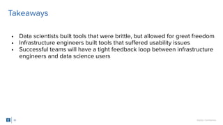 SigOpt. Conﬁdential.
• Data scientists built tools that were brittle, but allowed for great freedom
• Infrastructure engineers built tools that suﬀered usability issues
• Successful teams will have a tight feedback loop between infrastructure
engineers and data science users
Takeaways
36
 