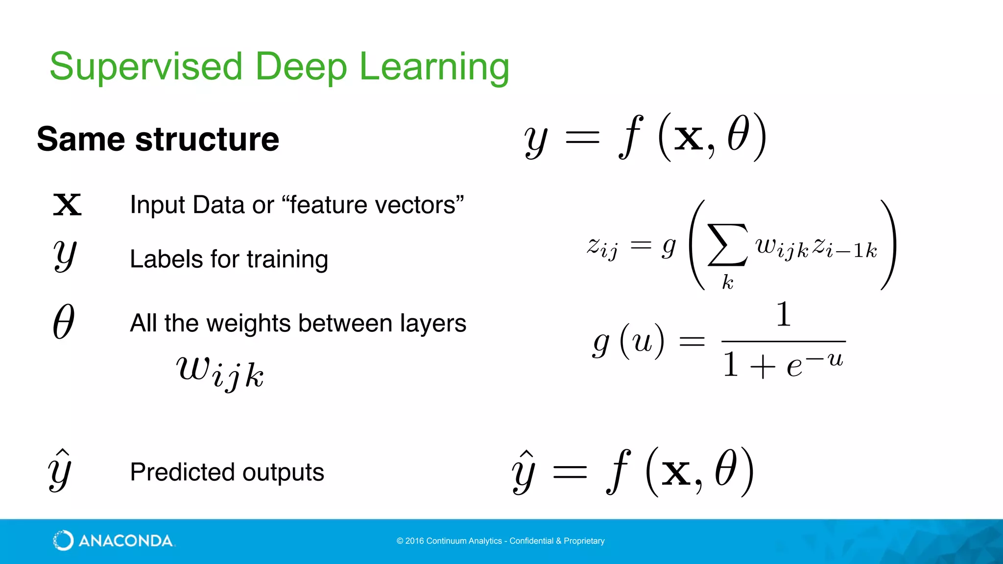 © 2016 Continuum Analytics - Confidential & Proprietary
Supervised Deep Learning
y = f (x, ✓)Same structure
x
y
✓
Input Data or “feature vectors”
All the weights between layers
Labels for training
ˆy Predicted outputs ˆy = f (x, ✓)
wijk
zij = g
X
k
wijkzi 1k
!
g (u) =
1
1 + e u
 